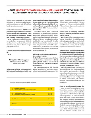 60 T&Y talous ja yhteiskunta 1 | 2014
kuoppa. Siinä mielessä se on juuri näin,
että tämän ns. lähtölavan, alkutilanteen
määritteleminen on hirveän tärkeää koko
kestävyysvajeen kannalta.
Siinä voitaisiin verrata 1990-lukuun,
jolloin laman jälkeen tulivat seitsemän
lihavaa vuotta (1994-2000), joina kasvu
oli keskimäärin 4½ prosenttia. Sellais-
ta ei varmaan nyt ole odotettavissa.
Niin, tai kukaan ei tiedä. Mutta tämä
on erittäin hyvä vertaus, koska silloin oli
tavallaan kuoppa, joka täyttyi, ja nyt sit-
ten onko se niin, että me olemme kuopan
pohjalta kasvamassa…
…uudella trendiuralla, alemmalla ural-
la?
Niin.
Täyttyykö nyt bkt:n kuoppa vai
jäämmekö entistä alemmalle
trendikasvu-uralle?
Missä määrin luotat kansainvälisten
järjestöjen ja komission arvioihin kes-
tävyysvajeesta, jotka ovat suurempia?
Mihin ne perustuvat? Meillä on vähän
ollut sellainen kuva, että niitä ei ole ko-
vin huolellisesti tehty tai kenties niissä
on nojauduttu täältä Suomesta saatui-
hin tietoihin.
Niin kuin totesin, totta kai ne ovat
epävarmoja, ja ne on laadittu hyvin pel-
kistettyjen laskentakehikoiden perus-
teella. Toisaalta niitä samoja laskentake-
hikoita on käytetty myös kaikkiin muihin
maihin. Ne ovat herkkiä näille tietyille
kriittisille oletuksille, mutta sanotaan
näin, että ymmärtääkseni kaikki laitok-
set Suomessa ja ulkomailla toteavat, että
Suomella on kestävyysvaje, ja kysymys on
siitä, kuinka iso se on.
RAKENNEPOLIITTINEN OHJELMA HILLIT-
SEE MENOJEN KASVUA
Vedät hallituksen rakennepoliittisen
ohjelman (Valtioneuvosto 2013)
johtoryhmää. Mitä ne rakenteelliset
uudistukset ovat ja tarkoittavatko ne
säästölistoja?
Ei. Rakenneuudistukset ovat yhtäältä
kasvua ja työllisyyttä vahvistavia uudis-
tuksia ja toisaalta julkisia menoja hil-
litseviä uudistuksia. Sinne mahtuu iso
kirjo erilaisia uudistustoimia. Oheinen
taulukko on yhteenveto toimista, joilla
VM:n arvioima 4,7 prosentin kestävyys-
vaje voidaan poistaa.
Siis osa niistä on säästöjä ja osa tähtää
tulojen, verokertymien lisäämiseen
kasvun kautta.
Kyllä, ja työllisyyden paranemisen
kautta. On sinänsä tärkeää huomata,
että vaikkapa sosiaali- ja terveydenhuol-
lon uudistus tähtää siihen, että menojen
kasvu hidastuisi - ei niin, että näiden me-
nojen tasoa oltaisiin leikkaamassa.
Rakenteellisiin uudistuksiin liittyy po-
liittinen keskustelu siitä, että varsinkin
jos tehdään menoleikkauksia, niin ris-
kinä on se, että ne vaikuttavat haital-
lisesti talouskasvuun ja työllisyyteen.
Nyt puhutaan kolmen miljardin euron
lisäsäästöistä senkin yhteydessä. Näistä
vaikutuksista on varmaan tehty VM:ssä
arvioita. Voitko kertoa niistä?
Joo. Nyt jos ajatellaan vaikkapa tätä
rakennepakettia, niin siinähän on kun-
tien tehtävien ja velvoitteiden vähentä-
mien niin, että kuntien menot ovat 2017
miljardin alemmalla tasolla kuin ne muu-
ten olisivat. Tämä on noin puoli prosent-
tia bkt:sta. Jos ajatellaan, että julkisten
menojen kerroinvaikutus bkt:een olisi
vaikka yksi…
…joka on myös hyvin epävarma arvio.
Joka on myös hyvin epävarma arvio.
Tosin viime vuosina on puhuttu siitä, että
se voi olla olosuhteista riippuen korke-
ampi tällaisen rahoituskriisin oloissa ja
kun rahapolitiikka on nollakorkorajoit-
teessa. Nyt jos se kuitenkin olisi vaikka
yksi, niin tämä miljardin menojen kasvun
hidastuminen neljässä vuodessa alentaisi
vuosittaista bkt:n kasvua 0,1 prosentti-
yksiköllä. Mutta näissä mallilaskelmissa
yleensä nämä finanssipolitiikan vaiku-
tukset jäävät väliaikaisiksi. Ilman muuta
sillä olisi tällainen vaikutus mutta kui-
MONET KUNTIEN TEHTÄVIEN VIIMEAIKAISET LISÄYKSET OVAT TÄHDÄNNEET
PALVELUJEN YHDENVERTAISUUDEN JA LAADUN TURVAAMISEEN.
1.	 Kuntatalous tasapainottuu	 -1,0 %-yks.
2.	 Julkisten palvelujen tuottavuus kasvaa ½ % vuodessa	 -1,4 %-yks.
3.	 Työurat pitenevät 2 vuotta	 -1,4 %-yks.
4.	 Rakenteellinen työttömyysaste alenee 1 %-yksiköllä	 -0,3 %-yks.
5.	 Talouden tuotantopotentiaali nousee 1½ %	 -0,6 %-yks.
Yhteensä	 -4,7 %-yks.
Taulukko 1. Kestävyysvajeen (4,7 % BKT:sta) poisto.
Lähde: Valtiovarainministeriö.
 