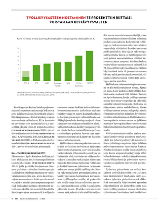 06 T&Y talous ja yhteiskunta 1 | 2014
TYÖLLISYYSASTEEN NOSTAMINEN 75 PROSENTTIIN RIITTÄISI
POISTAMAAN KESTÄVYYSVAJEEN.
Kestävyysvaje kertoo, kuinka paljon ve-
roja on korotettava tai menoja leikattava,
jotta julkinen talous olisi pitkällä aikavä-
lillä tasapainossa. Arviot kestävyysvajeen
suuruudesta vaihtelevat; EU:n komissio
on arvioinut sen suuruudeksi 6,2 pro-
senttia bkt:sta (noin 11 miljardia euroa)
(European Commission 2013a) ja val-
tiovarainministeriö (Valtioneuvosto
2013) 4,7 prosenttia. ETLAn (Lassila ja
Valkonen 2013) ja Palkansaajien tutki-
muslaitoksen (Illmakunnas ja Lehto
2014) arviot ovat selvästi pienempiä.
HALLITUKSEN RAKENNEPAKETTI
Pääministeri Jyrki Kataisen hallitus jul-
kisti elokuussa 2013 rakennepoliittisen
tavoiteohjelman (Valtioneuvosto
2013), jolla pyritään korjaamaan Suo-
men julkisen talouden kestävyysvaje.
Hallituksen ohjelman taustana on valtio-
varainministeriön em. arvio kestävyys-
vajeen suuruudesta. Luku on niin suuri,
että sitä ei voida kuroa umpeen nopeasti
eikä myöskään millään yksittäisillä ve-
ronkorotuksilla tai menoleikkauksilla.
Kestävyysvajeen suuruus eli 9 miljardia
euroa on samaa luokkaa kuin valtion tu-
loverotuksen tuotto. Laskelman mukaan
kestävyysvaje on suurin kuntataloudessa
ja hieman pienempi valtiontaloudessa.
Eläkejärjestelmän kestävyysvaje oli viime
kesän arvion mukaan suhteellisen pieni.5
Valtiontaloudessa kestävyysvajeen syynä
on tämän hetken tosiasiallinen vaje, kun-
tataloudessa paineita luovat taas myö-
hemmin toteutuvat ikääntyvän väestön
kasvavat hoivamenot.
Hallituksen rakennepaketissa on esi-
tyksiä erilaisista työvoiman tarjontaa
lisäävistä ratkaisuista ja arvioita niiden
vaikutuksista. Olennaisilta osin kyse on
kuitenkin siitä, että tulevan eläkeuudis-
tuksen ja muiden ratkaisujen toivotaan
lisäävän työvoiman tarjontaa riittävästi
ja lisäksi kasvavan työvoiman tarjonnan
uskotaan ennen pitkää työllistyvän. Kos-
ka rakennepaketin perusajatuksena on
kestävyysvajeen hoitaminen korkeam-
man työllisyyden avulla, ei pakettiin
ole sisällytetty listaa sellaisista meno-
ja veropäätöksistä, joilla vajauksesta
päästään eroon. Yksinkertaistaen voisi
sanoa, että paketti ei siis sisällä 8 miljar-
din euron suuruisia menosäästöjä, vaan
suunnitelman rakenteellisista toimista,
joiden seurauksena kohentuvat työlli-
syys ja kokonaistuotanto kasvattavat
verotuloja riittävästi kestävyysvajeen
paikkaamiseksi. Sen sijaan rakennepa-
ketti esittelee kasvu- ja työllisyystavoit-
teet, joiden saavuttaminen riittäisi ku-
romaan vajeen umpeen. Voidaan laskea,
että työllisyysasteen nousu esimerkiksi
75 prosenttiin nykytasoltaan merkitsisi
käytännössä noin 10 prosentin nousua
bkt:en, mikä puolestaan kasvattaisi jul-
kisen sektorin tuloja riittävästi kestä-
vyysvajetta ajatellen.
Hallituksen rakennestrategian avaime-
na on siis työllisyysasteen nousu. Ajatus
on sama kuin kaikilla edellisilläkin hal-
lituksesta vuodesta 1995 lähtien. Tavoite
on hyvin luonteva, koska työllisyysasteen
nousu kasvattaa veropohjaa ja vähentää
samalla tulonsiirtomenoja. Ratkaisu on
oikeastaan ainoa mahdollinen; ilman
työllisyysasteen nousua tulopohja ei tule
riittämään nykyisen kaltaisen hyvinvoin-
tivaltion rahoittamiseen. Hallituksen ra-
kennepaketin toisena osana on julkisten
menojen kasvupaineiden rajoittaminen
palvelutuotannon tuottavuutta paranta-
malla.
Valtiovarainministeriön arvion mu-
kaan kestävyysvaje pienenee merkittä-
västi, jos työurat pidentyvät, rakenteel-
linen työttömyys supistuu ja jos julkisen
palvelutuotannon tuottavuus kasvaa.
Näiden keinojen avulla on mahdollista
jopa kuroa umpeen kestävyysvaje vähi-
tellen kokonaan - edellytyksenä tosin on,
että työllisyydessä ja palvelujen tuotta-
vuudessa tapahtuu merkittävä parane-
minen.
Työurien pituudesta on tullut kes-
keinen politiikkatavoite sen jälkeen,
kun pääministeri Vanhanen esitti aja-
tuksen työurien pidentämisestä eläke-
ikää nostamalla. Käytännössä työurien
pidentyminen on kuitenkin sama asia
kuin työllisyysasteen nousu. Kaikkien
työvoimaan kuuluvien keskimääräiset
Kuvio 3. Erilaisia arvioita Suomen julkisen talouden kestävyysvajeesta suhteessa bkt:en, %.
Lähteet: European Commission (2013a), Valtioneuvosto (2013), IMF (2012), Lassila ja Valkonen (2013), Kinnunen
ym. (2013), OECD (2013a), Ilmakunnas ja Lehto (2014).
0
1
2
3
4
5
6
7
8
ETLA PT IMF Suomen
Pankki
VM EU:n
komissio
OECD
 
