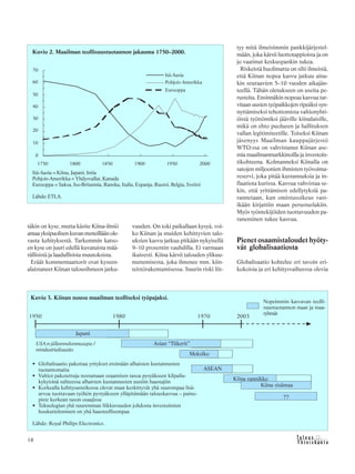 &Y h t e i s k u n t a
Ta l o u s18
täkin on kyse, mutta käsite Kiina-ilmiö
antaayksipuolisenkuvanmeneilläänole-
vasta kehityksestä. Tarkemmin katso-
en kyse on juuri edellä kuvatuista mää-
rällisistä ja laadullisista muutoksista.
Eräät kommentaattorit ovat kyseen-
alaistaneet Kiinan talousihmeen jatku-
vuuden. On toki paikallaan kysyä, voi-
ko Kiinan ja muiden kehittyvien talo-
uksien kasvu jatkua pitkään nykyisellä
9–10 prosentin vauhdilla. Ei varmaan
ikuisesti. Kiina kärsii talouden ylikuu-
menemisesta, joka ilmenee mm. kiin-
teistörakentamisessa. Suurin riski liit-
tyy mitä ilmeisimmin pankkijärjestel-
mään, joka kärsii luottotappioista ja on
jo vaatinut keskuspankin tukea.
Riskeistä huolimatta on silti ilmeistä,
että Kiinan nopea kasvu jatkuu aina-
kin seuraavien 5–10 vuoden aikajän-
teellä. Tähän oletukseen on useita pe-
rusteita. Ensinnäkin nopeaa kasvua tar-
vitaan uusien työpaikkojen ripeäksi syn-
nyttämiseksi tehottomista valtionyhti-
öistä työttömiksi jääville kiinalaisille,
mikä on ehto puolueen ja hallituksen
vallan legitimiteetille. Toiseksi Kiinan
jäsenyys Maailman kauppajärjestö
WTO:ssa on vahvistanut Kiinan ase-
mia maailmanmarkkinoilla ja investoin-
tikohteena. Kolmanneksi Kiinalla on
satojen miljoonien ihmisten työvoima-
reservi, joka pitää kustannuksia ja in-
flaatiota kurissa. Kasvua vahvistaa se-
kin, että yrittämisen edellytyksiä pa-
rannetaan, kun omistusoikeus vast-
ikään kirjattiin maan perustuslakiin.
Myös työntekijöiden tuottavuuden pa-
raneminen tukee kasvua.
Pienet osaamistaloudet hyöty-
vät globalisaatiosta
Globalisaatio kohtelee eri tavoin eri-
kokoisia ja eri kehitysvaiheessa olevia
Kuvio 3. Kiinan nousu maailman teolliseksi työpajaksi.
• Globalisaatio pakottaa yritykset etsimään alhaisten kustannusten
tuotantomaita
• Valtiot pakotettuja nostamaan osaamisen tasoa pysyäkseen kilpailu-
kykyisinä suhteessa alhaisten kustannusten uusiiin haastajiin
• Korkealla kehitysasteikossa olevat maat keskittyvät yhä suurempaa lisä-
arvoa tuottavaan työhön pystyäkseen ylläpitämään talouskasvua – paino-
piste korkean tason osaajissa
• Teknologian yhä suuremman liikkuvuuden johdosta investointien
houkutteleminen on yhä haasteellisempaa
Lähde: Royal Philips Electronics.
1950 19701980 2003
Japani
Asian “Tiikerit”
Meksiko
ASEAN
Kiina rannikko
Kiina sisämaa
??
Nopeimmin kasvavan teolli-
suustuotannon maat ja maa-
ryhmät
USA:n jälleenrakennusapu /
reindustrialisaatio
Kuvio 2. Maailman teollisuustuotannon jakauma 1750–2000.
Itä-Aasia = Kiina, Japani, Intia
Pohjois-Amerikka = Yhdysvallat, Kanada
Eurooppa = Saksa, Iso-Britannia, Ranska, Italia, Espanja, Ruotsi, Belgia, Sveitsi
Lähde: ETLA.
 