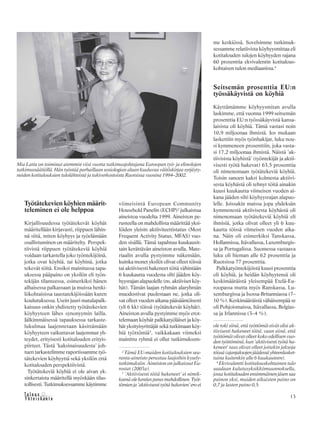 &Y h t e i s k u n t a
Ta l o u s 13
Työtätekevien köyhien määrit-
teleminen ei ole helppoa
Kirjallisuudessa työtätekevät köyhät
määritellään kirjavasti, riippuen lähin-
nä siitä, miten köyhyys ja työelämään
osallistuminen on määritelty. Perspek-
tiivistä riippuen työtätekeviä köyhiä
voidaan tarkastella joko työntekijöinä,
jotka ovat köyhiä, tai köyhinä, jotka
tekevät töitä. Ensiksi mainitussa tapa-
uksessa pääpaino on yksilön eli työn-
tekijän tilanteessa, esimerkiksi hänen
alhaisessa palkassaan ja muissa henki-
lökohtaisissa taustatekijöissään kuten
koulutuksessa. Usein juuri matalapalk-
kaisuus onkin yhdistetty työtätekevien
köyhyyteen lähes synonyymin lailla.
Jälkimmäisessä tapauksessa tarkaste-
lukulmaa laajennetaan käsittämään
köyhyyteen vaikuttavat laajemmat yh-
teydet, erityisesti kotitalouden erityis-
piirteet. Tästä ’kaksinaisuudesta’ joh-
tuen tarkastelimme raportissamme työ-
tätekevien köyhyyttä sekä yksilön että
kotitalouden perspektiivistä.
Työtätekeviä köyhiä ei ole aivan yk-
sinkertaista määritellä myöskään tilas-
tollisesti. Tutkimuksessamme käytimme
viimeisintä European Community
Household Panelin (ECHP)2
julkaistua
aineistoa vuodelta 1999. Aineiston pe-
rusteella on mahdollista määrittää yksi-
löiden yleisin aktiiviteettistatus (Most
Frequent Activity Status, MFAS) vuo-
den sisällä. Tämä tapahtuu kuukausit-
tain kerättävän aineiston avulla. Mate-
riaalin avulla pystyimme näkemään,
kuinka monet yksilöt olivat olleet töissä
tai aktiivisesti hakeneet töitä vähintään
6 kuukautta vuodesta silti jääden köy-
hyysrajan alapuolelle (ns. aktiiviset köy-
hät). Tämän laajan ryhmän alaryhmän
muodostivat puolestaan ne, jotka oli-
vat olleet vuoden aikana pääsääntöisesti
(yli 6 kk) töissä (työtätekevät köyhät).
Aineiston avulla pystyimme myös erot-
telemaan köyhät palkkatyöläiset ja köy-
hät yksityisyrittäjät sekä tutkimaan köy-
hiä työttömiä3
, vaikkakaan viimeksi
mainittu ryhmä ei ollut tutkimuksem-
me keskiössä. Sovelsimme tutkimuk-
sessamme relatiivista köyhyysmittaa eli
kotitalouden tulojen köyhyyden rajana
60 prosenttia ekvivalentin kotitalous-
kohtaisen tulon mediaanista.4
Seitsemän prosenttia EU:n
työssäkäyvistä on köyhiä
Käyttämämme köyhyysmitan avulla
laskimme, että vuonna 1999 seitsemän
prosenttia EU:n työssäkäyvistä kansa-
laisista oli köyhiä. Tämä vastasi noin
10,9 miljoonaa ihmistä. Jos mukaan
laskettiin myös työnhakijat, luku nou-
si kymmeneen prosenttiin, joka vasta-
si 17,2 miljoonaa ihmistä. Näistä ’ak-
tiivisista köyhistä’ (työntekijät ja aktii-
visesti työtä hakevat) 63,5 prosenttia
oli nimenomaan työtätekeviä köyhiä.
Toisin sanoen kaksi kolmesta aktiivi-
sesta köyhästä oli tehnyt töitä ainakin
kuusi kuukautta viimeisen vuoden ai-
kana jääden silti köyhyysrajan alapuo-
lelle. Joissakin maissa jopa yhdeksän
kymmenestä aktiivisesta köyhästä oli
nimenomaan työtätekeviä köyhiä eli
ihmisiä, jotka olivat olleet yli 6 kuu-
kautta töissä viimeisen vuoden aika-
na. Näin oli esimerkiksi Tanskassa,
Hollannissa, Itävallassa, Luxemburgis-
sa ja Portugalissa. Suomessa vastaava
luku oli hieman alle 62 prosenttia ja
Ruotsissa 77 prosenttia.
Palkkatyöntekijöistä kuusi prosenttia
oli köyhiä, ja heidän köyhyytensä oli
keskimääräistä yleisempää Etelä-Eu-
roopassa mutta myös Ranskassa, Lu-
xemburgissa ja Isossa-Britanniassa (7–
10 %). Keskimääräistä vähäisempää se
oli Pohjoismaissa, Itävallassa, Belgias-
sa ja Irlannissa (3–4 %).
Mia Latta on toiminut aiemmin viisi vuotta tutkimusjohtajana Euroopan työ- ja elinolojen
tutkimussäätiöllä. Hän työstää parhaillaan sosiologian alaan kuuluvaa väitöskirjaa syrjäyty-
neiden kotitalouksien tulolähteistä ja tukiverkostoista Ruotsissa vuosina 1994–2002.
2
Tämä EU-maiden kotitalouksien seu-
ranta-aineisto perustuu laajoihin kysely-
tutkimuksiin. Aineiston on julkaissut Eu-
rostat (2003a).
3
’Aktiivisesti töitä hakeneet’ ei nimik-
keenäolekentiesparasmahdollinen.Työt-
tömienja’aktiivisestityötähakevien’eroei
ole toki siinä, että työttömät eivät olisi ak-
tiivisesti hakeneet töitä, vaan siinä, että
työttömät olivat olleet koko edellisen vuo-
den työttöminä, kun ’aktiivisesti työtä ha-
keneet’ taas olivat olleet joitakin jaksoja
töissä(ajanjaksojenjäädessäyhteenlasket-
tuina kuitenkin alle 6 kuukauteen).
4
Ekvivalentti kotitalouskohtainen tulo
saadaan kulutusyksikkömuunnoksella,
jossa kotitalouden ensimmäinen jäsen saa
painon yksi, muiden aikuisten paino on
0,7 ja lasten paino 0,5.
 