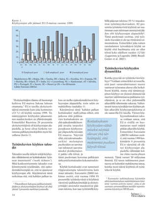 &Y h t e i s k u n t a
Ta l o u s14
Yksityisyrittäjien tilanne oli huonompi
kaikissa EU-maissa Saksaa lukuun
ottamatta.5
EU:n tasolla yksityisyrit-
täjistä enemmän kuin joka kymmenes
(14 %) oli köyhiä vuonna 1999. Tä-
mäntyyppisen köyhyyden jakautumi-
nen maiden kesken on yllättävämpää.
Esimerkiksi Ruotsissa 24 prosenttia
yksityisyrittäjistä oli köyhyysrajan ala-
puolella, ja luvut olivat korkeita ver-
rattuna palkkatyöntekijöihin myös Itä-
vallassa (kuvio 1).
Työtätekevien köyhien talou-
det
Talouden tasolla tärkein tekijä köyhyy-
den välttämisessä on kotitalouksien ’työn-
teon intensiteetti’ (’work richness’).
Mitä konkreettisemmin taloudet ovat
kiinnittyneitä työelämään, sitä epäto-
dennäköisempää on, että ne ajautuvat
köyhyysrajan alle. Käytännössä tämä
tarkoittaa sitä, että kahden palkan ta-
lous on melko epätodennäköisesti köy-
hyysrajan alapuolella, tosin sekin on
mahdollista (taulukko 1).
Käytännössä tämä ’kahden palkan
kotitalouden’ malli johtaa siihen, että
jatkossa siitä poikkea-
vien kotitalouksien on
yhä epätodennäköisem-
pää ansaita tarpeeksi
pysyäkseen köyhyysra-
jan yläpuolella missään
EU-maassa. Näyttää
siltä, että tulevaisuudes-
sa(kin) molempien
puolisoiden on tarvitta-
van tulotason saavutta-
miseksi yksinkertaises-
ti pakko olla töissä, ja
tämä puolestaan korostaa palkkojen
tärkeyttä kotitalouden kokonaistulois-
sa.
Köyhät kotitaloudet ovat tunnetusti
riippuvaisempia tulonsiirroista kuin
muut taloudet. Eurostatin (2000) tut-
kimus osoitti, että vuonna 1994 95
prosentilla työtätekevästä ei-köyhästä
väestöstä (palkkatyöntekijät ja yksityis-
yrittäjät) ansiotulot muodostivat pää-
osan tuloista, kun taas työttömillä köy-
hillä pääosan tuloista (55 %) muodos-
tivat työttömyyskorvaukset. 82 pro-
senttia työtätekevistä köyhistä sai suu-
rimman osan tuloistaan ansiotyöstä jää-
den silti köyhyysrajan alapuolelle6
.
Tämä puolestaan osoittaa, että työs-
säolo itsessään ei ole tae riittävästä toi-
meentulosta. Esimerkiksi joka toinen
ranskalainen työssäkäyvä köyhä on
köyhä siitä huolimatta että on ollut
töissä koko edellisen vuoden (12 kk)
(Lagarenne ja Legendre 2000; Breuil-
Genier et al. 2001).
Työtätekevien köyhyyden
dynamiikka
Kuinka pysyvää on työtätekevien köy-
hyys? Voidaan esimerkiksi arvuutella,
että juuri vastavalmistuneet nuoret
saattavat työuransa alussa olla hetkel-
lisesti köyhiä, mutta että tämäntyyp-
pinen köyhyys on yleensä ohimenevää
nuorten vakiinnuttaessa paikkansa työ-
elämässä, ja se on siksi pidemmällä
aikavälillä vähemmän vakavaa. Valitet-
tavasti tietoa työssäkäyvien köyhien pit-
kän aikavälin köyhyysprojektioista ei
ole saatavilla EU-tasolla. Yleisen köy-
hyystutkimuksen valos-
sa voidaan sanoa, että
EU:n sisällä on huo-
mattavan suuri määrä
pitkän aikavälin köyhiä.
Esimerkiksi Eurostatin
(2003b) tutkimus osoit-
ti, että vuonna 1999 kes-
kimäärin 9 prosenttia
EU:n väestöstä oli elä-
nyt köyhyysrajan ala-
puolella vähintään kol-
me viime vuotta yhteen
menoon. Tämä vastasi 30 miljoonaa
ihmistä. EU-tason tutkimusten puut-
tuessa on kuitenkin mahdotonta sanoa,
kuinka moni näistä köyhistä oli työtä-
tekeviä köyhiä.
Maalyhenteet: BE = Belgia, DK = Tanska, DE = Saksa, EL = Kreikka, ES = Espanja, FR
= Ranska, IR = Irlanti, IT = Italia, LU = Luxemburg, NL = Alankomaat, AT = Itävalta,
PO = Portugali, FI = Suomi, SE = Ruotsi ja UK = Iso-Britannia.
Lähde: Eurostat (2003a).
Kuvio 1.
Köyhyysrajan alle jääneet EU15-maissa vuonna 1999.
5
Tilastollisesti Saksassa palkkatyönteki-
jöiden ja yksityisyrittäjien köyhyys oli yhtä
yleistä 5 prosentin merkitsevyystasolla.
Kotitalouksien
köyhyyden välttä-
miseksi näyttää
olevan yhä tär-
keämpää, että
molemmat puolisot
käyvät töissä.
6
Eurostatin tutkimuksessa käytettiin
aktiviteettistatuksen määrittämiseen käsi-
tettä ‘current activity status’, joka ei ole
suoraan verrannollinen meidän raportis-
samme käytettyyn MFAS:aan.
 