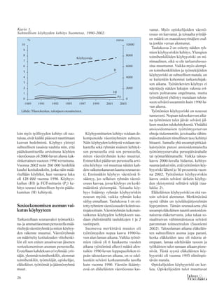 &Y h t e i s k u n t a
Ta l o u s26
loin myös työllisyyden kehitys oli suo-
tuisaa, eivät kaikki päässeet nauttimaan
kasvun hedelmistä. Köyhyys yleistyi
suhteellisen tasaista vauhtia niin, että
päälukumittarilla arvioituna köyhien
väestöosuus oli 2000-luvun alussa kak-
sinkertainen vuoteen 1990 verrattuna.
Vuonna 2002 noin 260 000 henkilöä
kuului kotitalouksiin, jotka näin mää-
ritellään köyhiksi, kun vastaava luku
oli 128 000 vuonna 1990. Köyhyys-
kuilun (HI) ja FGT-mittarin (P2
) ke-
hitys seurasi suhteellisen hyvin päälu-
kumitan (H) kehitystä.
Sosioekonomisen aseman vai-
kutus köyhyyteen
Tarkastellaan seuraavaksi työmarkki-
na- ja ammattiaseman perusteella mää-
riteltyjä väestöryhmiä ja miten köyhyy-
den rakenne muuttui. Väestöryhmät
on määritelty kotitalouden viitehenki-
lön eli sen eniten ansaitsevan jäsenen
sosioekonomisen aseman perusteella.
Erotellaan kahdeksan eri ryhmää: yrit-
täjät, ylemmät toimihenkilöt, alemmat
toimihenkilöt, työntekijät, opiskelijat,
eläkeläiset, työttömät ja jäännösryhmä
muut.
Köyhyysmittarien kehitys voidaan de-
komponoida väestöryhmien suhteen.
Näin köyhyyden kehitystä voidaan tar-
kastella sekä ryhmän sisäisen kehityk-
sen perusteella että sen perusteella,
miten väestöryhmän koko muuttui.
Esimerkiksi pääluvun perusteella arvi-
oitu köyhyys voi muuttua näiden kah-
den vaikutuskanavan kautta seuraavas-
ti. Ensinnäkin köyhyys väestössä li-
sääntyy, jos sellaisen ryhmän väestö-
osuus kasvaa, jossa köyhyys on keski-
määräistä yleisempää. Toisaalta köy-
hyys lisääntyy ryhmän köyhyysriskin
nousun myötä, vaikka ryhmän koko
säilyy ennallaan. Taulukossa 1 on esi-
tetty ryhmien väestöosuudet kolmivuo-
tisjaksoittain. Väestöryhmän kokonais-
vaikutus köyhyyden kehitykseen saa-
daan yhdistämällä taulukkojen 1 ja 2
vastinparit.
Suomessa merkittävä muutos oli
työttömyyden nopea kasvu 1990-lu-
vun alun laman aikana. Vaikka työttö-
mien (tässä yli 6 kuukautta vuoden
aikana työttöminä olleet) määrä alen-
tuikin 1990-luvun loppupuoliskon ri-
peän talouskasvun aikana, on se edel-
leenkin selvästi korkeammalla tasolla
kuin vuonna 1990. Väestön ikäänty-
essä on eläkeläisten väestöosuus kas-
vanut. Myös opiskelijoiden väestö-
osuus on kasvanut, ja toisaalta yrittäji-
en määrä on maatalousyrittäjien osal-
ta jonkin verran alentunut.
Taulukossa 2 on esitetty näiden ryh-
mien köyhyysriskin kehitys. Ylempien
toimihenkilöiden köyhyysriski on mi-
nimaalinen, eikä se ole tarkasteluvuo-
sina muuttunut. Vaikka myös alempi-
en toimihenkilöiden ja työntekijöiden
köyhyysriski on suhteellisen matala, on
se kuitenkin kohonnut tarkastelujak-
son aikana. Työtätekevien köyhyys ei
näyttäydy näiden lukujen valossa eri-
tyisen polttavana ongelmana, mutta
työssäkäynti yhdistyy matalaan tulota-
soon selvästi useammin kuin 1990-lu-
vun alussa.
Työttömien köyhyysriski on noussut
tuntuvasti. Nopean talouskasvun aika-
na työttömien tulot jäivät selvästi jäl-
keen muiden tulokehityksestä. Yhtäältä
ansiosidonnaisen työttömyysturvan
ehtoja tiukennettiin, ja toisaalta vähim-
mäisetuuksien nimellinen taso kehittyi
hitaasti. Samalla yhä useampi pitkäai-
kaistyötön putosi ansiosidonnaiselta
työttömyysturvalta peruspäivärahalle
tai työmarkkinatuelle. Vaikka talous-
kasvu 2000-luvulla hidastui, kehitys-
suunta jatkui niin, että työttömien köy-
hyysriski läheni jo 30 prosenttia vuon-
na 2002. Työttömien köyhyysriskin
kasvu onkin selvästi tärkein köyhyy-
den yleistymistä selittävä tekijä (tau-
lukko 2).
Eläkeläisten köyhyysriski on sitä vas-
toin selvästi alentunut. Merkittävänä
syynä tähän on työeläkejärjestelmän
kypsyminen. Tämän seurauksena yhä
useampi eläkeläinen nauttii ansiosidon-
naisesta eläketurvasta, joka takaa so-
siaaliturvan vähimmäistasoa selvästi
paremman toimeentulon (Suoniemi
2002). Talouslaman aikana eläkeläis-
ten suhteellinen asema jopa parani,
koska eläkkeiden taso oli sidottu ai-
empaan, lamaa edeltävään tasoon ja
työikäisten tulot samaan aikaan piene-
nivät. Tästä syystä eläkeläisten köy-
hyysriski oli vuonna 1993 silmiinpis-
tävän matala.
Opiskelijoiden köyhyysriski on kor-
kea. Opiskelijoiden tulot muuttuvat
Kuvio 1.
Suhteellisen köyhyyden kehitys Suomessa, 1990–2002.
Lähde: Tilastokeskus, tulonjaon otosaineistot.
 