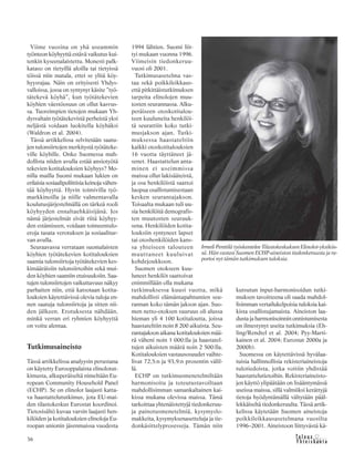 &Y h t e i s k u n t a
Ta l o u s36
Irmeli Penttilä työskentelee Tilastokeskuksen Elinolot-yksikös-
sä. Hän vastasi Suomen ECHP-aineiston tiedonkeruusta ja ra-
portoi nyt tämän tutkimuksen tuloksia.
1994 lähtien. Suomi liit-
tyi mukaan vuonna 1996.
Viimeisin tiedonkeruu-
vuosi oli 2001.
Tutkimusasetelma vas-
taa sekä poikkileikkaus-
että pitkittäistutkimuksen
tarpeita elinolojen muu-
tosten seurannassa. Alku-
peräiseen otoskotitalou-
teen kuuluneita henkilöi-
tä seurattiin koko tutki-
musjakson ajan. Tutki-
muksessa haastateltiin
kaikki otoskotitalouksien
16 vuotta täyttäneet jä-
senet. Haastattelun anta-
minen ei useimmissa
maissa ollut lakisääteistä,
ja osa henkilöistä saattoi
luopua osallistumisestaan
kesken seurantajakson.
Toisaalta mukaan tuli uu-
sia henkilöitä demografis-
ten muutosten seurauk-
sena. Henkilöiden kotita-
louksiin syntyneet lapset
tai otoshenkilöiden kans-
sa yhteiseen talouteen
muuttaneet kuuluivat
kohdejoukkoon.
Suomen otokseen kuu-
luneet henkilöt saattoivat
enimmillään olla mukana
tutkimuksessa kuusi vuotta, mikä
mahdollisti elämäntapahtumien seu-
rannan koko tämän jakson ajan. Suo-
men netto-otoksen suuruus oli alussa
hieman yli 4 100 kotitaloutta, joissa
haastateltiin noin 8 200 aikuista. Seu-
rantajakson aikana kotitalouksien mää-
rä väheni noin 1 000:lla ja haastatel-
tujen aikuisten määrä noin 2 500:lla.
Kotitalouksien vastausosuudet vaihte-
livat 72,5:n ja 93,9:n prosentin välil-
lä.
ECHP on tutkimusmenetelmiltään
harmonisoitu ja toteutustavoiltaan
mahdollisimman samankaltainen kai-
kissa mukana olevissa maissa. Tämä
tarkoittaa yhtenäistettyjä tiedonkeruu-
ja painotusmenetelmiä, kysymyslo-
makkeita, kysymyksenasetteluja ja tie-
donkäsittelyprosesseja. Tämän niin
kutsutun input-harmonisoidun tutki-
muksen tavoitteena oli saada mahdol-
lisimman vertailukelpoisia tuloksia kai-
kista osallistujamaista. Aineiston laa-
dusta ja harmonisoinnin onnistumisesta
on ilmestynyt useita tutkimuksia (Eh-
ling/Rendtel et al. 2004; Pyy-Marti-
kainen et al. 2004; Eurostat 2000a ja
2000b).
Suomessa on käytettävissä hyvälaa-
tuisia hallinnollisia rekisteriaineistoja
tulotiedoista, jotka voitiin yhdistää
haastattelutietoihin. Rekisteriaineisto-
jen käyttö ylipäätään on lisääntymässä
useissa maissa, sillä valmiiksi kerättyjä
tietoja hyödyntämällä vältytään pääl-
lekkäiseltä tiedonkeruulta. Tässä artik-
kelissa käytetään Suomen aineistoja
poikkileikkausasetelmana vuosilta
1996–2001. Aineistoon liittyvästä kä-
Viime vuosina on yhä useammin
työnteon köyhyyttä estävä vaikutus kui-
tenkin kyseenalaistettu. Monesti palk-
kataso on tietyillä aloilla tai tietyissä
töissä niin matala, ettei se ylitä köy-
hyysrajaa. Näin on erityisesti Yhdys-
valloissa, jossa on syntynyt käsite ”työ-
tätekevä köyhä”, kun työtätekevien
köyhien väestöosuus on ollut kasvus-
sa. Tuoreimpien tietojen mukaan Yh-
dysvaltain työtätekevistä perheistä yksi
neljästä voidaan luokitella köyhäksi
(Waldron et al. 2004).
Tässä artikkelissa selvitetään saatu-
jen tulonsiirtojen merkitystä työtäteke-
ville köyhille. Onko Suomessa mah-
dollista niiden avulla estää ansiotyötä
tekevien kotitalouksien köyhyys? Mo-
nilla mailla Suomi mukaan lukien on
erilaisia sosiaalipoliittisia keinoja vähen-
tää köyhyyttä. Hyvin toimivilla työ-
markkinoilla ja niille valmentavalla
koulutusjärjestelmällä on tärkeä rooli
köyhyyden ennaltaehkäisijänä. Jos
nämä järjestelmät eivät riitä köyhyy-
den estämiseen, voidaan toimeentulo-
eroja tasata verotuksen ja sosiaalitur-
van avulla.
Seuraavassa verrataan suomalaisten
köyhien työtätekevien kotitalouksien
saamia tulonsiirtoja työtätekevien kes-
kimääräisiin tulonsiirtoihin sekä mui-
den köyhien saamiin etuisuuksiin. Saa-
tujen tulonsiirtojen vaikuttavuus näkyy
parhaiten niin, että katsotaan kotita-
louksien käytettävissä olevia tuloja en-
nen saatuja tulonsiirtoja ja sitten nii-
den jälkeen. Erotuksesta nähdään,
minkä verran eri ryhmien köyhyyttä
on voitu alentaa.
Tutkimusaineisto
Tässä artikkelissa analyysin perustana
on käytetty Eurooppalaista elinolotut-
kimusta, alkuperäiseltä nimeltään Eu-
ropean Community Household Panel
(ECHP). Se on elinolot laajasti katta-
va haastattelututkimus, jota EU-mai-
den tilastokeskus Eurostat koordinoi.
Tietosisältö kuvaa varsin laajasti hen-
kilöiden ja kotitalouksien elinoloja Eu-
roopan unionin jäsenmaissa vuodesta
 