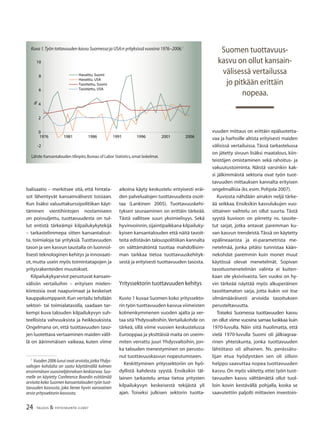 24 TALOUS & YHTEISKUNTA 2l
2007
balisaatio – merkitsee sitä, että hintata-
sot lähentyvät kansainvälisesti toisiaan.
Kun lisäksi valuuttakurssipolitiikan käyt-
täminen vientihintojen nostamiseen
on poissuljettu, tuottavuudesta on tul-
lut entistä tärkeämpi kilpailukykytekijä
– tarkastelimmepa sitten kansantalout-
ta, toimialoja tai yrityksiä. Tuottavuuden
tason ja sen kasvun taustalla on luonnol-
lisesti teknologinen kehitys ja innovaati-
ot, mutta usein myös toimintatapojen ja
yritysrakenteiden muutokset.
Kilpailukykyarviot perustuvat kansain-
välisiin vertailuihin – erityisen mielen-
kiintoisia ovat naapurimaat ja keskeiset
kauppakumppanit.Kun vertailu tehdään
sektori- tai toimialatasolla, saadaan tar-
kempi kuva talouden kilpailukyvyn suh-
teellisista vahvuuksista ja heikkouksista.
Ongelmana on, että tuottavuuden taso-
jen luotettava vertaaminen maiden välil-
lä on äärimmäisen vaikeaa, kuten viime
aikoina käyty keskustelu erityisesti eräi-
den palvelualojen tuottavuudesta osoit-
taa (Lankinen 2005). Tuottavuuskehi-
tyksen seuraaminen on erittäin tärkeää.
Tästä vallitsee suuri yksimielisyys. Sekä
hyvinvoinnin,sijaintipaikkana kilpailuky-
kyisen kansantalouden että näitä tavoit-
teita edistävän talouspolitiikan kannalta
on välttämätöntä tuottaa mahdollisim-
man tarkkaa tietoa tuottavuuskehityk-
sestä ja erityisesti tuottavuuden tasosta.
Yrityssektorin tuottavuuden kehitys
Kuvio 1 kuvaa Suomen koko yrityssekto-
rin työn tuottavuuden kasvua viimeisten
kolmenkymmenen vuoden ajalta ja ver-
taa sitä Yhdysvaltoihin.Vertailukohde on
tärkeä, sillä viime vuosien keskustelussa
Eurooppaa ja yksittäisiä maita on useim-
miten verrattu juuri Yhdysvaltoihin, jon-
ka talouden menestyminen on perustu-
nut tuottavuuskasvun nopeutumiseen.
Keskittyminen yrityssektoriin on hyö-
dyllistä kahdesta syystä. Ensiksikin täl-
lainen tarkastelu antaa tietoa yritysten
kilpailukyvyn keskeisestä tekijästä yli
ajan. Toiseksi julkisen sektorin tuotta-
vuuden mittaus on erittäin epäluotetta-
vaa ja harhoille altista erityisesti maiden
välisissä vertailuissa. Tässä tarkastelussa
on jätetty sivuun lisäksi maatalous, kiin-
teistöjen omistaminen sekä rahoitus- ja
vakuutustoiminta. Näistä varsinkin kak-
si jälkimmäistä sektoria ovat työn tuot-
tavuuden mittauksen kannalta erityisen
ongelmallisia (ks.esim.Pohjola 2007).
Kuviosta nähdään ainakin neljä tärke-
ää seikkaa. Ensiksikin kasvulukujen vuo-
sittainen vaihtelu on ollut suurta. Tästä
syystä kuvioon on piirretty ns. tasoite-
tut sarjat, jotka antavat paremman ku-
van kasvun trendeistä.Tässä on käytetty
epälineaarista ja ei-parametrista me-
netelmää, jonka pitäisi tunnistaa kään-
nekohdat paremmin kuin monet muut
käytössä olevat menetelmät. Sopivan
tasoitusmenetelmän valinta ei kuiten-
kaan ole yksiviivaista. Sen vuoksi on hy-
vin tärkeää näyttää myös alkuperäinen
tasoittamaton sarja, jotta kukin voi itse
silmämääräisesti arvioida tasoituksen
perusteltavuutta.
Toiseksi Suomessa tuottavuuden kasvu
on ollut viime vuosina samaa luokkaa kuin
1970-luvulla. Näin siitä huolimatta, että
vielä 1970-luvulla Suomi oli jälkiagraa-
rinen yhteiskunta, jonka tuottavuuden
lähtötaso oli alhainen. Ns. perässätu-
lijan etua hyödyntäen sen oli silloin
helppo saavuttaa nopea tuottavuuden
kasvu. On myös väitetty, ettei työn tuot-
tavuuden kasvu välttämättä ollut tuol-
loin kovin kestävällä pohjalla, koska se
saavutettiin paljolti mittavien investoin-
-2
0
2
4
6
8
10
1976 1981 1986 1991 1996 2001 2006
%
Havaittu, Suomi
Havaittu, USA
Tasoitettu, Suomi
Tasoitettu, USA
Kuva 1.Työn tottavuuden kasvu Suomessa ja USA:n yrityksissä vuosina 1976−2006.1
Lähde:Kansantalouden tilinpito,Bureau of Labor Statistics,omat laskelmat.
Suomen tuottavuus-
kasvu on ollut kansain-
välisessä vertailussa
jo pitkään erittäin
nopeaa.
1
Vuoden 2006 luvut ovat arvioita,jotkaYhdys-
valtojen kohdalta on saatu käyttämällä kolmen
ensimmäisen vuosineljänneksen keskiarvoa.Suo-
melle on käytetty Conference Boardin esittämää
arvioita koko Suomen kansantalouden työn tuot-
tavuuden kasvusta, joka lienee hyvin varovainen
arvio yrityssektorin kasvusta.
 