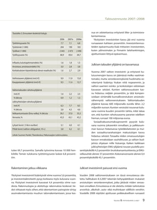 9TALOUS & YHTEISKUNTA 2l2007
Talousennuste 2007–2008
Taulukko 3.Ennusteen keskeisiä lukuja.
2006 2007e 2008e
Työttömyysaste (%) 7,7 7,1 6,8
Työttömät (1 000) 204 190 183
Työlliset (1 000) 2 443 2 473 2 490
Työllisyysaste (%) 68,9 69,4 69,7
Inﬂaatio,kuluttajahintaindeksi (%) 1,6 1,8 1,5
Ansiotaso,ansiotasoindeksi (%) 3,0 2,8 3,8
Kotitalouksien käytettävissä olevat reaalitulot (%) 1,6 2,7 2,9
Vaihtotaseen ylijäämä (mrd.€) 9,9 11,9 13,0
Kauppataseen ylijäämä (mrd.€) 9,5 11,4 12,7
Valtiontalouden rahoitusylijäämä
mrd.€ 1,6 2,2 2,5
% bkt:sta 0,9 1,2 1,3
Julkisyhteisöjen rahoitusylijäämä
mrd.€ 6,3 7,7 8,5
% bkt:sta 3,8 4,3 4,6
Velkaantumisaste (Emu-velka),% bkt:sta 39,1 37,0 35,3
Veroaste,% 43,5 43,1 43,2
Lyhyet korot ( 3 kk:n euribor) 3,1 4,0 4,1
Pitkät korot (valtion obligaatiot,10 v.) 3,8 4,2 4,1
Lähde:Suomen Pankki,Tilastokeskus,Palkansaajien tutkimuslaitos.
tulee 69,7 prosenttia. Samalla työvoima kasvaa 10 000 hen-
kilöllä. Tämän tuloksena työttömyysaste laskee 6,8 prosent-
tiin.
Rakentaminen jatkuu vilkkaana
Yksityiset investoinnit lisääntyivät viime vuonna 5,6 prosenttia,
ja investointiaktiviteetti pysyy korkeana myös kuluvana vuon-
na. Yksityiset investoinnit kasvavat 4,4 prosenttia viime vuo-
desta. Rakennuslupia ja aloitettuja rakennuksia koskevat tie-
dot viittaavat myös siihen,että rakentamisen painopiste siirtyy
asuinrakentamisesta muuhun talonrakentamiseen, jossa kas-
vua on odotettavissa erityisesti liike- ja toimistora-
kentamisessa.
Yksityisten investointien kasvu jää ensi vuonna
runsaaseen kahteen prosenttiin. Investointiennus-
teiden epävarmuutta lisää mittavien investointien,
kuten ydinvoimalan ja Finnairin laitehankintojen,
ajoittumiseen liittyvä epävarmuus.
Julkisen talouden ylijäämä on kasvamassa
Vuonna 2007 valtion investointi- ja erityisesti ku-
lutusmenojen kasvu on jäämässä melko vaatimat-
tomaksi, mutta veronkevennyksistä huolimatta ve-
rokertymä lisääntyy hiukan niitä nopeammin, ja
valtion saamien osinko- ja korkotulojen odotetaan
kasvavan selvästi. Kuntien valtionosuuksien kas-
vu hidastuu neljään prosenttiin, ja tätä kompen-
soidaan siirtämällä kunnallisverotuksen ansiotulo-
vähennystä valtionverotukseen. Valtiontalouden
ylijäämä kasvaa 600 miljoonalla eurolla lähes 2,2
miljardiin euroon.Kuntien verotulot nousevat kulu-
vana vuonna kuuden prosentin tahtia, mikä takaa
sen, että kuntien rahoitusasema paranee edelleen
hieman,runsaat 100 miljoonaa euroa.
Sosiaalivakuutusmaksuprosentit pysyvät kulu-
vana vuonna jokseenkin ennallaan, ja palkkasum-
man kasvun hidastuessa työeläkelaitosten ja mui-
den sosiaaliturvarahastojen maksutulojen kasvu
hidastuu selvästi. Toisaalta niiden omaisuustulojen
kasvun ennakoidaan vauhdittuvan, ja valtion bud-
jetista ohjataan niille lisävaroja. Kaiken kaikkiaan
julkisyhteisöjen EMU-ylijäämä nousee puolella pro-
senttiyksiköllä 4,3 prosenttiin bruttokansantuotteesta, ja EMU-
velkasuhde alenee 37 prosenttiin.Kokonaisveroaste alenee 0,4
prosenttiyksiköllä 43,1 prosenttiin.
Julkiset investoinnit paisuvat ensi vuonna
Vuoden 2008 valtionverotukseen on tässä ennusteessa ole-
tettu hallituksen 8.3.2007 tekemän kehyspäätöksen mukaiset
ansiotulojen veronkevennykset, jotka jättävät niiden veroas-
teen ennalleen.Ennusteessa ei ole oletettu mitään tarkistuksia
arvonlisä-, alkoholi-, auto- eikä muihinkaan välillisiin veroihin.
Vuodelle 2008 näyttäisi ajoittuvan poikkeuksellisen runsaasti
 