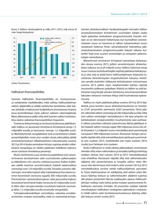 71TALOUS & YHTEISKUNTA 2l
2012
Hallituksen finanssipolitiikka
Suomen hallituksen finanssipolitiikka on muotoutumas-
sa suhdanteita myötäileväksi, mikä selittyy hallitusohjelman
valtion alijäämälle ja velalle asetetuista tavoitteista sekä Sak-
san johdolla omaksutusta budjettikuria korostavasta linjasta,
jossa kontrolloidaan myös julkisen sektorin rakennejäämää.
Myös ylikorostunut pelko siitä,että Suomen valtion luottoluo-
kitus laskisi,vaikuttaa finanssipolitiikan linjauksiin.
Tuoreessa kehysmenoja ja verotusta koskevassa päätökses-
sään hallitus on alustavasti ilmoittanut kiristävänsä veroja 1,5
miljardilla eurolla ja karsivansa menoja 1,2 miljardilla eurol-
la. Merkittävimmät veropäätökset ovat arvonlisäveron yhden
prosenttiyksikön nosto ensi vuoden alusta sekä päätös jättää
ansiotuloverotuksen inflaatiotarkistus toteuttamatta vuosina
2013 ja 2014.Koska verotuksen kiristys supistaa ainakin väliai-
kaisesti veropohjaa, on näiden päätösten todellinen vaikutus
veron tuottoon ilmoitettua pienempi.
Muita merkittäviä uusia verokorotuspäätöksiä ovat varain-
siirtoveron korottaminen sekä suurituloisten palkansaajien
ja eläkeläisten niin sanottu solidaarisuusvero. Kaiken kaikki-
aan edellä mainitut veronkiristykset lisäävät laskennallisia
verotuloja noin 1,8 miljardilla eurolla.Toisaalta yritysten t&k-
menojen verovähennykset sekä määräaikaiset kasvukannus-
timet keventävät verotusta vajaalla 300 miljoonalla eurolla.
Pienituloisten työtulovähennyksen sekä perusvähennyksen
korotukset keventävät lisäksi verotusta 65 miljoonalla eurol-
la.Näin ollen veroperusteiden muutokset lisäisivät verotulo-
ja lähes 1,5 miljardilla eurolla annetuilla veropohjilla.
Tulonjakovaikutuksiltaan veroratkaisu vaikuttaa ennakko-
arviointien mukaan neutraalilta, mikä on myönteistä kiristys-
toimien yhteiskunnallisen hyväksyttävyyden kannalta. Valtion
ansiotuloverotuksen kiristäminen suurimpien tulojen osalta
myös palauttaa verotukseen progressiivisuutta. Vuosien mit-
taan se on olennaisesti heikentynyt, kun kunnallisen ansiove-
rotuksen osuus on kasvanut ja valtion tuloverotuksen osuus
vastaavasti laskenut. Ilman samanaikaisesti toteutettua pää-
omatuloverotuksen progressiivisuuden lisäystä ratkaisu kui-
tenkin lisää eroa suurten ansiotulojen ja vastaavien pääoma-
tulojen verotuksessa.
Mittavimmat verotuksen kiristykset toteutetaan kehyskau-
den alussa vuonna 2013, jolloin veronkiristysten yhteenlas-
kettu vaikutus on jo yli miljardi euroa.Hallitus halunnee antaa
muun muassa luottoluokittajille näyttöä päätöksentekokyvys-
tä ja siitä, että se pitää kiinni hallitusohjelmaan kirjatuista ta-
voitteista. Veronkiristysten etupainotteinen toteutus merkit-
see samalla kuitenkin leikkausta kotitalouksien ostovoimaan
vuonna 2013, jolloin myös reaaliansioiden kehitys näyttää
muutoinkin polkevan paikallaan. Riskinä on tällöin se, että ko-
timainen kysyntä jää vaisuksi tilanteessa,missä kansainvälisen
talouden vetoavun voimaan liittyy vielä huomattavaa epävar-
muutta.
Hallitus on myös päättänyt jatkaa vuosina 2014 ja 2015 käy-
täntöä, jossa kuntien osuus yhteisöverotuotoista on korotet-
tu 27,87 prosenttiin aiemmasta 22,87 prosentista. Tämä pää-
tös vähentää valtion verotuloja yli 260 miljoonalla eurolla.Tältä
osin valtion verotulojen menetyksissä ei ole kyse yritysten tai
kotitalouksien veroperusteiden muuttamisesta vaan puhtaas-
ti valtion ja kuntien välisestä tulonsiirrosta. Nämä päätökset si-
ten lisäävät valtion menoja vajaat 300 miljoonaa euroa niin,et-
tä ilmoitetut 1,2 miljardin euron menoleikkaukset pienentyvät
runsaaseen 900 miljoonaan euroon. Alustavien tietojen perus-
teella näyttää siltä,että menoleikkaukset ajoittuvat suurimmal-
ta osin vuoteen 2015, merkittäviltä osin myös vuoteen 2014,
muttei juuri lainkaan ensi vuoteen.
Koska hallituksen ei voida olettaa jatkossakaan ummistavan
silmiään siltä,miten valtiontalous ja toisaalta työllisyys kehittyy,
voidaan olettaa, että vuosien 2014 ja 2015 menoleikkaukset
ovat ehdollisia. Alustavasti näyttää siltä, että valtiontalouden
alijäämä olisi pienentymässä ja toisaalta valtion velan bkt-
osuus olisi alenemassa siinä määrin,ettei vuosien 2014 ja 2015
menoleikkauksia tarvitse tehdä hallitusohjelman perusteel-
la. Tässä ohjelmassahan on edellytetty, että valtion velan bkt-
osuus kääntyy laskuun ja valtiontalouden alijäämä supistuu
alle yhteen prosenttiin bkt:sta vaalikauden aikana. Hallitusoh-
jelmaan sisältyy myös kohta, jonka mukaan parantuneesta fis-
kaalisesta asemasta enintään 30 prosenttia voidaan käyttää
menolisäyksiin hallituksen strategisten päämäärien mukaises-
ti, mikäli valtion velan bruttokansantuoteosuus kääntyy selke-
ään laskuun ennen vuotta 2015.
Kuvio 5. Valtion rahoitusjäämä ja velka 2011–2012, milj. euroa (il-
man Swap-korjauksia).
Lähde:Tilastokeskus.
34
35
36
37
38
39
40
41
42
43
2011 2012 2013 2014 2015
-3,5
-3,0
-2,5
-2,0
-1,5
-1,0
-0,5
0,0
0,5
1,0Valtion velka, % bkt:sta
(vas. ast.)
Valtion alijäämä, % bkt:sta
(oik. ast.)
Talousennuste 2012−2013
 
