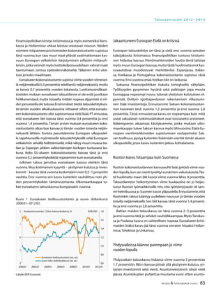 63TALOUS & YHTEISKUNTA 2l
2012
Finanssipolitiikan kiristys kriisimaissa ja myös esimerkiksi Rans-
kassa ja Hollannissa uhkaa latistaa orastavan nousun. Näiden
voimien ristipaineessa kriisimaiden kokonaistuotanto supistuu
tänä vuonna,kun taas muut maat yltävät vaatimattomaan kas-
vuun. Euroopan velkakriisin kärjistyminen sellaisiin mittasuh-
teisiin,jotka veisivät myös luottokelpoisuudeltaan vahvat maat
taantumaan, tuntuu epätodennäköiseltä. Tällainen kriisi ulot-
tuisi jo koko maailmaan.
Euroalueenkokonaistuotantosupistuiviimevuodenviimeisel-
lä neljänneksellä 0,3 prosenttia edellisestä neljänneksestä,mutta
se kasvoi 0,7 prosenttia vuoden takaisesta. Luottamusindikaat-
toreiden mukaan euroalueen taloustilanne ei ole enää juurikaan
heikkenemässä, mutta toisaalta mitään nopeaa elpymistä ei nii-
denperusteella oletulossa.Ensimmäisettiedottalouskehitykses-
tä tämän vuoden alkukuukausina viittaavat siihen, että euroalu-
een kokonaistuotanto olisi supistumassa vielä lisää.PT ennustaa,
että euroalueen bkt kasvaa tänä vuonna 0,4 prosenttia ja ensi
vuonna 1,4 prosenttia.Tämän arvion mukaan euroalueen koko-
naistuotanto alkaa taas kasvaa jo tämän vuoden toisesta neljän-
neksestä lähtien. Arviota perustelemme Euroopan ulkopuolel-
la tapahtuneella myönteisellä talouskehityksellä sekä Euroopan
velkakriisin selvällä hellittämisellä,mikä näkyy muun muassa Ita-
lian ja Espanjan pitkien valtionlainojen korkojen tuntuvana las-
kuna. Koko EU-alueen kokonaistuotanto kasvaa tänä ja ensi
vuonna 0,2 prosenttiyksikköä nopeammin kuin euroalueella.
Julkinen talous jarruttaa euroalueen kasvua etenkin tänä
vuonna.Muu kotimainen kysyntä – yksityinen kulutus ja inves-
toinnit – kasvaa tänä vuonna keskimäärin noin 0,5–1 prosentin
vauhtia. Ensi vuonna sen kasvu kuitenkin vauhdittuu noin yh-
den prosenttiyksikön tämänvuotisesta. Ulkomaankauppa tu-
kee euroalueen talouskasvua kumpanakin vuonna.
Jakaantuneen Euroopan Etelä on kriisissä
Euroopan talouskehitys on tänä ja vielä ensi vuonna verraten
kaksijakoista. Kriisimaissa finanssipolitiikan tuntuva kiristymi-
nen hidastaa kasvua. Vientimarkkinoiden kautta tämä latistaa
myös muun Euroopan kasvua,mutta tästä huolimatta erot kas-
vuvauhdissa muodostuvat merkittäviksi. Espanjassa, Italias-
sa, Kreikassa ja Portugalissa kokonaistuotanto supistuu tänä
vuonna.Ensi vuonna enää Kreikan bkt on laskussa.
Saksassa finanssipolitiikan tiukalta kiristykseltä vältytään.
Työllisyyden pysyminen hyvänä sekä palkkojen jopa muuta
Eurooppaa nopeampi nousu tukevat yksityisen kulutuksen el-
pymistä. Osittain sijoittajavetoisen rakentamisen vilkastumi-
nen lisää investointeja. Ennustamme Saksan kokonaistuotan-
non kasvavan tänä vuonna 1,2 prosenttia ja ensi vuonna 2,0
prosenttia.Tässä ennusteessa kasvu on nopeampaa kuin mitä
useat saksalaiset tutkimuslaitokset ovat toistaiseksi arvioineet.
Näkemyseron aikaansaa käsityksemme, jonka mukaan ulko-
maankauppa tukee Saksan kasvua myös lähivuosina. Etelä-Eu-
roopan vientimarkkinoiden supistumisen vastapainoksi Sak-
san teollisuus pystyy kuitenkin lisäämään vientiä tämän alueen
ulkopuolelle,jossa kasvu kuitenkin jatkuu kohtalaisena.
Ruotsin kasvu hitaampaa kuin Suomessa
Ruotsin kokonaistuotannon kasvuvauhti laski jyrkästi viime vuo-
den lopulla,kun sen vienti tyrehtyi eurokriisin vaikutuksesta.Täs-
tä huolimatta maan bkt kasvoi viime vuonna lähes 4 prosenttia.
Taloustilanteen heikentyminen viime kuukausina on jo heijas-
tunut Ruotsin työmarkkinoille niin, että työttömyysaste oli tam-
mi-helmikuussa jo Suomen tason yläpuolella.Ennustamme,että
Ruotsinkin talous kääntyy uudelleen nousuun jo tämän vuoden
toisella neljänneksellä.Sen bkt kasvaa tänä vuonna 1,4 prosent-
tia ja ensi vuonna jo 2,8 prosenttia.
Baltian maiden talouskasvu on tänä vuonna 2–3 prosenttia
ja ensi vuonna tätä jo selvästi vauhdikkaampaa.Myös Tanskas-
sa ja Puolassa kasvu on suhteellisen nopeaa. Euroalueen kriisi-
maiden lisäksi kasvu jää tänä vuonna verraten hitaaksi Hollan-
nissa,Tshekissä ja Unkarissa.
Yhdysvalloissa käänne parempaan jo viime
vuoden lopulla
Yhdysvaltain talouskasvu hidastui viime vuonna 3 prosentista
1,7 prosenttiin. Bkt:n kasvua pitivät yllä yksityinen kulutus, yri-
tysten investoinnit sekä vienti. Asuntoinvestoinnit olivat vielä
jäässä. Asuntokuplan puhjettua muutama vuosi sitten asunto-
Kuvio 1. Euroalueen teollisuustuotanto ja euron dollarikurssi
2000:01–2012:02.
Lähde:EKP,Eurostat.
-2
-1
0
1
2
2000:01 2002:01 2004:01 2006:01 2008:01 2010:01 2012:01
0,6
0,8
1,0
1,2
1,4
1,6
1,8
Euroalueen teollisuustuotanto (vas. ast.)
Euron USA:n dollarikeskikurssi (oik. ast.)
EUR/USDKuukausimuutosten 12 kk:n liukuva keskiarvo, %
Talousennuste 2012−2013
 