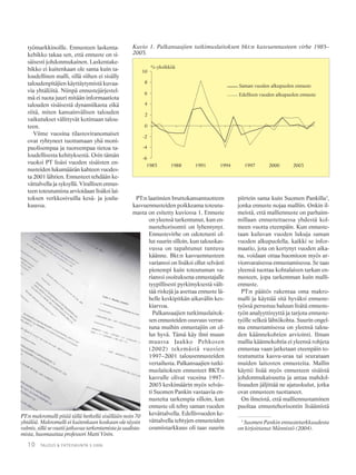 10 TALOUS & YHTEISKUNTA 3·2006
työmarkkinoille. Ennusteen laskenta-
kehikko takaa sen, että ennuste on si-
säisesti johdonmukainen. Laskentake-
hikko ei kuitenkaan ole sama kuin ta-
loudellinen malli, sillä siihen ei sisälly
taloudenpitäjien käyttäytymistä kuvaa-
via yhtälöitä. Niinpä ennustejärjestel-
mä ei tuota juuri mitään informaatiota
talouden sisäisestä dynamiikasta eikä
siitä, miten kansainvälisen talouden
vaikutukset välittyvät kotimaan talou-
teen.
Viime vuosina tilastoviranomaiset
ovat ryhtyneet tuottamaan yhä moni-
puolisempaa ja tuoreempaa tietoa ta-
loudellisesta kehityksestä. Osin tämän
vuoksi PT lisäsi vuoden sisäisten en-
nusteiden lukumäärän kahteen vuodes-
ta 2001 lähtien. Ennusteet tehdään ke-
vättalvella ja syksyllä. Virallisen ennus-
teen toteutumista arvioidaan lisäksi lai-
toksen verkkosivuilla kesä- ja joulu-
kuussa.
PT:n laatimien bruttokansantuotteen
kasvuennusteiden poikkeama toteutu-
masta on esitetty kuviossa 1. Ennuste
on yleensä tarkentunut, kun en-
nustehorisontti on lyhentynyt.
Ennustevirhe on odotetusti ol-
lut suurin silloin, kun talouskas-
vussa on tapahtunut tuntuva
käänne. Bkt:n kasvuennusteen
varianssi on lisäksi ollut selvästi
pienempi kuin toteutuman va-
rianssi osoituksena ennustajalle
tyypillisesti pyrkimyksestä vält-
tää riskejä ja asettaa ennuste lä-
helle keskipitkän aikavälin kes-
kiarvoa.
Palkansaajien tutkimuslaitok-
sen ennusteiden osuvuus verrat-
tuna muihin ennustajiin on ol-
lut hyvä. Tämä käy ilmi muun
muassa Jaakko Pehkosen
(2002) tekemästä vuosien
1997–2001 talousennusteiden
vertailusta. Palkansaajien tutki-
muslaitoksen ennusteet BKT:n
kasvulle olivat vuosina 1997–
2003 keskimäärin myös selväs-
ti Suomen Pankin vastaavia en-
nusteita tarkempia silloin, kun
ennuste oli tehty saman vuoden
kevättalvella. Edellisvuoden ke-
vättalvella tehtyjen ennusteiden
osumistarkkuus oli taas suurin
piirtein sama kuin Suomen Pankilla3
,
jonka ennuste nojaa malliin. Onkin il-
meistä, että malliennuste on parhaim-
millaan ennustettaessa yhdestä kol-
meen vuotta eteenpäin. Kun ennuste-
taan kuluvan vuoden lukuja saman
vuoden alkupuolella, kaikki se infor-
maatio, jota on kertynyt vuoden aika-
na, voidaan ottaa huomioon myös ar-
vionvaraisessa ennustamisessa. Se taas
yleensä tuottaa kohtalaisen tarkan en-
nusteen, jopa tarkemman kuin malli-
ennuste.
PT:n päätös rakentaa oma makro-
malli ja käyttää sitä hyväksi ennuste-
työssä perustuu haluun lisätä ennuste-
työn analyyttisyyttä ja tarjota ennuste-
työlle selkeä lähtökohta. Suurin ongel-
ma ennustamisessa on yleensä talou-
den käännekohtien arviointi. Ilman
mallia käännekohtia ei yleensä rohjeta
ennustaa vaan jatketaan eteenpäin to-
teutunutta kasvu-uraa tai seurataan
muiden laitosten ennusteita. Mallin
käyttö lisää myös ennusteen sisäistä
johdonmukaisuutta ja antaa mahdol-
lisuuden jäljittää ne ajatuskulut, jotka
ovat ennusteen tuottaneet.
On ilmeistä, että malliennustaminen
puoltaa ennustehorisontin lisäämistä
PT:n makromalli pitää tällä hetkellä sisällään noin 70
yhtälöä. Makromalli ei kuitenkaan koskaan ole täysin
valmis, sillä se vaatii jatkuvaa tarkentamista ja uudista-
mista, huomauttaa professori Matti Virén.
3
Suomen Pankin ennustetarkkuudesta
on kirjoittanut Männistö (2004).
Kuvio 1. Palkansaajien tutkimuslaitoksen bkt:n kasvuennusteen virhe 1985–
2005.
 