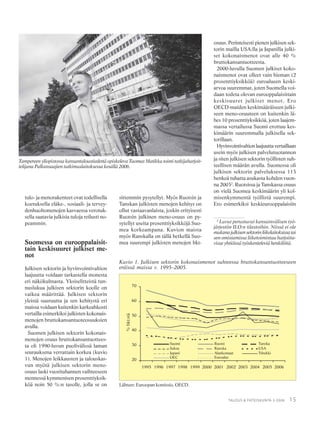 15TALOUS & YHTEISKUNTA 3·2006
tulo- ja menorakenteet ovat todellisella
koetuksella eläke-, sosiaali- ja tervey-
denhuoltomenojen kasvaessa verotuk-
sella saatavia julkisia tuloja reilusti no-
peammin.
Suomessa on eurooppalaisit-
tain keskisuuret julkiset me-
not
Julkisen sektorin ja hyvinvointivaltion
laajuutta voidaan tarkastella monesta
eri näkökulmasta. Yksiselitteistä tun-
nuslukua julkisen sektorin koolle on
vaikea määrittää. Julkisen sektorin
yleistä suuruutta ja sen kehitystä eri
maissa voidaan kuitenkin karkeahkosti
vertailla esimerkiksi julkisten kokonais-
menojen bruttokansantuoteosuuksien
avulla.
Suomen julkisen sektorin kokonais-
menojen osuus bruttokansantuottees-
ta oli 1990-luvun puolivälissä laman
seurauksena verrattain korkea (kuvio
1). Menojen leikkausten ja talouskas-
vun myötä julkisen sektorin meno-
osuus laski vuosituhannen vaihteeseen
mennessä kymmenisen prosenttiyksik-
köä noin 50 %:n tasolle, jolla se on
sittemmin pysytellyt. Myös Ruotsin ja
Tanskan julkisten menojen kehitys on
ollut vastaavanlaista, joskin erityisesti
Ruotsin julkinen meno-osuus on py-
sytellyt useita prosenttiyksikköjä Suo-
mea korkeampana. Kuvion maista
myös Ranskalla on tällä hetkellä Suo-
mea suurempi julkisten menojen bkt-
osuus. Perinteisesti pienen julkisen sek-
torin mailla USA:lla ja Japanilla julki-
set kokonaismenot ovat alle 40 %
bruttokansantuotteesta.
2000-luvulla Suomen julkiset koko-
naismenot ovat olleet vain hieman (2
prosenttiyksikköä) euroalueen keski-
arvoa suuremmat, joten Suomella voi-
daan todeta olevan eurooppalaisittain
keskisuuret julkiset menot. Ero
OECD-maiden keskimääräiseen julki-
seen meno-osuuteen on kuitenkin lä-
hes 10 prosenttiyksikköä, joten laajem-
massa vertailussa Suomi erottuu kes-
kimäärin suuremmalla julkisella sek-
torillaan.
Hyvinvointivaltionlaajuuttavertaillaan
usein myös julkisen palvelutuotannon
ja siten julkisen sektorin työllisten suh-
teellisen määrän avulla. Suomessa oli
julkisen sektorin palveluksessa 113
henkeä tuhatta asukasta kohden vuon-
na 20032
. Ruotsissa ja Tanskassa osuus
on vielä Suomea keskimäärin yli kol-
misenkymmentä työllistä suurempi.
Ero esimerkiksi keskieurooppalaisiin
Tampereen yliopistossa kansantaloustiedettä opiskeleva Tuomas Matikka toimi tutkijaharjoit-
telijana Palkansaajien tutkimuslaitoksessa kesällä 2006.
Lähteet: Euroopan komissio, OECD.
Kuvio 1. Julkisen sektorin kokonaismenot suhteessa bruttokansantuotteeseen
eräissä maissa v. 1995–2005.
2
Luvut perustuvat kansainvälisen työ-
järjestön ILO:n tilastoihin. Niissä ei ole
mukanajulkisensektorinliikelaitoksissatai
sen omistamissa liiketoimintaa harjoitta-
vissayhtiöissätyöskenteleviähenkilöitä.
 