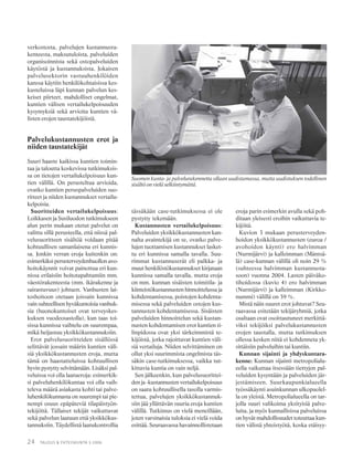 24 TALOUS & YHTEISKUNTA 3·2006
verkostosta, palvelujen kustannusra-
kenteesta, maksutuloista, palveluiden
organisoinnista sekä ostopalveluiden
käytöstä ja kustannuksista. Jokaisen
palvelusektorin vastuuhenkilöiden
kanssa käytiin henkilökohtaisissa kes-
kusteluissa läpi kunnan palvelun kes-
keiset piirteet, mahdolliset ongelmat,
kuntien välisen vertailukelpoisuuden
kysymyksiä sekä arvioita kuntien vä-
listen erojen taustatekijöistä.
Palvelukustannusten erot ja
niiden taustatekijät
Suuri haaste kaikissa kuntien toimin-
taa ja taloutta koskevissa tutkimuksis-
sa on tietojen vertailukelpoisuus kun-
tien välillä. On perusteltua arvioida,
ovatko kuntien peruspalveluiden suo-
ritteet ja niiden kustannukset vertailu-
kelpoisia.
Suoritteiden vertailukelpoisuus:
Loikkasen ja Susiluodon tutkimukseen
alun perin mukaan otetut palvelut on
valittu sillä perusteella, että niissä pal-
velusuoritteen sisältöä voidaan pitää
kohtuullisen samanlaisena eri kunnis-
sa. Jonkin verran eroja kuitenkin on:
esimerkiksi perusterveydenhuollon avo-
hoitokäynnit voivat painottua eri kun-
nissa erilaisiin hoitotapahtumiin mm.
väestörakenteesta (mm. ikärakenne ja
sairastuvuus) johtuen. Vanhusten lai-
toshoitoon otetaan joissain kunnissa
vain suhteellisen hyväkuntoisia vanhuk-
sia (huonokuntoiset ovat terveyskes-
kuksen vuodeosastolla), kun taas toi-
sissa kunnissa vaihtelu on suurempaa,
mikä heijastuu yksikkökustannuksiin.
Erot palvelusuoritteiden sisällössä
selittävät jossain määrin kuntien väli-
siä yksikkökustannusten eroja, mutta
tämä on haastatteluissa kohtuullisen
hyvin pystytty selvittämään. Lisäksi pal-
veluissa voi olla laatueroja: esimerkik-
si palveluhenkilökuntaa voi olla vaih-
televa määrä asiakasta kohti tai palve-
luhenkilökunnasta on suurempi tai pie-
nempi osuus epäpäteviä tilapäistyön-
tekijöitä. Tällaiset tekijät vaikuttavat
sekä palvelun laatuun että yksikkökus-
tannuksiin. Täydellistä laatukontrollia
tässäkään case-tutkimuksessa ei ole
pystytty tekemään.
Kustannusten vertailukelpoisuus:
Palveluiden yksikkökustannusten kan-
nalta avaintekijä on se, ovatko palve-
lujen tuottamisen kustannukset lasket-
tu eri kunnissa samalla tavalla. Suu-
rimmat kustannuserät eli palkka- ja
muut henkilöstökustannukset kirjataan
kunnissa samalla tavalla, mutta eroja
on mm. kunnan sisäisten toimitila- ja
kiinteistökustannusten hinnoittelussa ja
kohdentamisessa, poistojen kohdenta-
misessa sekä palveluiden ostojen kus-
tannusten kohdentamisessa. Sisäisten
palveluiden hinnoittelun sekä kustan-
nusten kohdentamisen erot kuntien ti-
linpidossa ovat yksi tärkeimmistä te-
kijöistä, jotka rajoittavat kuntien väli-
siä vertailuja. Niiden selvittäminen on
ollut yksi suurimmista ongelmista täs-
säkin case-tutkimuksessa, vaikka tut-
kittavia kuntia on vain neljä.
Sen jälkeenkin, kun palvelusuorittei-
den ja -kustannusten vertailukelpoisuus
on saatu kohtuullisella tasolla varmis-
tettua, palvelujen yksikkökustannuk-
siin jää yllättävän suuria eroja kuntien
välillä. Tutkimus on vielä meneillään,
joten varsinaisia tuloksia ei vielä voida
esittää. Seuraavassa havainnollistetaan
eroja parin esimerkin avulla sekä poh-
ditaan yleisesti eroihin vaikuttavia te-
kijöitä.
Kuvion 3 mukaan perusterveyden-
hoidon yksikkökustannusten (euroa /
avohoidon käynti) ero halvimman
(Nurmijärvi) ja kalleimman (Mäntsä-
lä) case-kunnan välillä oli noin 29 %
(suhteessa halvimman kustannusta-
soon) vuonna 2004. Lasten päiväko-
tihoidossa (kuvio 4) ero halvimman
(Nurmijärvi) ja kalleimman (Kirkko-
nummi) välillä on 39 %.
Mistä näin suuret erot johtuvat? Seu-
raavassa esitetään tekijäryhmiä, jotka
osaltaan ovat osoittautuneet merkittä-
viksi tekijöiksi palvelukustannusten
erojen taustalla, mutta tutkimuksen
ollessa kesken niitä ei kohdenneta yk-
sittäisiin palveluihin tai kuntiin.
Kunnan sijainti ja yhdyskuntara-
kenne: Kunnan sijainti metropolialu-
eella vaikuttaa itsessään tiettyjen pal-
veluiden kysyntään ja palveluiden jär-
jestämiseen. Suurkaupunkialueella
työssäkäynti asuinkunnan ulkopuolel-
la on yleistä. Metropolialueella on tar-
jolla suuri valikoima yksityisiä palve-
luita, ja myös kunnallisissa palveluissa
on hyvät mahdollisuudet toteuttaa kun-
tien välistä yhteistyötä, koska etäisyy-
Suomen kunta- ja palvelurakennetta ollaan uudistamassa, mutta uudistuksen todellinen
sisältö on vielä selkiintymättä.
 