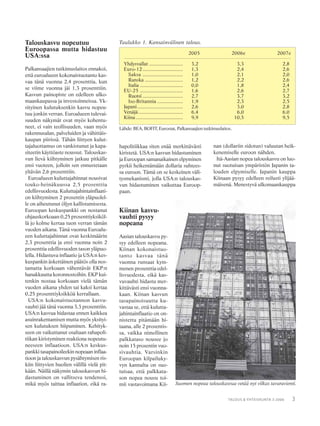 3TALOUS & YHTEISKUNTA 3·2006
Suomen nopeaa talouskasvua vetää nyt vilkas tavaravienti.
Talouskasvu nopeutuu
Euroopassa mutta hidastuu
USA:ssa
Palkansaajien tutkimuslaitos ennakoi,
että euroalueen kokonaistuotanto kas-
vaa tänä vuonna 2,4 prosenttia, kun
se viime vuonna jäi 1,3 prosenttiin.
Kasvun painopiste on edelleen ulko-
maankaupassa ja investoinneissa. Yk-
sityinen kulutuksenkin kasvu nopeu-
tuu jonkin verran. Euroalueen tulevai-
suuden näkymät ovat myös kohentu-
neet, ei vain teollisuuden, vaan myös
rakennusalan, palveluiden ja vähittäis-
kaupan piirissä. Tähän liittyen kulut-
tajaluottamus on vankistunut ja kapa-
siteetin käyttöaste noussut. Talouskas-
vun lievä kiihtyminen jatkuu pitkälle
ensi vuoteen, jolloin sen ennustetaan
yltävän 2,6 prosenttiin.
Euroalueen kuluttajahinnat nousivat
touko-heinäkuussa 2,5 prosenttia
edellisvuodesta. Kuluttajahintainflaati-
on kiihtyminen 2 prosentin yläpuolel-
le on aiheutunut öljyn kallistumisesta.
Euroopan keskuspankki on nostanut
ohjauskorkoaan 0,25 prosenttiyksiköl-
lä jo kolme kertaa tuon verran tämän
vuoden aikana. Tänä vuonna Euroalu-
een kuluttajahinnat ovat keskimäärin
2,3 prosenttia ja ensi vuonna noin 2
prosenttia edellisvuoden tason yläpuo-
lella. Hidastuva inflaatio ja USA:n kes-
kuspankin äskettäinen päätös olla nos-
tamatta korkoaan vähentävät EKP:n
hanakkuutta koronnostoihin. EKP kui-
tenkin nostaa korkoaan vielä tämän
vuoden aikana yhden tai kaksi kertaa
0,25 prosenttiyksikköä kerrallaan.
USA:n kokonaistuotannon kasvu-
vauhti jää tänä vuonna 3,3 prosenttiin.
USA:n kasvua hidastaa ennen kaikkea
asuinrakentamisen mutta myös yksityi-
sen kulutuksen hiipuminen. Kehityk-
seen on vaikuttanut osaltaan rahapoli-
tiikan kiristyminen reaktiona nopeutu-
neeseen inflaatioon. USA:n keskus-
pankki tasapainoileekin nopeaan inflaa-
tioon ja talouskasvun pysähtymisen ris-
kiin liittyvien huolien välillä vielä pit-
kään. Näillä näkymin talouskasvun hi-
dastuminen on vallitseva tendenssi,
mikä myös taittaa inflaation, eikä ra-
hapolitiikkaa siten enää merkittävästi
kiristetä. USA:n kasvun hidastuminen
ja Euroopan samanaikainen elpyminen
pyrkii heikentämään dollaria suhtees-
sa euroon. Tämä on se keskeinen väli-
tysmekanismi, jolla USA:n talouskas-
vun hidastuminen vaikuttaa Euroop-
paan.
Kiinan kasvu-
vauhti pysyy
nopeana
Aasian talouskasvu py-
syy edelleen nopeana.
Kiinan kokonaistuo-
tanto kasvaa tänä
vuonna runsaat kym-
menen prosenttia edel-
lisvuodesta, eikä kas-
vuvauhti hidastu mer-
kittävästi ensi vuonna-
kaan. Kiinan kasvun
tasapainoisuutta ku-
vastaa se, että kulutta-
jahintainflaatio on on-
nistettu pitämään hi-
taana, alle 2 prosentis-
sa, vaikka nimellinen
palkkataso nousee jo
noin 15 prosentin vuo-
sivauhtia. Varsinkin
Euroopan kilpailuky-
vyn kannalta on suo-
tuisaa, että palkkata-
son nopea nousu toi-
mii vastavoimana Kii-
Taulukko 1. Kansainvälinen talous.
Lähde: BEA, BOFIT, Eurostat, Palkansaajien tutkimuslaitos.
2005 2006e 2007e
Yhdysvallat ......................... 3,2 3,3 2,8
Euro-12.............................. 1,3 2,4 2,6
Saksa .............................. 1,0 2,1 2,0
Ranska ............................ 1,2 2,2 2,6
Italia ................................ 0,0 1,8 2,4
EU-25 ................................ 1,6 2,6 2,7
Ruotsi .............................. 2,7 3,7 3,2
Iso-Britannia ................... 1,9 2,3 2,5
Japani.................................. 2,6 3,0 2,8
Venäjä................................. 6,4 6,0 6,0
Kiina ................................... 9,9 10,5 9,5
nan (dollariin sidotun) valuutan heik-
kenemiselle euroon nähden.
Itä-Aasian nopea talouskasvu on luo-
nut suotuisan ympäristön Japanin ta-
louden elpymiselle. Japanin kauppa
Kiinaan pysyy edelleen reilusti ylijää-
mäisenä. Menestyvä ulkomaankauppa
 