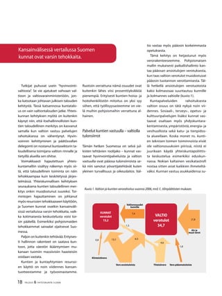 18 TALOUS & YHTEISKUNTA 3l
2008
Tutkijat puhuvat usein ”hyvinvointi-
valtiosta”. Se vie ajatukset vahvaan val-
tioon ja valtiovarainministeriöön, jon-
ka katsotaan johtavan julkisen talouden
kehitystä. Tässä katsannossa kuntatalo-
us on vain valtiontalouden jatke. Yhteis-
kunnan kehityksen myötä on kuitenkin
käynyt niin, että itsehallinnollisten kun-
tien taloudellinen merkitys on kasvanut
samalla kun valtion vastuu palvelujen
rahoituksessa on vähentynyt. Hyvin-
voinnin kehittyminen ja päätösvallan
delegointi on nostanut kuntasektorin ta-
loudellisena toimijana valtion rinnalle ja
tietyillä alueilla sen ohitse.
Voimakkaasti hajautettuun yhteis-
kuntamalliin sisältyy näkemys myös sii-
tä, että taloudellinen toiminta on näin
tehokkaampaa kuin keskitetyssä järjes-
telmässä. Yhteiskunnallisen kehityksen
seurauksena kuntien taloudellinen mer-
kitys onkin muodostunut suureksi. Toi-
mintojen hajauttaminen on johtanut
myös resurssien tehokkaaseen käyttöön,
ja Suomen kunnat ovatkin kansainväli-
sissä vertailuissa varsin tehokkaita, vaik-
ka kotimaisesta keskustelusta voisi toi-
sin päätellä. Esimerkiksi pohjoismaiden
tehokkaimmat sairaalat sijaitsevat Suo-
messa.
Paljon on kuitenkin tehtävää. Erityises-
ti hallinnon rakenteet on saatava kun-
toon, jotta väestön ikääntymisen mu-
kanaan tuomiin massiivisiin haasteisiin
voidaan vastata.
Kuntien ja kuntayhtymien resurssi-
en käyttö on noin viidennes kansan-
tuotteestamme ja työvoimastamme.
Ruotsiin verrattuna nämä osuudet ovat
kuitenkin lähes viisi prosenttiyksikköä
pienempiä. Erityisesti kuntien hoiva- ja
hoitohenkilöstön mitoitus on yksi syy
siihen, että työllisyysasteemme on vie-
lä muihin pohjoismaihin verrattuna al-
hainen.
Palvelut kuntien vastuulla – valtiolla
tulonsiirrot
Tämän hetken Suomessa on selvä jul-
kisten tehtävien roolijako – kunnat vas-
taavat hyvinvointipalveluista ja valtion
vastuulla ovat pääosa tulonsiirroista se-
kä niin sanotut yövartijatehtävät kuten
yleinen turvallisuus ja oikeuslaitos. Val-
tio vastaa myös pääosin korkeimmasta
opetuksesta.
Tämä kehitys on heijastunut myös
verorakenteeseemme. Pohjoismaisen
mallin mukaisesti paikallishallinto kan-
taa pääosan ansiotulojen verotuksesta,
kun taas valtion verotulot muodostuvat
pääosin tuotannon verottamisesta. Täl-
lä hetkellä ansiotulojen verotuotoista
kaksi kolmasosaa suuntautuu kunnille
ja kolmannes valtiolle (kuvio 1).
Kuntapalveluiden rahoituksesta
valtion osuus on tätä nykyä noin vii-
dennes. Sosiaali-, terveys-, opetus- ja
kulttuuripalvelujen lisäksi kunnat vas-
taavat osaltaan myös yhdyskuntara-
kentamisesta, ympäristöstä, energia- ja
vesihuollosta sekä katu- ja tienpidos-
ta alueellaan. Koska monet ns. kunti-
en teknisen toimen toiminnoista eivät
ole valtionosuuksien piirissä, niistä ei
juurikaan käydä yhteiskuntapoliittis-
ta keskustelua esimerkiksi eduskun-
nassa. Nokian kaltainen vesikatastrofi
nostaa sitten asiat kaikkien ihmeteltä-
väksi. Kunnan vastuu asukkaidensa su-
KUNNAT
verotulot
15,2
VALTIO
verotulot
34,7
21,8
6,513,1
7,4
Valtionosuudet
kunnille
0,8
4,6
1,3
Kiinteistövero
Vero ansiotuloista Yhteisövero Vero pääomatuloista
1,8
Alv ja
muut verot
Kuvio 1. Valtion ja kuntien verorahoitus vuonna 2006, mrd. €, tilinpäätösten mukaan.
Kansainvälisessä vertailussa Suomen
kunnat ovat varsin tehokkaita.
 