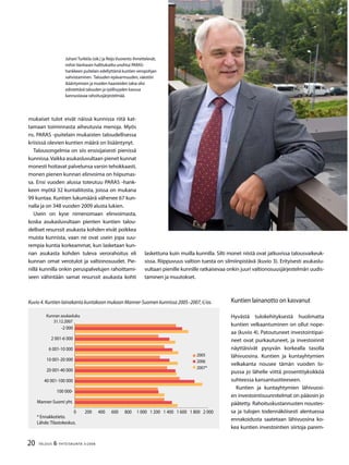 20 TALOUS & YHTEISKUNTA 3l
2008
mukaiset tulot eivät näissä kunnissa riitä kat-
tamaan toiminnasta aiheutuvia menoja. Myös
ns. PARAS -puitelain mukaisten taloudellisessa
kriisissä olevien kuntien määrä on lisääntynyt.
Talousongelmia on siis ensisijaisesti pienissä
kunnissa.Vaikka asukasluvultaan pienet kunnat
monesti hoitavat palvelunsa varsin tehokkaasti,
monen pienen kunnan elinvoima on hiipumas-
sa. Ensi vuoden alussa toteutuu PARAS -hank-
keen myötä 32 kuntaliitosta, joissa on mukana
99 kuntaa. Kuntien lukumäärä vähenee 67 kun-
nalla ja on 348 vuoden 2009 alusta lukien.
Usein on kyse nimenomaan elinvoimasta,
koska asukasluvultaan pienten kuntien talou-
delliset resurssit asukasta kohden eivät poikkea
muista kunnista, vaan ne ovat usein jopa suu-
rempia kuntia korkeammat, kun lasketaan kun-
nan asukasta kohden tuleva verorahoitus eli
kunnan omat verotulot ja valtionosuudet. Pie-
nillä kunnilla onkin peruspalvelujen rahoittami-
seen vähintään samat resurssit asukasta kohti
laskettuna kuin muilla kunnilla. Silti monet niistä ovat jatkuvissa talousvaikeuk-
sissa. Riippuvuus valtion tuesta on silmiinpistävä (kuvio 3). Erityisesti asukaslu-
vultaan pienille kunnille ratkaisevaa onkin juuri valtionosuusjärjestelmän uudis-
taminen ja muutokset.
Kuntien lainanotto on kasvanut
Hyvästä tulokehityksestä huolimatta
kuntien velkaantuminen on ollut nope-
aa (kuvio 4). Patoutuneet investointipai-
neet ovat purkautuneet, ja investoinnit
näyttäisivät pysyvän korkealla tasolla
lähivuosina. Kuntien ja kuntayhtymien
velkakanta nousee tämän vuoden lo-
pussa jo lähelle viittä prosenttiyksikköä
suhteessa kansantuotteeseen.
Kuntien ja kuntayhtymien lähivuosi-
en investointisuunnitelmat on pääosin jo
päätetty. Rahoituskustannusten noustes-
sa ja tulojen todennäköisesti alentuessa
ennakoidusta saatetaan lähivuosina ko-
kea kuntien investointien siirtoja parem-
Juhani Turkkila (oik.) ja Reijo Vuorento ihmettelevät,
mihin Vanhasen hallitukselta unohtui PARAS-
hankkeen puitelain edellyttämä kuntien veropohjan
vahvistaminen. Talouden epävarmuuden, väestön
ikääntymisen ja muiden haasteiden takia olisi
edistettävä talouden ja työllisyyden kasvua
kannustavaa rahoitusjärjestelmää.
Kuvio 4. Kuntien lainakanta kuntakoon mukaan Manner-Suomen kunnissa 2005–2007, €/as.
0 200 400 600 800 1 000 1 200 1 400 1 600 1 800 2 000
Manner-Suomi yht.
100 000-
40 001-100 000
20 001-40 000
10 001-20 000
6 001-10 000
2 001-6 000
-2 000
2005
2006
2007*
Kunnan asukasluku
31.12.2007
* Ennakkotieto.
Lähde: Tilastokeskus.
 