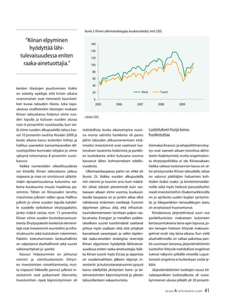 41TALOUS  YHTEISKUNTA 3l
2009
keisten tilastojen puuttumisen lisäksi
on esitetty epäilyjä, että kriisin aikana
viranomaiset ovat tietoisesti kaunistel-
leet kuvaa talouden tilasta. Joka tapa-
uksessa virallistenkin tilastojen mukaan
Kiinan talouskasvu hidastui viime vuo-
den lopulla ja kuluvan vuoden alussa
noin 6 prosenttiin vuositasolla, kun vie-
lä viime vuoden alkupuolella talous kas-
voi 10 prosentin vauhtia.Kevään 2009 ja
kesän aikana kasvu kuitenkin kiihtyi, ja
hallitus saaneekin kansantasavallan 60-
vuotisjuhlien kunniaksi lahjaksi jo viime
syksynä toivomansa 8 prosentin vuosi-
kasvun.
Vaikka numeroiden oikeellisuudesta
voi kiistellä, Kiinan talouskasvu jatkuu
nopeana ja maa on onnistunut säilyttä-
mään dynaamisuutensa kuluneina vai-
keina kuukausina muuta maailmaa pa-
remmin. Tähän on Kiinassakin tarvittu
massiivista julkisen vallan apua. Hallitus
julkisti jo viime vuoden lopulla kahdel-
le vuodelle tarkoitetun elvytyspaketin,
jonka määrä vastaa noin 13 prosenttia
Kiinan viime vuoden bruttokansantuot-
teesta.Elvytyspaketin keskeisiä element-
tejä ovat investoinnit asuntoihin ja infra-
struktuuriin sekä kulutuksen tukeminen.
Paketin toteuttamiseen keskushallinto
on valjastanut aluehallinnot sekä suuret
valtionyritykset ja -pankit.
Kasvun hidastuminen on johtunut
viennin ja vientituotantoon liittyvi-
en investointien romahtamisesta, mut-
ta nopeasti liikkeelle pannut julkiset in-
vestoinnit ovat paikanneet tilannetta.
Investointien ripeä käynnistyminen oli
mahdollista, koska aikaisempina vuosi-
na monia valmiita hankkeita oli pantu
jäihin talouden ylikuumenemisen estä-
miseksi. Investoinnit ovat vaatineet luo-
totuksen tavatonta lisäämistä,ja pankki-
en luottokanta onkin kuluvana vuonna
kasvanut lähes kolmanneksen edellis-
vuodesta.
Ulkomaankaupassa pahin on ehkä oh
(kuvio 2)i. Vaikka vuoden alkupuolella
niin viennin ja tuonnin arvo kuin määrä-
kin olivat selvästi pienemmät kuin vas-
taavaan aikaan viime vuonna, kuukausi-
tasolla kaupassa on jo jonkin aikaa ollut
nähtävissä viriämisen merkkejä. Tuonnin
elpyminen johtuu siitä, että infrastruk-
tuurirakentamiseen tarvitaan paljon raa-
ka-aineita. Energian ja metallien poikke-
uksellisen suuret tuontimäärät saattavat
johtua myös osaltaan siitä, että yritykset
kasvattavat varastojaan ja valtio täyden-
tää raaka-aineiden strategisia reservejä.
Kiinan elpyminen hyödyttää lähitulevai-
suudessa eniten raaka-ainetuottajia.Vaik-
ka Kiinan tuonti myös EU:sta ja Japanista
on vuodenvaihteen jälkeen elpynyt, in-
vestointi- ja kulutustavaratuonnin pysyvä
kasvu edellyttää yksityisten kone- ja lai-
teinvestointien käynnistymistä ja yleisen
taloustilanteen vakaantumista.
Luototuksen hurja kasvu
huolestuttaa
Voimakasfinanssi-jarahapoliittinenelvy-
tys ovat saaneet aikaan toivottua aktivi-
teetin lisääntymistä, mutta ongelmaton-
ta elvytyspolitiikka ei ole Kiinassakaan.
Vaikka valtava luotonannon kasvu on ol-
lut piristysruiske Kiinan taloudelle, rahaa
on valunut päättäjien haluamien koh-
teiden lisäksi osake- ja kiinteistömarkki-
noille sekä myös heikosti perusteltuihin
reaali-investointeihin.Osakemarkkinoilla
on jo aprikoitu uuden kuplan syntymis-
tä, ja liikepankkien lainasalkkujen laatu
on arvattavasti huonontunut.
Kiinalaisessa järjestelmässä suuri osa
pankkiluotoista maksetaan kuluineen
kertasuorituksena laina-ajan lopussa, jo-
ten lainojen hoitoon liittyvät maksuon-
gelmat eivät näy laina-aikana. Kun vielä
aluehallinnoilla on valtaa pakottaa pan-
kit uusimaan lainansa,järjestämättömiin
luottoihin liittyvät mahdolliset ongelmat
tulevat näkyviin pitkällä viiveellä. Loput-
tomasti ongelmia ei kuitenkaan voida ly-
kätä.
Järjestämättömien luottojen osuus kii-
nalaispankkien luottosalkusta oli vuosi-
kymmenen alussa pitkälti yli 20 prosent-
”Kiinan elpyminen
hyödyttää lähi-
tulevaisuudessa eniten
raaka-ainetuottajia.”
Kuvio 2.Kiinan ulkomaankauppa,kuukausitiedot,mrd.USD.
Lähde:CEIC.
0
20
40
60
80
100
120
140
160
2005 2006 2007 2008 2009
Vienti Tuonti
 