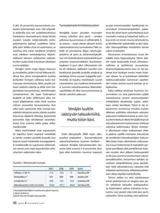 48 TALOUS  YHTEISKUNTA 3l
2009
ti alle 40 prosenttia kansantulosta, jou-
duttiin lyhentämään noin 100 miljardil-
la dollarilla, kun sen uudelleenrahoitus
hankaloitui dramaattisesti. Vasta tämän
vuoden toisella neljänneksellä netto-
pääomavirta kääntyi uudelleen Venä-
jälle päin. Vaikka virta oli vaatimaton, se
osoittaa, että useat venäläiset yritykset
ovat edelleen luottokelpoisia. Käytän-
nöllisesti katsoen velattoman valtiota-
louden osalta tästä ei koskaan ollutkaan
suuria epäilyjä.
Venäjän vienti nojaa öljyyn, kaasuun
ja metalleihin,joiden hinnat liikkuvat yh-
dessä. Kun yksin energiasektori tuottaa
korkeiden hintojen vallitessa kaksi kol-
masosaa vientituloista, lähes puolet jul-
kisen sektorin tuloista ja ehkä noin nel-
jänneksen kansantulosta, vientihintojen
romahtaminen iski lujaa. Federaation
budjetti oli koko 2000-luvun ollut roi-
masti ylijäämäinen, vielä viime vuonna
viitisen prosenttia kansantulosta. Kun
sekä tulot supistuivat että menoja kas-
vatettiin elvytystä varten,tämän vuoden
toteutuva alijäämä lähestyy kymmentä
prosenttia. Vaje rahoitetaan vararahas-
toista. Ensi vuonna valtio palaa velka-
markkinoille.
Myös vientimäärät ovat supistuneet.
Se tapahtui hyvin nopeasti metalleille
ja tämän vuoden puolella kaasulle, kun
kaasun tuonti keskeisille eurooppalaisil-
le markkinoille on supistunut viidennek-
sen verran,osin myös kaasukriisien aihe-
uttamien reaktioiden takia.
Turvasatamasta kriisitietoisuuteen
Venäjällä, kuten joissakin muissakin
maissa, uskottiin alun perin – ainakin
julkisissa lausunnoissa, ei välttämättä it-
se asiassa – maan olevan alkavan kriisin
ulottumattomissa, turvasatama.Tälle us-
kolle oli perustansa. Maan rahoitusjär-
jestelmä oli pieni ja vähämerkitykselli-
nen niin kotitalouksien kulutukselle kuin
yritysten investoinneillekin. Asuntoluot­
tojakaan ei juuri ollut. Ulkomainen vel-
ka oli vähäinen, vaikkakin suurelta osin
keskittynyt pienelle joukolle yrityksiä ja
pankkeja.Viime vuosien hulppeilla vien-
tituloilla oli kasattu merkittävän suuret
vararahastot, osa maailman kolmannek-
si suurinta valuuttavarantoa. Makrotalo-
uspolitiikka oli ollut vastuuntuntoista, ja
tämän uskottiin jatkuvan.
Vielä alkusyksyllä 2008 myös ulko-
puoliset analyytikot – Kansainvälisestä
valuuttarahastosta Suomen Pankkiin –
uskoivat Venäjän kansantalouden kas-
vavan tänä vuonna 5–6 prosenttia. Ana-
lyysi alkoi kuitenkin muuttua nopeasti,
Taulukko 1.Rahatalouden kuvaajia.
2007 2008 2009 Ajalta
Inflaatio,12-kk,%1
11,9 13,3 12 heinäkuu/09
Keskipalkka,$ 2
550 608 600 kesäkuu/09
Lainakorko,% 2
10,8 15,5 15,9 toukokuu/09
Valuuttavaranto,mrd $ (sis.kulta) 476,4 427,1 402,0 heinäkuu/09
1 Kuluttajahintaindeksin vuosimuutos jakson lopussa.
2 Jakson keskiarvo.		
Lähteet:Rosstat,Venäjän keskuspankki.	
ja pian viranomaisetkin hyväksyivät en-
simmäiset kriisitoimenpiteiden paket-
tinsa.Ne olivat hyvin samankaltaisia kuin
muissakin maissa ja heijastivat kahta us-
koa: kriisi on ennen muuta rahoituskriisi,
ja likviditeettiä syöttämällä se jäisi lyhy-
eksi. Talouspolitiikka mitoitettiin tämän
uskon mukaiseksi.
Varsinainen kriisitietoisuus nousi Ve-
näjällä vasta loppusyksynä. Silloin alet-
tiin myös keskustella kriisin yhteiskun-
nallisista ja poliittisista seurauksista.
Asiantuntijakeskustelun taso on nyt pa-
rempi kuin koskaan ennen maan histo-
rian aikana. Se ei kuitenkaan tärkeiden
tiedotusvälineiden toiminnan rajoittei-
den vuoksi tavoita suurta katsoja- ja lu-
kijakuntaa.
Kaksi seikkaa ansaitsee huomion. En-
simmäinen on, että pääministeri päätti
marraskuussa vastoin asiantuntijoiden
mielipidettä devalvoida ruplan askel-
taen, vähän kerrallaan. Tämä ei ole ai-
kaisemmin onnistunut missään, luohan
tällainen politiikka odotuksen valuutan
jatkuvasta heikkenemisestä ja siten kut-
suukeinotteluun.MyösVenäjällälinjatuli
valuuttavarannon kutistumisen mielessä
uskottua kalliimmaksi. Mutta ilmeises-
ti ulkomaisen velan maksamisen ohel-
la pääosa ruplilla ostetuista valuutoista
jäi venäläisten taloudenpitäjien haltuun.
Näin koko maan ulkomainen maksuase-
ma ei juuri heikentynyt.Ei myöskään syn-
tynyt paniikkeja eikä pankkikriisiä. Kulu-
van vuoden alun jälkeen keskuspankki
ei ole juuri joutunut puuttumaan valuut-
tamarkkinoihin. Siirtyminen kahden ta-
voitteen rahapolitiikasta, jossa tavoitel-
laan sekä valuuttakurssin vakautta että
inflaation alentamista,inflaatiotavoittee-
seen alkaa näyttää mahdolliselta.
Toinen seikka on, että odotettaessa
kriisin pitkittymistä on tingitty alun pe-
rin tehdyistä talouden tukilupauksis-
ta. Keskimäärin valtion tukirahaa on ku-
lutettu noin puolet siitä mitä alun perin
odotettiin.Tämä osoittaa, että valtionta-
Venäjän luultiin
säästyvän talouskriisiltä,
mutta toisin kävi.
 
