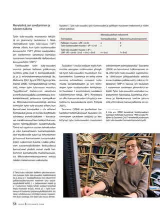 54 TALOUS  YHTEISKUNTA 3l
2009
Menetelmä,sen soveltaminen ja
tulosten tulkinta
Työn tulo-osuutta muovaavia tekijöi-
tä on jäsennetty taulukossa 1. Mää-
ritelmällisesti työn tulo-osuus (”dF”)
alenee silloin, kun työn tuottavuuden
kasvuvauhti (”dP”) ylittää reaalipalkko-
jen (tarkemmin sanottuna toimialan
tuotannon hintaindeksillä deflatoidun)
kasvuvauhdin (”dW”).
Teollisuuden työn tulo-osuuden
muutos jaetaan kahteen pääkompo-
nenttiin, jotka ovat 1) toimipaikkateki-
jä ja 2) mikrorakennemuutostekijä (ks.
Maliranta 2001;Kyyrä 2002;Kyyrä ja Ma-
liranta 2008). Toimipaikkatekijä kertoo
siitä, miten työn tulo-osuus muuttuu
”tyypillisessä” (tarkemmin sanottuna
arvonlisäysosuudella painotetussa kes-
kimääräisessä) jatkavassa toimipaikas-
sa. Mikrorakennemuutostekijä alentaa
toimialan työn tulo-osuutta silloin, kun
kannattavat toimipaikat – siis sellaiset
toimipaikat, joissa on korkea käyttökate
suhteessa arvonlisäykseen – kasvatta-
vat markkinaosuuttaan heikosti kannat-
tavien toimipaikkojen kustannuksella.
Tämä voi tapahtua uusien tehokkaiden
ja siksi kannattavien tuotantoyksiköi-
den markkinoille tulon tai tehottomien
ja huonosti kannattavien tuotantoyksi-
öiden sulkemisen kautta. Lisäksi jatka-
vien tuotantoyksiköiden keskuudessa
kannattavat yksiköt voivat viedä hei-
kommin kannattavilta markkinaosuuk-
sia. Mikrorakennekomponentti mittaa
näiden mekanismien vaikutusta.
 Tämä tulos nähdään kaikkein yksinkertaisim-
min suoraan työn tulo-osuuden määritelmästä
wL/y,jossa w = reaalipalkkataso (tai oikeammin
palkansaajakorvausten reaalinen taso työpa-
nosyksikköä kohti), L = työpanoksen määrä ja
y = tuotannon määrä. Sehän voidaan kirjoittaa
myös muotoon w/(y/L), missä y/L = työn tuot-
tavuus eli tuotanto työpanosyksikköä kohti.Jos
tässä suhdeluvussa nimittäjä kasvaa nopeam-
min kuin osoittaja,niin työn tulo-osuus alenee.
Taulukon 1 avulla voidaan myös hah-
mottaa aiempien tutkimusten yhteyk-
siä työn tulo-osuuden muutoksen me-
kanismeihin. Suomessa on tehty viime
vuosina suhteellisen runsaasti tutki-
musta kansantalouden ja sen toimi-
alojen työn tuottavuuden kehitykses-
tä (taulukon 1 ensimmäisen sarakkeen
keskimmäinen tekijä, ”dP”). Aineistona
on ollut kansantalouden tilinpito ja me-
todina ns. kasvulaskenta (esim. Pohjola
2007).
Sauramo (2004) on puolestaan tar-
kastellut tutkimuksissaan taulukon en-
simmäisen sarakkeen tekijöitä ja kes-
kittynyt työn tulo-osuuden muutosten
selittämiseen toimialatasolla.
Sauramo
(2004) on korostanut tulkinnassaan si-
tä, että työn tulo-osuuden supistumis-
ta 1990-luvun jälkipuoliskolla selittää
ennen kaikkea palkkamaltti, mikä on hi-
dastanut ”dW”: n kasvua (eli taulukon
1 vasemman sarakkeen ylimmäistä te-
kijää). Työn tulo-osuuden voimakas su-
pistuminen Itävallassa, Suomessa, Irlan-
nissa ja Alankomaissa saattaa johtua
siitä, että näissä maissa palkoista on so-
 Lilja ym. (2002) kuvailevat funktionaalisen
tulonjaon kehitystä Suomessa 1990-luvulla.Pit-
känen ja Sauramo (2007) erittelevät puolestaan
työn tulo-osuuden toimialoittaista kehitystä.
Mikrotaloudelliset mekanismit
Toimialataso Toimipaikkatekijä Rakennemuutoskomponentti
Palkkojen muutos = dW = (a+b)
Työn tuottavuuden muutos = dP = (c+d)
a
c
b
d
Työn tulo-osuuden muutos = dF =
(dW - dP) = (a+b) - (c+d) = (a-c) + (b-d) e = (a-c) f = (b-d)
Taulukko 1.Työn tulo-osuuden, työn tuottavuuden ja palkkojen muutosten mekanismit ja niiden
väliset kytkökset.
 