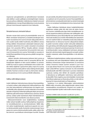 13TALOUS  YHTEISKUNTA 3l
2011
Talousennuste 2011−2012
sen perusteella,että julkiset kulutusmenot kasvavat ensi vuon-
na reaalisesti vain 0,5 prosenttia, Suomen finanssipolitiikka on
yhtä kireää kuin euroalueella keskimäärin ja selvästi kireämpää
kuin se on euroalueen luottokelpoisimmissa maissa kuten Sak-
sassa.
Uuden hallituksen käsittelyssä olevan budjettiehdotuksen
ongelmana voidaan pitää sitä, ettei siinä ole otettu huomi-
oon Suomen mahdollisuutta jopa tinkiä menoleikkausten so-
vitusta etupainoisuudesta ja painottaa näin työllisyyden edis-
tämistä tilanteessa, jossa talousnäkymät ovat synkemmät kuin
mitä touko-kesäkuussa arvioitiin.Menoleikkausten jaksottami-
nen osin myöhemmäksi on mahdollista,koska talousnäkymien
heikentyminen on aiheutunut Suomen ulkopuolisista tekijöis-
tä, joiden luonnetta voidaan ainakin vielä pitää väliaikaisena.
On syytä olettaa,että hallituskauden loppupuolella globaali ta-
loustilanne on nykyistä huomattavasti parempi.Arvioimme,et-
tä kehittyneissäkin maissa edellytykset kotimaisen yksityisen
kysynnän vahvistumiseksi lopulta kypsyvät normaalin suhdan-
nesyklin mukaisesti, vaikka finanssipolitiikka ei sitä aktiivises-
ti tukisi.
Hallituksen budjettiesitykseen sisältyy myös painotuksia,jot-
ka osoittavat, että usein lyhytnäköinen lobbaus, joka nykyisin
kohdistuu nimenomaan verojen alentamiseen, on onnistunut
osittain. Arviomme mukaan Suomen veroaste ei juuri muu-
tu tai jopa alenee hitusen ensi vuonna, kun taas julkisten me-
nojen suhde BKT:hen supistuu tuntuvasti. Se, että esimerkiksi
korkeakouluille sekä TK:n tukemiseen suunnatut määrärahat
supistuvat, osoittaa, ettei tähtäin ole tarpeeksi painokkaas-
ti talouskasvun ja työllisyyden tukemisessa myös pitemmäl-
lä aikavälillä.Tämä ongelma, jossa laiminlyödään investointeja
inhimilliseen pääomaan ja infrastruktuuriinkin,on toki vielä va-
kavampi EU-maissa keskimäärin ja Yhdysvalloissa.
Taulukossa 4 on esitetty Palkansaajien tutkimuslaitoksen
EMMA-mallin ennusteita, jotka pääpiirteissään tukevat koko-
naistaloudellista ennustettamme. Erityisesti ensi vuoden en-
nusteessa käytetään hyväksi makromallin antamia lukuja.
myysturvan peruspäivärahan ja työmarkkinatuen korotukset
sekä edellisen vuoden palkkojen ja kuluttajahintojen rivakasta
kasvusta johtuva eläkkeiden indeksikorotus lisäävät tuntuvasti
työeläkelaitosten menoja.Niinpä eläkkeistä ja muista etuuksista
johtuvat menot kasvavat nopeammin kuin maksutulo.
Veroaste kasvuun,menoaste laskuun
Veroaste nousee tänä vuonna yli prosenttiyksikön verran vä-
lillisen verotuksen kiristymisen ja sosiaaliturvamaksujen koro-
tusten seurauksena.Ensi vuonna veroaste säilyy jotakuinkin tä-
män vuoden tasolla siitäkin huolimatta, että välillinen verotus
kiristyy edelleen. Veroasteeseen vaikuttaakin laskevasti yritys-
veroasteen aleneminen. Ensi vuoden veroasteen ennustetaan
olevan 43,3 prosenttia BKT:sta. Toisaalta julkisten menojen
BKT-osuus laskee 55,3 prosentista 54,0 prosenttiin tänä vuon-
na ja 52,9 prosenttiin ensi vuonna.Tämä kaikki on seurasta sii-
tä,että finanssipolitiikan kiristys perustuu pitkälti menojen kas-
vun hillintään.
Julkisen talouden rahoitusasema kohenee tänä vuonna, ja
sen alijäämä tulee olemaan enää 0,5 prosenttia BKT:sta. Val-
tiontalouden alijäämä on tänä vuonna edelleen 3,5 prosent-
tia BKT:sta,mutta se supistuu merkittävästi viime vuoteen näh-
den.Valtion alijäämän supistuminen jatkuu myös ensi vuonna,
minkä seurauksena koko julkinen talous kääntyy lievästi ylijää-
mäiseksi. Huomion arvoista on myös se, että kuntien rahoitus-
asema paranee ja on ensi vuonna jo lähellä nollatulosta.
Hallitus vältti äkkijarrutuksen
Uuden hallituksen hahmottumassa olevassa finanssipolitiikas-
sa hyvänä voidaan pitää pitäytymistä hallitusohjelmassa siltä
osin, ettei talousnäkymien synkentymiseen ole reagoitu uusil-
la säästöillä, jotka nykyoloissa voisivat heikentää tuntuvastikin
talouden ilmapiiriä ja heikentää työllisyyttä. Myös perusturvan
lisäämistä, jolla kohennetaan heikoimmassa asemassa olevien
asemaa, voidaan pitää myönteisenä. Myös lisämäärärahat ali-
investoituihin liikenneverkkoihin ovat oikeansuuntaisia.
Valtiovarainministeriön tuore budjettiehdotus noudattaa
melko tarkasti keväällä sovittua hallitusohjelmaa etupainoisi-
ne menoleikkauksineen ja veronkorotuksineen. Näillä näky-
min valtion budjettitalouden reaalimenot pysyvät ensi vuon-
na tämänvuotisella tasolla. Kuntienkin kulutusmenojen kasvu
pysyy ensi vuonna tämänvuotisella tasolla, vaikka valtion leik-
kaa aiemmin suunnitellusta tulonsiirtojaan kunnille. Toisaalta
2011 (%) 2012 (%)
Yksityinen kulutus +2,3 +1,7
Yksityiset investoinnit +5,3 +1,0
Vienti +6,4 +4,3
Tuonti +5,3 +3,1
BKT +3,6 +2,1
Taulukko 4.EMMA-mallin ennusteet1
vuosille 2011 ja 2012.
1
Perustuu PT:n kansainvälisen talouden ennusteeseen ja pitää sisällään
PT:n julkisen talouden kehitysarvion.
Lähde:Palkansaajien tutkimuslaitos.
 