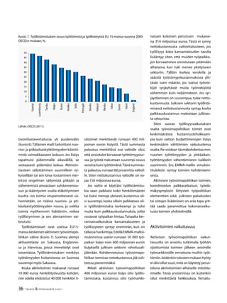 36 TALOUS  YHTEISKUNTA 3l
2011
tivointiastevertailussa yli puolenvälin
(kuvio 6).Tällainen malli tarkoittaisi nuo-
riso- ja pitkäaikaistyöttömyyden kääntä-
mistä voimakkaaseen laskuun. Jos lisäys
tapahtuisi pidemmällä aikavälillä, se
vastaavasti pidentäisi laskua. Aktivoin-
tiasteen säilyttäminen suunnilleen ny-
kyisellään tai sen loiva nostaminen mer-
kitsisi ongelman säilymistä pitkään ja
vähenemistä ainoastaan suhdannenou-
sun ja ikääntyvien osalta eläköitymisen
kautta. Jos toimia etupainotteisesti vä-
hennetään, on riskinä nuoriso- ja pit-
käaikaistyöttömyyden nousu, ja vaikka
toimia myöhemmin lisättäisiin, vaikea
työllistyminen ja sen alentaminen vai-
keutuisi.
Työllistämistuet ovat useissa EU15-
maissakeskeinenaktiivisentyövoimapo-
litiikan väline (kuvio 7). Suomea alempi
aktivointiaste on Saksassa, Englannis-
sa ja Irlannissa, joissa menettelyt ovat
toisenlaisia. Työllistämistukien merkitys
työttömyyden hoitamisessa on Suomea
suurempi myös Saksassa.
Koska aktiivitoimet maksavat runsaat
10 000 euroa henkilötyövuotta kohden,
niin edellä ehdotetut 40 000 henkilön li-
sätoimet merkitsevät runsaan 400 mil-
joonan euron lisäystä. Tästä summasta
palautuu merkittävä osa valtiolle siksi,
että ansiotulot korvaavat työttömyystur-
vaa ja työstä maksetaan suurempi osuus
veroina kuin työttömänä.Tästä summas-
ta palautuu runsaat 60 prosenttia valtiol-
le. Siten nettokustannus valtiolle on va-
jaa 150 miljoonaa euroa.
Jos valtio ei käyttäisi työllistämistu-
kia vaan palkkaisi koko henkilömäärän
tai lisäisi menoja yleisesti, kustannus oli-
si suurempi, koska silloin palkkataso oli-
si työllistämistukia korkeampi ja tulisi
muita kuin palkkauskustannuksia, jotka
nostavat työpaikan hintaa.Toisaalta ker-
rannaisvaikutuksia kansantalouteen ja
työllisyyteen syntyy enemmän, kun on
tällaisia hankintoja.Edellä EMMA-mallisi-
muloinnissa saatiin runsaan 50 000 työ-
paikan lisäys noin 600 miljoonan euron
lisäyksellä julkisen sektorin rahoitusali-
jäämään. Kohdennetuissa työvoimapo-
litiikan toimissa nettokustannus jää suh-
teessa pienemmäksi.
Mikäli aktiivisen työvoimapolitiikan
400 miljoonan euron lisäys olisi työllis-
tämistukia, kustannus olisi työmarkki-
natuen kokoisen perustuen mukaise-
na 314 miljoonaa euroa. Tästä ei synny
nettokustannusta valtiontalouteen, jos
työllisyys koko kansantalouden tasolla
lisääntyy siten, että muiden työpaikko-
jen korvaaminen onnistutaan pitämään
alhaisena, kun tuki menee yksityiseen
sektoriin. Tällöin korkea verokiila ja
säästöt työttömyyskustannuksista ylit-
tävät tuen määrän, jos tuetut työnte-
kijät syrjäyttävät muita työntekijöitä
vähemmän kuin neljänneksen. Jos syr-
jäyttäminen on suurempaa,tulee netto-
kustannusta. Julkisen sektorin työllistä-
misessä nettokustannusta syntyy, koska
palkkauskustannus maksetaan julkises-
ta sektorista.
Siten suoran työllisyysvaikutuksen
osalta työvoimapolitiikan toimet ovat
keskimääräistä kustannustehokkaam-
pia kuin valtion budjettimenojen lisäys
keskimäärin välittömien vaikutustensa
osalta.Ne voidaan täsmäkohdentaa mm.
nuorten työttömyyden ja pitkäaikais-
työttömyyden vähentämiseen kaikkein
suorimmin. Ero EMMA-mallin simuloin-
tituloksiin syntyy toimien kohdentami-
sesta.
Aktiivisen työvoimapolitiikan toimien,
koordinoidun palkkaratkaisun, työelä-
mäkysymyksiin liittyvien työpolitiikan
elementtien sekä julkisten palveluiden
tai ostojen lisääminen on eräs tapa yrit-
tää saada parannettua kokonaisvaiku-
tusta toimien yhdistelmällä.
Aktiivitoimien vaikuttavuus
Aktiivisen työvoimapolitiikan vaikut-
tavuutta on arvioitu tutkimalla työhön
sijoittumista toimien jälkeen avoimille
työmarkkinoille verrattuna muihin työt-
tömiin.Joidenkintulostenmukaanhyöty
ei olisi ollut suuri,mitä on käytetty perus-
teluna aktiivitoimien alhaiselle mitoitta-
miselle. Tässä arvioinnissa on kuitenkin
ollut merkittäviä heikkouksia. Vertailu-
Kuvio 7. Työllistämistukien osuus työttömistä ja työllistetyistä EU 15-maissa vuonna 2009
OECD:n mukaan,%.
0

10
1
20
2
0

40
4
0
Espanja
Luxembourg
Tanska
Belgia
Ruotsi
Kreikka
Italia
Portugali
Itävalta
Hollanti
Ranska
Saksa
Suomi
Irlanti
Englanti
Lähde:OECD (2011).
 