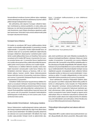 TALOUS  YHTEISKUNTA 3l
2011
Talousennuste 2011−2012
Kansainvälisessä vertailussa Suomen julkinen talous näyttäytyy
entistä vahvempana niin,ettei ole odotettavissa Suomen valtion
pitkien lainojen korkopreemion nousua.
Sitä vaihtoehtoa, että nykyinen Euroopan velkakriisi kärjis-
tyisi merkittävästi ja ulottuisi pankkeihin, ei voida sulkea pois
kokonaan.Jos näin kävisi,kansantaloudet ainakin EU-maissa ja
mitä ilmeisimmin myös Pohjois-Amerikassa vajoaisivat uudel-
leen taantumaan.Tämä tekisi myös entistä vaikeammaksi pitää
Euroopan valuuttaunioni koossa.
Euroopan kasvu hidastuu
EU-maiden ja euroalueen BKT kasvoi edellisvuodesta tämän
vuoden ensimmäisellä neljänneksellä 2,5 prosenttia ja toisella
neljänneksellä 1,7 prosenttia. Toisella neljänneksellä kasvu oli
kuitenkin enää vain 0,2 prosenttia edellisestä neljänneksestä.
Euroopan velkakriisin aikaansaaman rauhattomuuden vuoksi
tämän vuoden jälkipuoliskon kasvu on hitaahkoa.Tänä vuonna
euroalueen ja EU-maiden BKT kasvaa 1,6 prosenttia.Ensi vuon-
na euroalue kasvaa vain 1,2 prosenttia. Kasvun lopahtaminen
ensi vuoden alussa painaa lukua,vaikka talousnäkymät parane-
vatkin jonkin verran ja kasvu vahvistuu ensi vuoden lopulla.
Hitainta kasvu on edelleen Välimeren alueella, mutta inves-
toijien kasvaneen varovaisuuden vuoksi kasvu hidastuu kes-
kimääräistä enemmän Saksassa ja Ruotsissa, millä on mer-
kittävä vaikutus Suomen vientiin. Saksan kokonaistuotanto
kasvaa vielä tänä vuonna 2,4 prosenttia, mutta kasvu hidastuu
ensi vuonna 1,5 prosenttiin.Vastaavasti Ruotsin kasvu hidastuu
4,6 prosentista 2,5 prosenttiin.
Suhteellisen heikko kotimainen kysyntä leimaa edelleen EU-
alueen ja euroalueen kehitystä. Investointeja hillitsee levoton
tilanne pääomamarkkinoilla ja yksityistä kulutusta finanssipo-
litiikan kiristyminen sekä talousnäkymien synkentyminen. Ki-
ristyvän finanssipolitiikan myötä julkisen kysynnän kasvun jää
ensi vuonna vain 0,4 prosenttiin. Euroalueen keskimääräinen
työttömyysaste ei enää alene ja on ensi vuonna sama 10 pro-
senttia kuin tänä vuonna.
Raaka-aineiden hinnat laskevat – korko pysyy matalana
Kasvun hidastuminen maailmanlaajuisesti alentaa raaka-ainei-
den hintoja maailmanmarkkinoilla.Kun öljyn hinta (Brent-laatu)
on tänä vuonna keskimäärin 105 dollaria tynnyriltä, odotamme
sen alenevan ensi vuonna keskimäärin 100 dollariin. Kun myös
muiden raaka-aineiden hintojen trendi on pikemminkin alas-
päin, eivät tuontihinnat enää ruoki inflaatiota euroalueella. Eu-
roalueen kuluttajahintainflaation odotetaan hidastuvan tämän
vuoden 2,4 prosentista 1,6 prosenttiin ensi vuonna. Inflaation
painuminen alle 2 prosenttiin antaa EKP:lle mahdollisuuden tu-
kea talouskasvua kevyellä rahapolitiikalla.EKP laskeekin ohjaus-
korkoaan 0,25 prosenttiyksikköä ensi vuonna.Odotus tästä sisäl-
tyy jo markkinakorkoihin. Muutokset lyhyiden korkojen tasossa
näyttäisivät pysyvän ennustejaksolla hyvin vähäisinä. Kolmen
kuukauden euribor on tänä ja ensi vuonna keskimäärin 1,4 pro-
sentissa ja valtion 10 vuoden obligaatiokorko on tänä vuonna
keskimäärin kolme prosenttia ja ensi vuonna 2,6 prosenttia.
Euron vaihtokurssin suhteessa Yhdysvaltain dollariin olete-
taan pysyvän suunnilleen nykytasolla. Molemmilla puolilla At-
lanttia on velkaongelmia, mutta toisaalta niin Yhdysvaltoihin
kuin Saksaankin tunnetaan rahoitusmarkkinoilla yhä luotta-
musta, joten näihin turvasatamiin hakeutuvat sijoitukset pyr-
kivät vahvistamaan niiden valuuttoja. Ne suuntautuvat myös
muihin turvasatamiin kuten Sveitsin frangiin ja Japanin jeniin
sekä kultaan. Kiina on revalvoinut valuuttaansa suhteessa dol-
lariin tämän vuoden aikana noin neljä prosenttia.On odotetta-
vissa, että vähintäänkin sama tahti jatkuu. Onhan Kiinalla aina-
kin tarve hillitä kiihtynyttä kotimaista inflaatiotaan.
Yhdysvaltojen talousongelmat ovat vakavia vielä ensi
vuonna
Yhdysvaltain BKT:n vuoden sisäinen kasvuvauhti jäi tämän vuo-
den alkupuoliskolla alle yhteen prosenttiin. Alkuvuoden koko-
Lähde:EKP,Eurostat.* Kuvio päivitetty 6.9.2011.
Kuvio 1. Euroalueen teollisuustuotanto ja euron dollarikurssi
2000:01–2011:08.*
-2
-1
0
1
2
2000:01 2002:01 2004:01 2006:01 2008:01 2010:01
0,6
0,8
1,0
1,2
1,4
1,6
1,8
Euroalueen teollisuustuotanto (vas. ast.)
Euron USA:n dollarikeskikurssi (oik. ast.)
Kk-muutosten 12 kk:n liukuva ka, % EUR/USD
 