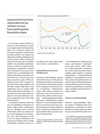 67TALOUS  YHTEISKUNTA 3l
2011
Ei ole olemassa mitään ilmiselvää se-
litystä sille, miksi työttömyys on kasva-
nut niin paljon vähemmän finanssikriisin
aikana kuin 1990-luvun kriisissä. Viit-
teet laajasta työvoiman hamstrauksesta
osoittavat kuitenkin, että yritykset ovat
odottaneet suhteellisen lyhytaikaista ky-
synnän puutetta. Sellaiset optimistiset
odotukset ovat ehkä olleet mahdollisia
ajatellen sitä suhteellista yksimielisyyt-
tä, joka on vallinnut niin Ruotsissa kuin
ympäröivässä maailmassakin tarpeesta
toimia aktiivisesti kriisiä vastaan elvyt-
tävällä finanssi- ja rahapolitiikalla. Kriisi
näyttää myös jääneen huomattavasti ly-
hyemmäksi kuin 90-luvulla. Taantuman
pohja saavutettiin vuoden 2009 puoli-
välissä, ja vuosina 2010–11 tapahtui no-
peaa BKT:n kasvua, joka vähitellen sulki
BKT-kuilun. Kesästä 2009 lähtien myös
työllisyysaste nousi, ja vuodesta 2008
lähtien tapahtuneista työllisyyden me-
netyksistä suuri osa oli saatu takaisin ke-
sään 2011 mennessä.Työttömyys on las-
kenut suhdannenousussa mutta melko
hitaaseen tahtiin.
Finanssikriisin vaikutukset työttömyy-
teen ovat vaihdelleet huomattavasti eri
maiden välillä. Ruotsin työttömyyske-
hitys on suhteellisen hyvin seurannut
OECD-maiden keskiarvoa. Eräissä mais-
sa, erityisesti Espanjassa on työttömyy-
den nousu ollut dramaattinen samal-
la kun mm. Saksassa työttömyys ei ole
kohonnut juuri lainkaan. Kuvio 4 esittää
työttömyyden muutamissa maissa vuo-
sina 2008 ja 2010. Syitä maiden välisiin
suuriin eroihin ei ole vielä tutkittu.
Rahapolitiikka keveni,finanssi-
politiikka kireää
Finanssikriisi johti Riksbankin nopeisiin
interventioihin (kuvio 5)
. Ohjauskorkoa
(repokorkoa)alennettiin4,75prosentista
0,25 prosenttiin 10 kuukauden kuluessa.
Tämä myötävaikutti myös Ruotsin kruu-
nun huomattavaan heikkenemiseen;
vuoden 2008 toisella puoliskolla hei-
kentyminen vastasi yli 20 prosentin de-
valvoitumista suhteessa muiden valuut-
tojen ulkomaankauppapainotteiseen
keskiarvoon. Suhdannenousun aikana
Riksbank on nostanut korkoja asteittain.
Kruunu on vahvistunut,ja sen kurssi vuo-
den 2010 lopulla oli samalla tasolla kuin
ennen finanssikriisiä. Inflaatiovauhti on
pysynyt lähellä kahden prosentin tavoi-
tetta tai niukasti alle sen.

Alexius ja Holmlund (2008) on tutkimus raha-
politiikan ja työttömyyden välisistä yhteyksistä
Ruotsissa.
Finanssipolitiikka on vaikuttanut pää-
asiassa automaattisten vakauttajien10
mutta myös tietyssä määrin aktiivis-
ten (harkinnanvaraisten) toimenpitei-
den kautta. Harkinnanvaraisen finanssi-
politiikan erään osoittimen muodostaa
julkisyhteisöjen suhdannevaihteluista
puhdistetun rahoitusylijäämän muutos.
Tämä vastasi (Konjunkturinstitutin las-
kelmien mukaan) yhtä prosenttia poten-
tiaalisestaBKT:stävuonna2010.Kokonai-
suutena finanssipolitiikan on katsottava
olleen suhteellisen kireää taantuman sy-
vyyteen nähden.
Aktiivinen työvoimapolitiikka
Aktiivinen työvoimapolitiikka vaikut-
taa useiden eri ohjelmien kautta. Työn-
välityspalvelu on keskeinen osa. Toinen
tärkeä osa on työvoimakoulutus. Henki-
löt, jotka ovat työttömiä tai joilla on ris-
10
Finanssipolitiikan automaattiset vakauttajat
toimivat ilman eri päätöksiä (harkintaa) voimas-
saolevanlainsäädännönperusteella.Esimerkiksi
taantumassa tulojen pudotessa verorasitus ke-
venee ja sosiaalimenot kasvavat.(Toim.huom.)
Kuvio 5.Työttömyysaste ja rahapolitiikka 2000–2011.
Lähteet:SCB AKU ja Riksbanken.
0
1
2

4

6
7
8
9
10
2000 2001 2002 200 2004 200 2006 2007 2008 2009 2010 2011
Työttömyysaste
Ohjauskorko
Laaja työvoiman hamstraus
näyttää olleen yksi syy
vähäiseen nousuun
Ruotsi työttömyydessä
finanssikriisin aikana.
 