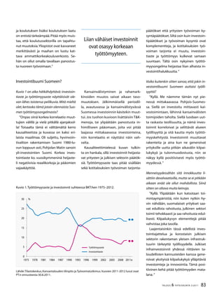 83TALOUS  YHTEISKUNTA 3l
2011
ja koulutuksen lisäksi koulutuksen laatu
on entistä tärkeämpää.Pitää myös muis-
taa, että koulutussektorilla on tapahtu-
nut muutoksia.Yliopistot ovat kasvaneet
merkittävästi ja maahan on luotu kat-
tava ammattikorkeakouluverkosto. Se-
hän on ollut omalla tavallaan panostus-
ta nuoreen työvoimaan.”
Investointibuumi Suomeen?
Kuvio 1 on aika hätkähdyttävä: investoin-
tiaste ja työttömyysaste näyttäisivät ole-
van lähes toistensa peilikuvia. Mitä mieltä
olet,kertooko tämä jotain olennaista Suo-
men työttömyysongelmasta?
”Onpas siinä korkea korrelaatio muut-
tujien välillä ja vielä pitkällä ajanjaksol-
la! Toisaalta tämä ei välttämättä kerro
kausaliteetista ja kuvassa on kaksi eri-
laista maailmaa. Oli suljettu, hyvinvoin-
tivaltion rakentamisen Suomi 1980-lu-
vun loppuun asti, Pohjolan Matin sanoin
yli-investointien Suomi. Korkea inves-
tointiaste ko. vuosikymmeninä heijaste-
li negatiivisia reaalikorkoja ja pääomien
vajaakäyttöä.
Kansainvälistyminen ja rahamark-
kinoiden muutos saivat aikaan taso-
muutoksen. Jälkimmäisellä periodil-
la, avautuvassa ja kansainvälistyvässä
Suomessa investoinnin käsitekin muut-
tui. Jos tuohon kuvioon lisättäisiin TK-
menoja, tai ylipäätään panostusta in-
himilliseen pääomaan, joita voi pitää
laajassa mittakaavassa investointeina,
niin korrelaatio ei näyttäisi näin vah-
valta.
Kausaliteettimielessä kuvan tulkin-
ta on hankala, sillä investoinnit heijasta-
vat yritysten ja julkisen sektorin päätök-
siä. Työttömyysaste taas pitää sisällään
sekä kotitalouksien työvoiman tarjonta-
päätökset että yritysten työvoiman ky-
syntäpäätökset.Siltä osin kuin investoin-
tipäätökset ja työvoiman kysyntä ovat
komplementteja, ja kotitalouksien työ-
voiman tarjonta ei muutu, investoin-
tiaste ja työttömyys kulkevat samaan
suuntaan. Tältä osin nykyinen työttö-
myysongelma heijastaa liian alhaista in-
vestointihalukkuutta.”
Voiko kuitenkin sitten sanoa, että jokin in-
vestointibuumi Suomeen auttaisi työlli-
syyttä?
”Kyllä. Me näemme tämän nyt pie-
nessä mittakaavassa Pohjois-Suomes-
sa. Siellä on investoitu mittavasti kai-
vostoimintaan, lähinnä kansainvälisten
toimijoiden taholta. Siellä luodaan uut-
ta raskasta teollisuutta, ja nämä inves-
toinnit korreloivat ja selittävät alueen
työllisyyttä ja sitä kautta myös työttö-
myyskehitystä. Investoinnit muuttavat
rakenteita ja aina kun ne generoivat
yrityksille uutta pitkän aikavälin kilpai-
lukykyä ja tulonmuodostusta, niin se
näkyy kyllä positiivisesti myös työttö-
myydessä. ”
Menneisyydessähän sitä innokkuutta li-
sättiin devalvaatioilla,mutta se ei pitkään
aikaan enää ole ollut mahdollista. Siinä
sitten on oltava muita keinoja.
”Kyllä. Ylipäätään kun katsotaan toi-
mintaympäristöä, niin kuten nytkin hy-
vin nähdään, suomalaiset yritykset saa-
vat edullista rahoitusta, julkinen sektori
toimii tehokkaasti ja saa rahoitusta edul-
lisesti. Kilpailukyvyn elementtejä pitää
vahvistaa joka tasolla.
Laajentaisinkin tässä edellistä inves-
tointiajattelua ja korostaisin julkisen
sektorin rakentaman yleisen infrastruk-
tuurin tärkeyttä työllisyydelle. Julkiset
infrainvestoinnit yhdessä riittävien ta-
loudellisten kannusteiden kanssa gene-
roivat yksityisiä kilpailukykyä ylläpitäviä
investointeja ja innovointia. Tämä posi-
tiivinen kehä pitää työttömyyden mata-
lana.”
Liian vähäiset investoinnit
ovat osasyy korkeaan
työttömyyteen.
Kuvio 1.Työttömyysaste ja investoinnit suhteessa BKT:hen 1975–2012.
Lähde:Tilastokeskus,Kansantalouden tilinpito ja Työvoimatutkimus.Vuosien 2011-2012 luvut ovat
PT:n ennusteesta 30.8.2011.
0

10
1
20
2
0
197 1978 1981 1984 1987 1990 199 1996 1999 2002 200 2008 2011e
%
Työttömyysaste
Investointiaste
 