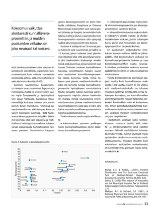 53TALOUS & YHTEISKUNTA 3l
2012
että tämänsuuntainen tulos voidaan ti-
lastollisesti identifioida paremmin kun-
ta-aineistosta kuin valtiota kuvaavasta
aineistosta, johtuu siitä, että valtioita on
vain yksi mutta kuntia yli 400.
Suomen suurimmista kaupungeis-
ta tuloerot ovat suurimmat Espoossa ja
Helsingissä, mutta ne ovat verraten suu-
ret myös Tampereella ja Jyväskylässä.
Sen sijaan Vantaalla, Kuopiossa, Rova-
niemellä ja Kotkassa tuloerot ovat varsin
pienet. Ensin mainitussa ryhmässä ää-
nestäminenkin on vilkkaampaa kuin ta-
saisen tulonjaon kunnissa. Tästä huoli-
matta äänestysprosentit niissäkin jäävät
niin pieniksi, että vain Espoossa ja mah-
dollisesti Helsingissä suurehkot tuloerot
voivat aikaansaada kunnallisveroa nos-
tavan paineen. Suurimmista kaupun-
Kokoomus vaikuttaa
alentavasti kunnallisvero-
prosenttiin,ja muiden
puolueiden vaikutus on
joko neutraali tai nostava.
geista äänestysprosentti on pieni Van-
taalla, Lahdessa, Kuopiossa ja Oulussa.
Mutta koska tuloerotkin ovat näissä pie-
niä (Vantaa ja Kuopio) tai enintään koh-
talaisia (Lahti ja Oulu),ei paineita kunnal-
lisveroprosentin nostoon olisi syntynyt,
vaikka äänestysprosentti olisi korkea.
Kuvioon 4 sisältyvät ne 15 kuntaa,jois-
sa tuloerot ovat suurimmat, ja lisäksi ne
15 kuntaa, joissa tuloerot ovat pienim-
mät. Näyttää siltä, että äänestysprosent-
ti olisi keskimäärin korkeampi ainakin
niissä pikkukunnissa,joissa tuloerot ovat
suuret. Tulosten mukaan kunnallisvero-
tuksessa verotettavien tulojen suuret
erot nostaisivat kunnallisveroprosent-
tia näissä kunnissa. Siellä, missä tu-
loerot ovat pienet, mediaanituloisilla ei
edes ole tarvetta nostaa kunnallisvero-
prosenttia hyötyäkseen suurituloisista.
Mutta toisaalta näissä kunnissa äänes-
tysprosentti näyttää olevan keskimää-
rin matala, minkä seurauksena enem-
mistöasemaan pääsee mediaanituloista
suurempituloinen, jolla taas ei edes olisi
halua nostaa kunnallisveroprosenttia tu-
lojentasaustarkoituksessa.
Tutkimuksessa saatiin myös selville,et-
tä
•• kokoomuksen saamien paikkojen
lisäys kunnanvaltuustossa pyrkii laske-
maan kunnallisveroprosenttia
•• tuloerojen kasvu nostaa myös yleis-
tä kiinteistöveroprosenttia, jos äänestys-
prosentti on tarpeeksi korkea
•• kiinteistöveron tuotto asukasta koh-
ti määräytyy pitkälti väestö- ja elinkei-
norakenteen mukaan, joskin tuloerojen
kasvu pyrkii sitä nostamaan, jos äänes-
tysprosentti on tarpeeksi korkea.
Eri puolueiden vaikutuksesta vero-
tuksen tasoon voidaan tehdä se johto-
päätös, että kokoomuksen vaikutus on
kunnallisveroprosenttia laskeva ja taas
kiinteistöverotariffien osalta neutraa-
li. Muiden puolueiden vaikutus kunnan
päättämiin veroihin on joko neutraali tai
niitä nostava.
Yleistä kiinteistöveroa kannetaan laa-
jasti muilta kuin kunnallisveron mak-
sajilta. Tätä taustaa vasten ei ole yllätys,
että mediaanituloluokalla on tulosten
mukaan pyrkimys kiristää tätä veroa tu-
loerojen kasvaessa, jos kunnallisvaalien
äänestysprosentti nousee tarpeeksi kor-
keaksi. Keskimäärin näin ei kuitenkaan
ole. Ilman äänestyskäyttäytymistä kun-
nallisveron alaisissa tuloissa olevien ero-
jen vaikutus yleiseen kiinteistöveroon
on jopa negatiivinen.
Tilastollinen analyysi koko kiinteis-
töveron tuotosta osoitti, että väes-
tö- ja elinkeinorakenne sekä väestön
vauraus lisäävät merkittävästi kiinteis-
töverokertymää. Kunnat pyrkivät myös
sysäämään tämän veron rasitusta mah-
dollisuuksiensa mukaan muiden kuin
vakinaisten asukkaiden maksettavaksi,
eli kiinteistöveroa peritään myös loma-
asukkailta.
Kirjallisuus
Borge, L.-E. & Rattsö, J.(2004), Income
Distribution and Tax Structure: Empirical
Test of Meltzer-Richard Hypothesis,
European Economic Review,48,805–826.
Lehto, E. (2012), The Impact of Inequality
on the Municipal Income Tax in Finland,
Palkansaajien tutkimuslaitos,Työpapereita
275.
Meltzer, A.H. & Richard, S.F. (1981), A
Rational Theory of the Size of Government,
Journal of Political Economy,89,914–927.
Kuvio 4.Tuloerot ja äänestysprosentti.
Rääkkylä
Puumala
Miehikkälä
Suomenniemi
Kangasniemi
Siikainen
Espoo
Vuolijoki
Savonranta
Sammatti
Haukivuori
Längelmäki
Luhanka
Nauvo
Velkua
Kauniainen
Pieksämäki
Siilinjärvi
Kontiolahti
Muhos
Multia
Liperi
Keuruu
Suolahti
Pertteli
Aura
Nurmo
VahtoJokioinen
Kalvola
50
52
54
56
58
60
62
64
66
68
70
72
74
76
78
80
82
Tuloerot
Äänestysprosentti
0 0,05 0,1 0,15 0,2 0,25 0,3 0,35 0,4 0,45
 