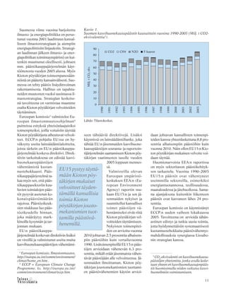 11
Suomessa viime vuosina harjoitettu
ilmasto- ja energiapolitiikka on perus-
tunut vuonna 2001 laadittuun kansal-
liseen ilmastostrategiaan ja aiempiin
energiapoliittisiin linjauksiin. Strategi-
an laadinnan jälkeen ilmasto- ja ener-
giapolitiikan toimintaympäristö on kui-
tenkin muuttunut oleellisesti, johtuen
mm. päästökauppajärjestelmän käyt-
töönotosta vuoden 2005 alussa. Myös
Kioton pöytäkirjan toimeenpanosään-
nöistä on päätetty kansainvälisesti. Suo-
messa on tehty päätös lisäydinvoiman
rakentamisesta. Hallitus on tapahtu-
neiden muutosten vuoksi uusimassa il-
mastostrategiaa. Strategian keskeise-
nä tavoitteena on varmistaa maamme
osalta Kioton pöytäkirjan velvoitteiden
täyttäminen.
Euroopan komissio3
valmistelee Eu-
roopan ilmastonmuutosohjelman4
puitteissa esityksiä yhteisönlaajuisiksi
toimenpiteiksi, joilla voitaisiin täyttää
Kioton pöytäkirjasta aiheutuvat velvoit-
teet. ECCP:n pohjalta EU:ssa on hy-
väksytty useita lainsäädäntöaloitteita,
joista tärkein on EU:n päästökauppa-
järjestelmää koskeva direktiivi. Direk-
tiivin tarkoituksena on edistää kasvi-
huonekaasupäästöjen
vähentämistä kustan-
nustehokkaasti. Pääs-
tökauppajärjestelmä ta-
kaa myös sen, että pääs-
tökauppasektoriin kuu-
luvien toimialojen pääs-
töt pysyvät asetetun ko-
konaispäästömäärän
rajoissa. Päästöoikeuk-
sien niukkuus luo pääs-
töoikeudelle hinnan,
joka määräytyy mark-
kinoilla kysynnän ja tar-
jonnan mukaan.
EU:n päästökauppa-
järjestelmää koskevan direktiivin lisäksi
on vireillä ja valmistunut useita muita
kasvihuonekaasupäästöjen vähentämi-
seen tähtääviä direktiivejä. Lisäksi
käynnissä on lainsäädäntöhanke, joka
tähtää EU:n jäsenmaiden kasvihuone-
kaasupäästöjen seuranta- ja raportoin-
tijärjestelmän saattamiseen Kioton pöy-
täkirjan vaatimusten tasolle vuoden
2005 loppuun mennes-
sä.
Valmisteilla olevan
Euroopan ympäristö-
keskuksen EEA:n (Eu-
ropean Environment
Agency) raportin mu-
kaan EU15:n ja sen jä-
senmaiden nykyiset ja
suunnitellut kansalliset
toimet päästöjen vä-
hentämiseksi eivät riitä
Kioton pöytäkirjan vel-
voitteiden täyttämiseen.
Nykyisten toimenpitei-
den on arvioitu vuonna
2010 johtavan 2,5 prosenttia alhaisem-
piin päästöihin kuin vertailuvuonna
1990. Lisätoimenpiteillä EU15:n pääs-
töjen arvioidaan vähenevän 6,3 pro-
senttia, mikäli eräät jäsenmaista vähen-
tävät päästöjään alle velvoitteensa. Jä-
senmaiden ilmoittaman, Kioton pöy-
täkirjan joustomekanismien tuottami-
en päästövähenemien käytön arvioi-
daan johtavan kansallisten toimenpi-
teiden kanssa yhteenlaskettuna 8,8 pro-
senttia alhaisempiin päästöihin kuin
vuonna 2010. Näin ollen EU15:n Kio-
ton pöytäkirjan mukainen velvoite voi-
daan täyttää.
Huomionarvoista EEA:n raportissa
on myös sektoritason päästökehityk-
sen tarkastelu. Vuosina 1990–2003
EU15:n päästöt ovat vähentyneet
useimmilla sektoreilla, esimerkiksi
energiantuotannossa, teollisuudessa,
maataloudessa ja jätehuollossa. Sama-
na ajanjaksona kuitenkin liikenteen
päästöt ovat kasvaneet lähes 24 pro-
senttia.
Euroopan komissio on käynnistänyt
ECCP:n uuden vaiheen lokakuussa
2005. Tavoitteena on arvioida tähän-
astinen edistys ja tutkia uusia toimia,
jotta hyödynnettäisiin systemaattisesti
kustannustehokkaita päästövähennys-
mahdollisuuksia synergiassa Lissabo-
nin strategian kanssa.
3
Euroopan komissio, Ilmastonmuutos,
http://europa.eu.int/comm/environment/
climat/home_en.htm .
4
ECCP = European Climate Change
Programme, ks. http://europa.eu.int/
comm/environment/climat/eccp.htm .
Kuvio 1.
Suomen kasvihuonekaasupäästöt kaasuittain vuosina 1990-2003 (Milj. t CO2-
ekvivalenttia5
).
Lähde: Tilastokeskus.
EU15 pystyy täyttä-
mään Kioton pöy-
täkirjan mukaiset
velvoitteet täyden-
tämällä kansallisia
toimia Kioton
pöytäkirjan jousto-
mekanismien tuot-
tamilla päästövä-
henemillä.
5
CO2
-ekvivalentti on kasvihuonekaasu-
päästöjen yhteismitta, jonka avulla laske-
taan yhteen eri kasvihuonekaasujenpääs-
töt huomioimalla niiden vaikutus kasvi-
huoneilmiön voimistumiseen.
 