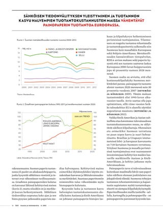 16 T&Y talous ja yhteiskunta 4 | 2013
0
2
4
6
8
10
12
14
16
2000 2001 2002 2003 2004 2005 2006 2007 2008 2009 2010 2011 2012
Milj. m3/ tn PAINO- JA KIRJOITUSPAPERI
KARTONKI
SELLU
HAVUSAHATAVARA
VANERI
Kuvio 1. Suomen metsäteollisuuden tuotanto vuosina 2000-2012.
Tilastot: Metsäteollisuus.
20
30
40
50
60
70
80
90
100
110
20
30
40
50
60
70
80
90
100
110
1995 2000 2005 2010 2015 2020
POHJOIS-AMERIKKA,
LÄNSI-EUROOPPA,
JAPANI, OSEANIA
2000-2011 TRENDI
MUUT MAAT
Miljoonaa tonnia
Kuvio 2. Graafisten painopaperien kulutus 1992-2011 ja trendiennusteet vuoteen 2020.
Lähde: Hetemäki ja Hänninen (2013), Tilastot: RISI.
rakennemuutos. Suomen paperin tuotan-
nosta yli puolet on aikakauslehtipaperia,
jonka kysyntää sähköinen viestintä ja in-
ternet ovat vähentäneet teollisuusmais-
sa. Graafisten painopapereiden kulutus
on kasvanut lähinnä kehittyvissä maissa
(kuvio 2), mutta niissäkin on jo merkke-
jä kasvun heikentymisestä. Sähköinen
tiedonvälitys nopeutuu koko ajan ja sen
hinta pysynee jatkossakin paperista me-
diaa halvempana. Kehittyvissä maissa
esimerkiksi älykännyköiden käytön en-
nakoidaan kasvavan jo lähitulevaisuudes-
sa merkittävästi. Suuntaus paperittomiin
toimistoihin tulee vähentämään myös
hienopaperin kulutusta.
Kysynnän lasku ja tuotannon kasvu
halvempien tuotantokustannusten alu-
eilla kuten Aasiassa ja Etelä-Amerikassa
on johtanut painopaperin hintojen las-
kuun ja kilpailukyvyn heikentymiseen
perinteisissä tuottajamaissa. Tilantee-
seen on reagoitu tuotantoa tehostamalla
ja tuotantokapasiteettia sulkemalla niin
Suomessa kuin muuallakin Euroopassa
sekä Pohjois-Amerikassa. Metsäteolli-
suuden kansainvälisen tietopalvelun,
RISI:n arvion mukaan sekä paperin ky-
syntä että sen tuotanto saattavat laskea
Euroopassa 2000-luvun huippuvuosista
jopa 45 prosenttia vuoteen 2028 men-
nessä.
Suomen osalta on arvioitu, että ellei
kustannuskilpailukyky Suomessa mer-
kittävästi parane, painopaperin tuotanto
alenisi vuoteen 2020 mennessä noin 30
prosenttia vuodesta 2007 (Hetemäki
ja Hänninen 2009). Tämän mukaan
tuotantomäärä olisi 1990-luvun alku-
vuosien tasolla. Arvio saattaa olla jopa
optimistinen, sillä viime vuosien heik-
ko talouskehitys EU:n alueella näyttäisi
nopeuttavan muutosta (Hetemäki ja
Hänninen 2013).
Vaikka Etelä-Amerikan ja Aasian suh-
teellista etua kaventanee tulevaisuudessa
tuotantokustannusten nousu, ne säilyt-
tävät edelleen kilpailuetuja. Olennainen
etu esimerkiksi Suomeen verrattuna
on puun nopea kasvu ja suuri hehtaa-
rituotto. Brasilian ja Uruguayn istutus-
metsissä lehti- ja havupuun kasvutuotto
on 7-10-kertainen Suomeen verrattuna.
Yritykset Suomessa ja muualla perintei-
sissä tuottajamaissa ovat suunnanneet
investointejaan kehittyvien maiden kas-
vaville markkinoille Aasiaan ja Etelä-
Amerikkaan, ja kehitys jatkunee myös
tulevaisuudessa.
Painopaperin tarve ei tulevaisuudessa
kuitenkaan maailmalla häviä vaan paperi
tulee edelleen olemaan jonkinlainen osa
jokapäiväistä elämää. Suomessa tehtyjen
tuotannon tehostamistoimien ja kapasi-
teetin supistusten myötä tuotantokapa-
siteetti on aiempaa kilpailukykyisempää.
Paperiteollisuuden muilla tuotteilla - sel-
lulla, kartongilla ja pehmopaperilla - on
painopapereita paremmat kysynnän kas-
SÄHKÖISEN TIEDONVÄLITYKSEN YLEISTYMINEN JA TUOTANNON
KASVU HALVEMPIEN TUOTANTOKUSTANNUSTEN MAISSA VÄHENTÄVÄT
PAINOPAPERIN TUOTANTOA EUROOPASSA.
 