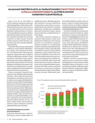 30 T&Y talous ja yhteiskunta 4 | 2013
Uutta ei siis ole se, että SAK:n ja
STTK:n ohjelman mukaisesti puhutaan
ympäristöongelmien ratkaisemiseen täh-
täävästä liiketoiminnasta, mutta uutta on
se, että tämän puheen ja siitä seuraavien
käytännön tekojen painoarvo on kasva-
nut kansainvälisesti ja Suomessa. Nokian,
paperiteollisuuden ja kaivostoiminnan-
kin vaikeuksien keskellä yhä useammin
cleantech on nähty Suomen kannalta
erittäin lupaavana liiketoiminnan seg-
menttinä, jopa tulevaisuuden ykköspai-
nopistealueena.
Cleantech-liiketoiminnan määritelmät
vaihtelevat, mutta kaikkien lähtökohta-
na on ajatus, ettei cleantech ole toimi-
ala vaan pikemminkin liiketoiminnan
segmentti. Segmentti koostuu kahdesta
erilaisesta liiketoiminta-alueesta. Toisen
muodostaa suhteellisen kapea sektori,
joka koostuu suoranaisesti ympäristösuo-
jeluun liittyvistä tuotteista eli erilaisista
päästöjen ja jätteiden mittaamiseen, kä-
sittelemiseen, puhdistamiseen ja ympä-
ristön ennallistamiseen/parantamiseen
liittyvistä laitteista ja palveluista.
Toinen ja suurempi cleantech-liike-
toiminnan alue läpäisee kaikki talouden
toimialat: siihen lasketaan kuuluvaksi
minkä tahansa toimialan prosessi, tavara
tai palvelu, joka ympäristönäkökohtien
kannalta tarjoaa kullakin hetkellä kilpai-
lukykyisesti selvästi parempia ratkaisuja
kuin muut vastaavaan tarkoitukseen tar-
koitetut tuotteet ja palvelut. Tähän aluee-
seen kuuluvat mm. energiatehokkuutta ja
uusiutuvaa energiaa edistävät laitteet tai
vaikkapa puhdas ruoka, kestävä kaivos-
toiminta ja ympäristöystävällinen mat-
kailu. Jotta jokin tuote kuuluisi kiistatta
cleantech-liiketoiminnan piiriin, sen
täytyy todella kuulua alansa parhaim-
mistoon tuotteen elinkaaren aikaisten
ympäristövaikutusten kannalta.
CLEANTECHIN SUURUUS JA KASVUN
VÄLTTÄMÄTTÖMYYS
Cleantech-liiketoiminnan määritte-
lystä seuraa, että sen tarkkaa kokoa on
mahdotonta mitata. Maailmaa jäsenne-
tään kuitenkin erityisesti poliittisissa
keskusteluissa numeroilla ja suuruus-
luokkia koskevilla väitteillä. Cleatechin
globaaleista markkinoista esitetäänkin
jatkuvasti monenlaisia lukuja. Samoin
Suomen tilanteesta on käytettävissä eri-
laisia lukuja.
Esimerkiksi Cleantech Finland on
tuottanut neljä katsausta. Niistä uusin
julkistettiin toukokuussa 2013. Katsaus
perustuu 115 suomalaisen cleantech-
yrityksen tietoihin ja 74 tärkeimmän
yrityksen edustajien puhelinhaastattelui-
hin. Katsauksen mukaan alan liikevaihto
on kehittynyt nopeasti vuoden 2008 18
miljardista eurosta vuoden 2013 enna-
koituun 26 miljardiin euroon (kuvio 1).
Alan liikevaihtoa dominoivat suuret yri-
tykset, joista kärjessä ovat sellaiset yri-
tykset kuin Wärtsilä, Metso, Neste Oil,
Outotec ja Kemira. Suurin osa liikevaih-
dosta tulee energiatehokkuuden paran-
tamiseen liittyvistä tuotteista, puhtaista
prosesseista, uusiutuvasta energiasta
sekä jätehuollosta. Pääosa liikevaihdos-
ta syntyy viennistä. Tärkeimmät mark-
kinat tällä hetkellä ovat Saksa, Kiina ja
Ruotsi. Jatkossa yrityksiä kiinnostavat
erityisesti Kiinan ja Venäjän markkinat
(Cleantech Finland ja Pohjoisran-
ta Burson-Marsteller 2013).
Cleantech Finlandin luvut perustuvat
yrityksiltä saatuihin lukuihin ja niiden
perustana on yritysten omat cleantech-
kriteerit. Tilastokeskus (2012) arvioi
Suomen ympäristöliiketoiminnan lii-
kevaihdoksi vuonna 2011 12 miljardia
euroa, josta eniten syntyy metalliteolli-
suudessa. Muita tärkeitä aloja ovat kemi-
anteollisuus ja rakentaminen. Yrityksiä
alalla on noin 700. Tilastokeskuksen lu-
vut perustuvat suppeampiin toimiala- ja
tuotemäärityksiin. Niissä painottuvat
suoranaisesti ympäristönsuojeluun liit-
tyvät tuotteet ja palvelut.
Näinkin mitattuna cleantech-liike-
toiminnan arvo on erittäin suuri. Mutta
tärkeämpää kuin mitata oikein joitakin
täsmällisiä lukuja on kuitenkin se, että
ymmärtää ja sisäistää syvällisesti, miten
vahvasti vallitsevat megatrendit vääjää-
mättä luovat kasvavat globaalit markki-
nat cleantechille.
MAAILMAN VÄESTÖN KASVU JA VAURASTUMINEN SYNNYTTÄVÄT PÄÄSTÖJÄ
JA PULAA LUONNONVAROISTA JA SITEN KASVAVAT
MARKKINAT CLEANTECHILLE.
14631 14082 14553 16145
19186 20145
2949 2876
4646
5291
5451
5782
0
5000
10000
15000
20000
25000
30000
2008* 2009* 2010** 2011*** 2012*** 2013***
(ennuste)
MUUT CLEANTECH-YRITYKSET
10 SUURINTA YRITYSTÄ
Milj.euroa
17,6 17,0
18,2
21,4
24,6
25,6
Kuvio 1. Suomalaisten yritysten cleantech-liikevaihdon kehitys 2008-2013.
Liikevaihtoluvuissa ei ole mukana metsäteollisuutta eikä energiatuotantoa.
*2011 kysely (n=104); **2012 kysely (n=103); ***2013 kysely (n=115).
Lähde: Cleantech Finland & Pohjoisranta Burson-Marsteller 2013.
 