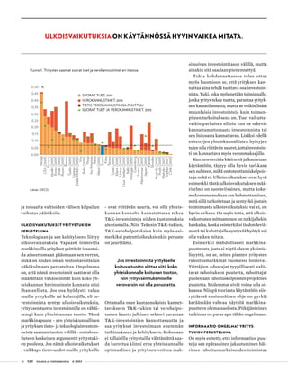 36 T&Y talous ja yhteiskunta 4 | 2013
Venäjä
USA(2009)
Slovenia
Itävalta(2009)
Korea(2009)
Israle.(2008)
Ruotsi(2009)
Ranska
Tsekki(2009)
Espanja(2009)
Etelä-Afrikka(2008)
Viro
Belia(2009)
Norja
Iso-Britannia
Saksa
Islanti(2008)
Suomi
Kiina
Tanska
Turkki(2009)
Irlanti.(2008)
Unkari(2009)
UusiSeelanti(2009)
Italia(2009)
Portugali(2009)
Luxemburg
Sveitsi(2008)
Alankomaat(2009)
Japani(2009)
Kanada
Slovakia
Australia(2009)
Puola(2009)
Meksiko(2007)
Kreikka(2007)
Chile(2008)
0,50
0,45
0,40
0,35
0,30
0,25
0,20
0,15
0,10
0,05
0,00
SUORAT TUET, 2010
VEROKANNUSTIMET, 2010
TIETO VEROKANNUSTIMISA PUUTTUU
SUORAT TUET JA VEROKANNUSTIMET, 2005
%
ja toisaalta valtioiden välisen kilpailun
vaikutus päätöksiin.
ULKOISVAIKUTUKSET YRITYSTUKIEN
PERUSTELUNA
Teknologiaan ja sen kehitykseen liittyy
ulkoisvaikutuksia. Vapaasti toimivilla
markkinoilla yritykset yrittävät investoi-
da aineettomaan pääomaan sen verran,
mikä on niiden oman voitontavoittelun
näkökulmasta perusteltua. Ongelmana
on, että nämä investoinnit saattavat olla
määrältään vähäisemmät kuin koko yh-
teiskunnan hyvinvoinnin kannalta olisi
ihanteellista. Jos osa hyödystä valuu
muille yrityksille tai kuluttajille, eli in-
vestoinnista syntyy ulkoisvaikutuksia,
yrityksen tuotto investoinnille on vähäi-
sempi kuin yhteiskunnan tuotto. Tämä
markkinapuute - ero yhteiskunnallisen
ja yrityksen tieto- ja teknologiainvestoin-
neista saaman tuoton välillä - on talous-
tieteen keskeinen argumentti yritystuki-
en puolesta. Jos nämä ulkoisvaikutukset
- vaikkapa tietovuodot muille yrityksille
- ovat riittävän suuria, voi olla yhteis-
kunnan kannalta kannatettavaa tukea
T&K-investointeja niiden kustannuksia
alentamalla. Niin Tekesin T&K-tukien,
T&K-verohelpotuksien kuin myös esi-
merkiksi patenttioikeuksienkin peruste
on juuri tämä.
Jos investoinnista yritykselle
koituva tuotto alittaa siitä koko
yhteiskunnalle koituvan tuoton,
niin yrityksen tukemiselle
verovaroin voi olla perustetta.
Ottamalla osan kustannuksista kannet-
tavakseen T&K-tukien tai verohelpo-
tusten kautta julkinen sektori parantaa
T&K-investointien kannattavuutta ja
saa yritykset investoimaan enemmän
tutkimukseen ja kehitykseen. Kokonaan
ei tällaisilla yritystuilla välttämättä saa-
da kurottua kiinni eroa yhteiskunnalle
optimaalisen ja yrityksen voittoa mak-
simoivan investointitason välillä, mutta
ainakin sitä saadaan pienennettyä.
Tukia kohdennettaessa tulee ottaa
myös huomioon se, että yrityksen kan-
nattaa aina tehdä tuottava osa investoin-
nista. Tuki, joka myönnetään toiminnalle,
jonka yritys tekee tuetta, parantaa yrityk-
sen kassatilannetta, mutta se voikin lisätä
muunlaisia investointeja kuin toimen-
piteen tarkoituksena on. Tuet vaikutta-
vatkin parhaiten silloin kun ne tekevät
kannattamattomasta investoinnista tai
sen lisäosasta kannattavan. Lisäksi edellä
esitettyjen yhteiskunnallisten hyötyjen
tulee olla riittävän suuret, jotta investoin-
ti on kannattava myös veronmaksajille.
Kun teoreettisia käsitteitä jalkautetaan
käytäntöön, täytyy olla hyvin tarkkana
sen suhteen, mikä on toteuttamiskelpois-
ta ja mikä ei. Ulkoisvaikutukset ovat hyvä
esimerkki tästä: ulkoisvaikutuksen mää-
ritelmä on suoraviivainen, mutta koke-
muksemme mukaan sen hahmottaminen,
mitä sillä tarkoitetaan ja syntyykö jostain
toiminnasta ulkoisvaikutuksia vai ei, on
hyvin vaikeaa. On myös totta, että ulkois-
vaikutusten mittaaminen on tutkijallekin
hankalaa, koska esimerkiksi tiedon leviä-
mistä tai kuluttajalle syntyvää hyötyä voi
olla vaikea mitata.
Esimerkki mahdollisesti markkina-
puutteesta, josta ei näytä olevan yksimie-
lisyyttä, on se, miten pienten yritysten
rahoitusmarkkinat Suomessa toimivat.
Yrittäjien edustajat tyypillisesti valit-
tavat rahoituksen puutetta, rahoittajat
puolestaan rahoituskelpoisten projektien
puutetta. Molemmat eivät voine olla oi-
keassa. Niinpä teoriasta käytäntöön siir-
ryttäessä ensimmäinen ohje on pyrkiä
keräämään vahvaa näyttöä markkina-
puutteen olemassaolosta. Pitkäjänteinen
tutkimus on paras apu tähän ongelmaan.
INFORMAATIO-ONGELMAT YRITYS-
TUKIEN PERUSTELUNA
On myös esitetty, että informaation puu-
te ja sen epätasainen jakautuminen häi-
ritsee rahoitusmarkkinoiden toimintaa
ULKOISVAIKUTUKSIA ON KÄYTÄNNÖSSÄ HYVIN VAIKEA MITATA.
Kuvio 1. Yritysten saamat suorat tuet ja verokannustimet eri maissa.
Lähde: OECD.
 
