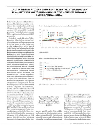  T&Y talous ja yhteiskunta 4 | 2013 05
Nokia kuuluu, Suomen tehdasteollisuu-
den nimellinen jalostusarvo, mikä on kä-
sitteenä lähes sama kuin kansantalouden
tilinpidon arvonlisäys, olisi supistunut
vuodesta 2008 vuoteen 2012 runsaat 13
prosenttia. Viestintälaitesektori mukaan
lukien supistuminen kuitenkin ylsi 25,5
prosenttiin.
On tärkeää ymmärtää, miten Nokia-
konsernin liiketoiminta otetaan huo-
mioon Suomen teollisuustuotannossa
ja bkt:ssa. Suomi on ollut Nokia-kon-
sernin keskuspaikka, minkä vuoksi
Nokia-Suomi on laskennallisesi koko
konsernin tilinpidon jäännöserä. Hyvän
kirjanpitotavan mukaan Nokia-konsernin
keskuspaikka ostaa yhtiön ulkomaisten
toimipaikkojen palvelut (esimerkiksi pu-
helimien kokoonpanon) markkinahintaa
vastaavin siirtohinnoin. Keskuspaikalle
laskettu jalostusarvo (tai arvonlisäys)
pyrkii tuolloin heilumaan koko konser-
nin kannattavuuden mukaan kahdesta
syystä. Ensinnäkin osa kustannuksista
on luonteeltaan kiinteitä niin, että ne
eivät muutu samassa suhteessa kuin
tuotantomäärät. Toiseksi lopputuot-
teen hinta ei välttämättä muutu samal-
la tavalla kuin välituotteiden hinta tai
kustannustaso konsernin keskuspaikan
ulkopuolisissa toimipaikoissa. Nokian
Suomen jalostusarvolaskelmassa tämä
asetelma näkyy niin, että erään ”aine-,
tarvike- ja tavaraostot” on kasattu aidot
välituoteostot ja ostot konsernin muilta
toimipaikoilta.3
Tämä erä onkin Suomen
viestintälaitetoimialalla noin kymmen-
kertainen suhteessa Suomessa makset-
tuihin työvoimakustannuksiin. Tämä on
täysin poikkeuksellista verrattuna Suo-
men teollisuuden muihin toimialoihin.
2000-luvun alkuvuosina aina vuoteen
2007 saakka Nokian poikkeuksellisen
hyvä kannattavuus paisutti Nokia-Suo-
men jalostusarvoa (kuvio 5). Niinpä Suo-
men viestintälaitetoimialan jalostusarvo
oli vuonna 2007 nelinkertainen ja vielä
vuonna 2008 2,7-kertainen suhteessa
Suomen työvoimakustannuksiin. Vas-
taavantyyppisillä muilla elektroniikka-
teollisuuden tai sähkölaitteiden valmis-
tuksen toimialoilla, joilla ei toimi suuria
kotimaisia konserneja ja joilla suurimmat
toimipaikat ovat ulkomaisessa omistuk-
sessa, jalostusarvon suhde työvoimakus-
tannuksiin on keskimäärin noin 1,2-1,9
-kertainen.
Karkean arvion mukaan Suomen kes-
kuspaikka-asema Nokia-konsernissa
kasvatti Suomen bkt:ta vuonna 2000
jopa runsaat 3 prosenttia yli ”normaalin”.
Vielä vuonna 2007 tuo bkt-vaikutus oli
noin 2,7 prosenttiyksikköä. Vasta vuosi-
na 2009 ja 2010 Suomen keskuspaikka-
aseman tuoma vaikutus alkoi kadota, kun
Nokian kannattavuus heikentyi jyrkästi.
Aivan viime vuosina tämä vaikutus muut-
…MUTTA VIENTIHINTOJEN HEIKON KEHITYKSEN TAKIA TEOLLISUUDEN
REAALISET YKSIKKÖTYÖKUSTANNUKSET OVAT NOUSSEET ENEMMÄN
KUIN KILPAILIJAMAISSA.
Kuvio 5. Nokian arvonlisäys, milj. euroa.
Lähde: Tilastokeskus, Palkansaajien tutkimuslaitos.
0
1000
2000
3000
4000
5000
6000
7000
8000
9000
1975 1978 1981 1984 1987 1990 1993 1996 1999 2002 2005 2008 2011
TOTEUTUNUT ARVONLISÄYS
ARVONLISÄYS NOKIAN KUVITTEELLISESSA
TYTÄRYHTIÖTALOUDESSA
Milj. euroa
Kuvio 4. Reaaliset yksikkötyökustannukset tehdasteollisuudessa 2000-2012.
Lähde: AMECO.
80
90
100
110
120
130
140
2000 2001 2002 2003 2004 2005 2006 2007 2008 2009 2010 2011 2012
TANSKA SAKSA
RANSKA ITALIA
SUOMI RUOTSI
UK
2000 = 100
Suomen keskuspaikka-asema
Nokia-konsernissa kasvatti
bkt:ta yli ”normaalin”, kunnes
Nokian kannattavuus heikkeni
jyrkästi.
 