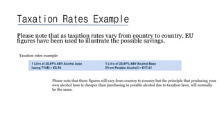 Taxation Rates Example
Please note that as taxation rates vary from country to country, EU
figures have been used to illustrate the possible savings.
Taxation rates example:
Please note that these figures will vary from country to country but the principle that producing your
own alcohol base is cheaper than purchasing in potable alcohol due to taxation laws, will normally
be the same.
 