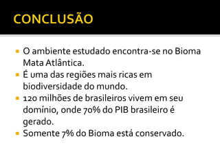  O ambiente estudado encontra-se no Bioma
MataAtlântica.
 É uma das regiões mais ricas em
biodiversidade do mundo.
 120 milhões de brasileiros vivem em seu
domínio, onde 70% do PIB brasileiro é
gerado.
 Somente 7% do Bioma está conservado.
 