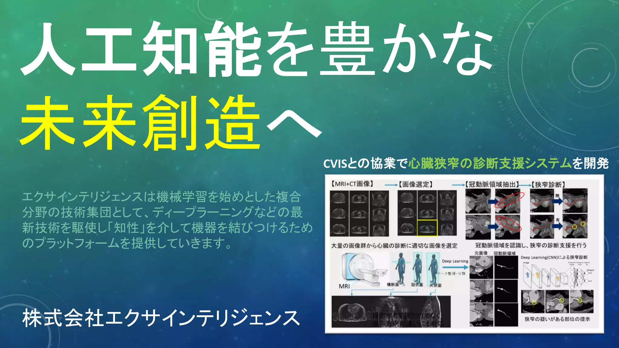 エクサインテリジェンスは機械学習を始めとした複合
分野の技術集団として、ディープラーニングなどの最
新技術を駆使し「知性」を介して機器を結びつけるため
のプラットフォームを提供していきます。
人工知能を豊かな
未来創造へ
株式会社エクサインテリジェンス
CVISとの協業で心臓狭窄の診断支援システムを開発
 
