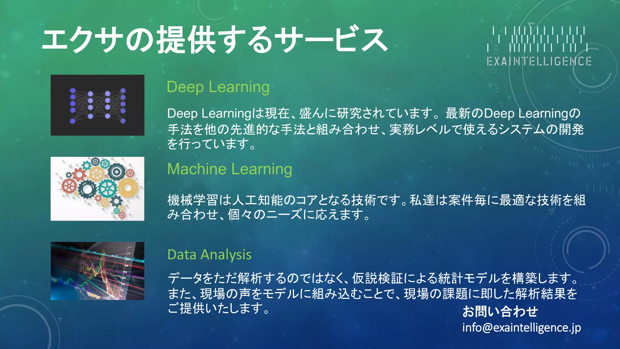 お問い合わせ
info@exaintelligence.jp
Deep Learningは現在、盛んに研究されています。 最新のDeep Learningの
手法を他の先進的な手法と組み合わせ、実務レベルで使えるシステムの開発
を行っています。
機械学習は人工知能のコアとなる技術です。私達は案件毎に最適な技術を組
み合わせ、個々のニーズに応えます。
データをただ解析するのではなく、仮説検証による統計モデルを構築します。
また、現場の声をモデルに組み込むことで、現場の課題に即した解析結果を
ご提供いたします。
エクサの提供するサービス
Deep Learning
Machine Learning
Data Analysis
 