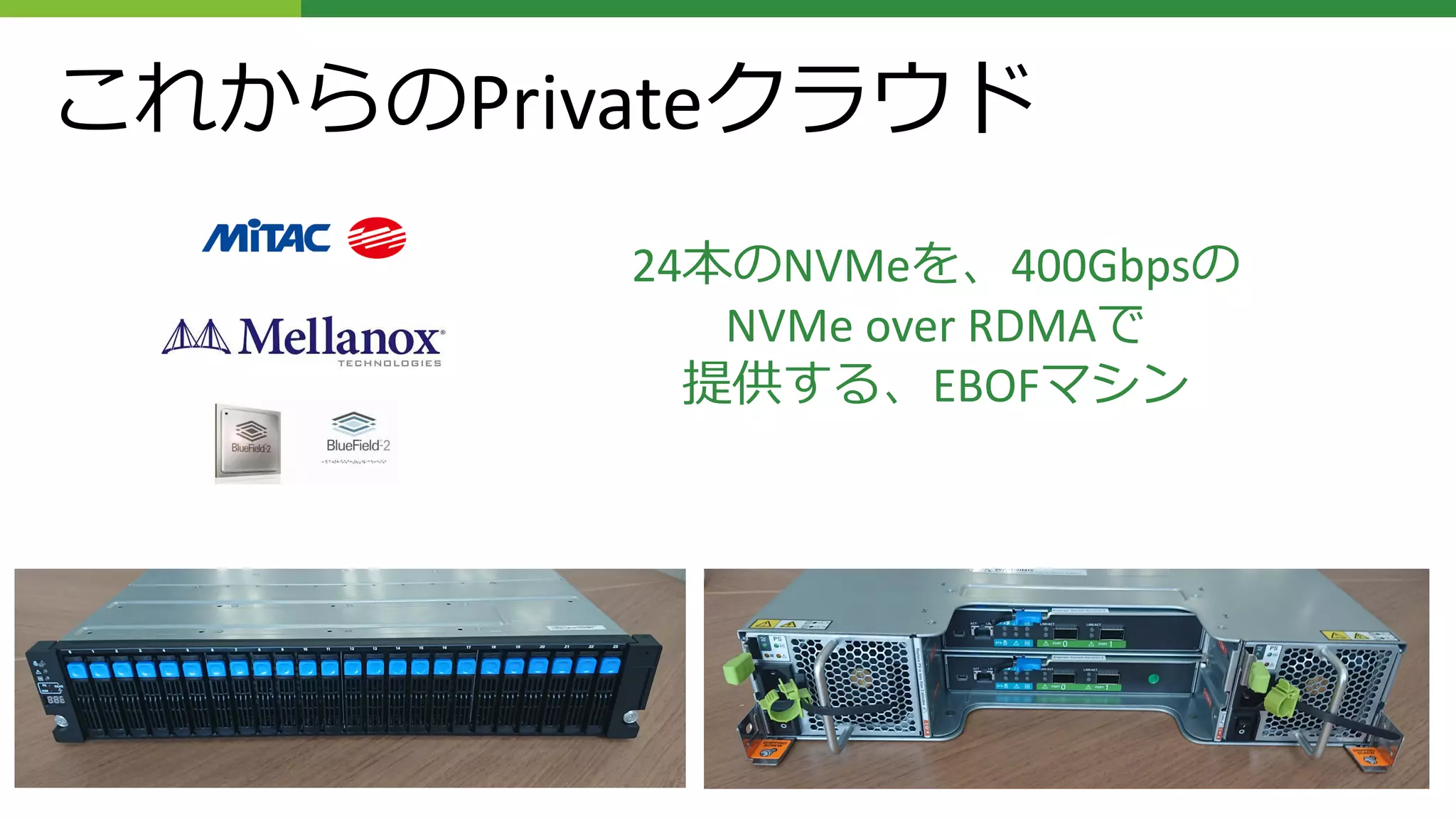 これからのPrivateクラウド
24本のNVMeを、400Gbpsの
NVMe over RDMAで
提供する、EBOFマシン
 