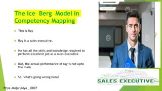 The Ice Berg Model In
Competency Mapping
 This is Ray
 Ray is a sales executive.
 He has all the skills and knowledge required to
perform excellent job as a sales executive
 But, the actual performance of ray is not upto
the mark
 So, what's going wrong here?
Priya Janjarukiya _ D037
 