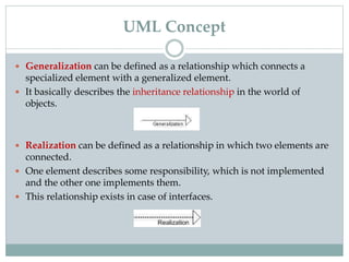  Generalization can be defined as a relationship which connects a
specialized element with a generalized element.
 It basically describes the inheritance relationship in the world of
objects.
 Realization can be defined as a relationship in which two elements are
connected.
 One element describes some responsibility, which is not implemented
and the other one implements them.
 This relationship exists in case of interfaces.
UML Concept
 