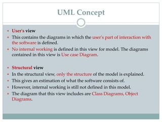  User's view
 This contains the diagrams in which the user's part of interaction with
the software is defined.
 No internal working is defined in this view for model. The diagrams
contained in this view is Use case Diagram.
 Structural view
 In the structural view, only the structure of the model is explained.
 This gives an estimation of what the software consists of.
 However, internal working is still not defined in this model.
 The diagram that this view includes are Class Diagrams, Object
Diagrams.
UML Concept
 