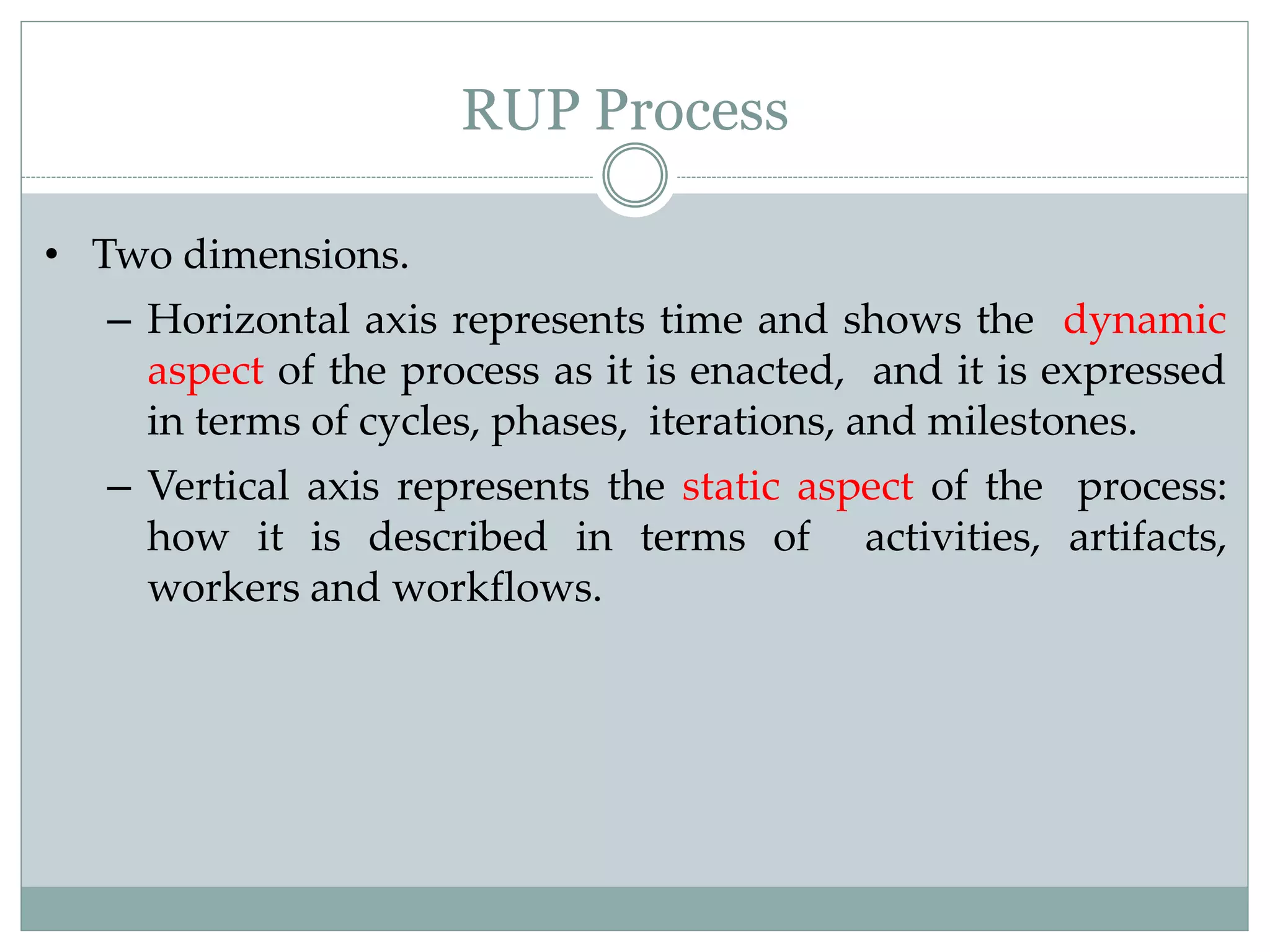 RUP Process
• Two dimensions.
– Horizontal axis represents time and shows the dynamic
aspect of the process as it is enacted, and it is expressed
in terms of cycles, phases, iterations, and milestones.
– Vertical axis represents the static aspect of the process:
how it is described in terms of activities, artifacts,
workers and workflows.
 