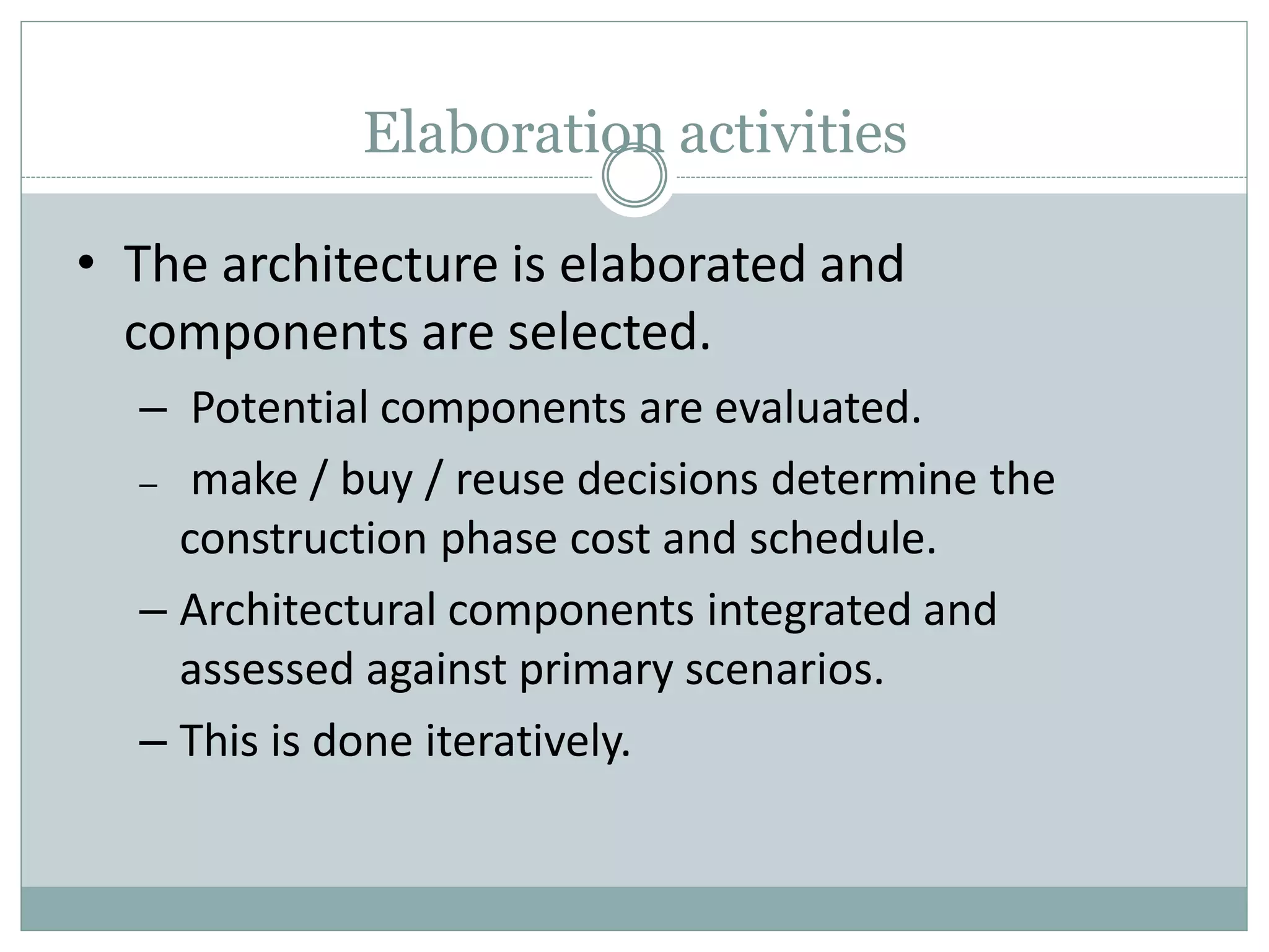 Elaboration activities
• The architecture is elaborated and
components are selected.
– Potential components are evaluated.
– make / buy / reuse decisions determine the
construction phase cost and schedule.
– Architectural components integrated and
assessed against primary scenarios.
– This is done iteratively.
 