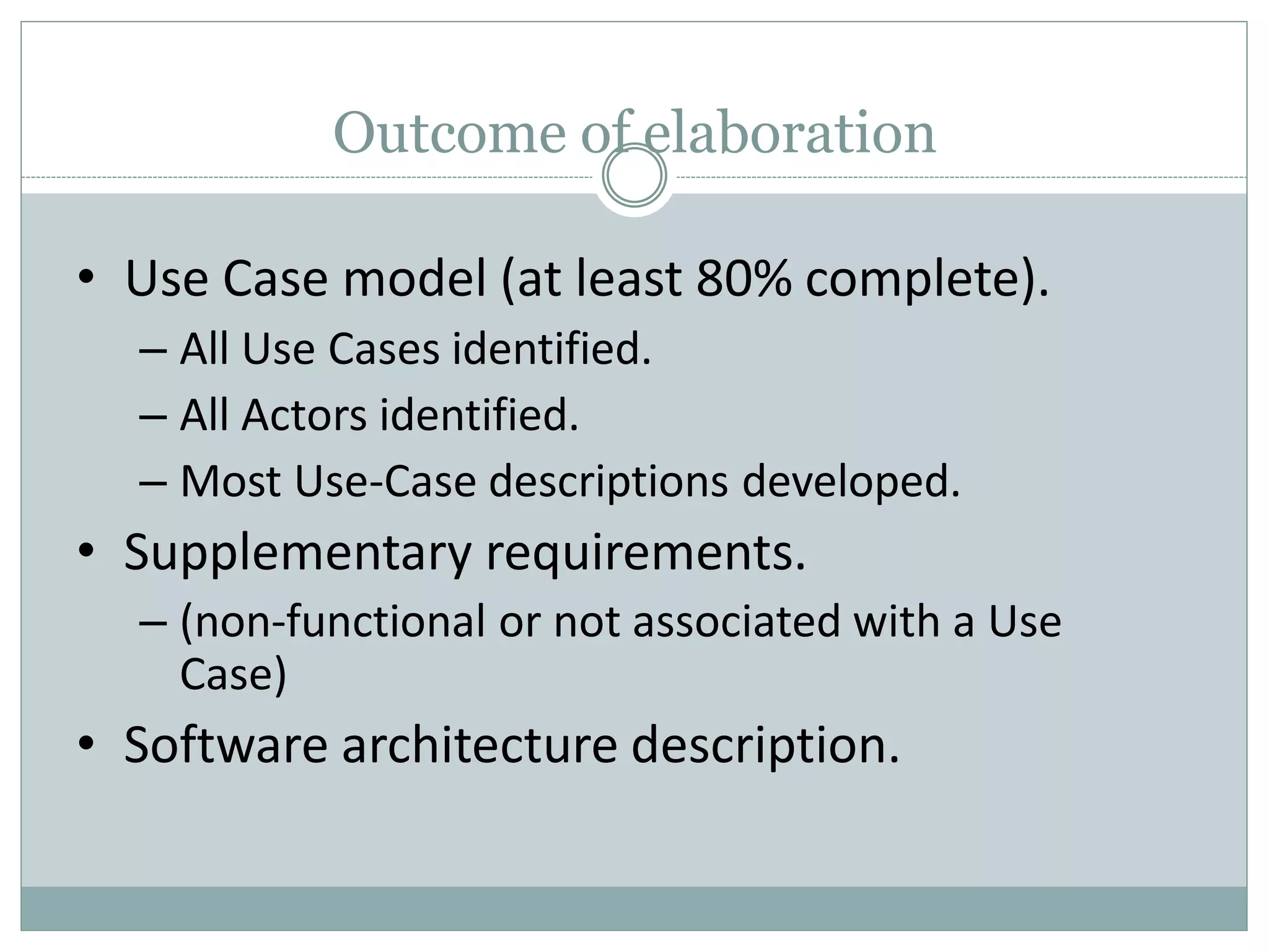 Outcome of elaboration
• Use Case model (at least 80% complete).
– All Use Cases identified.
– All Actors identified.
– Most Use-Case descriptions developed.
• Supplementary requirements.
– (non-functional or not associated with a Use
Case)
• Software architecture description.
 