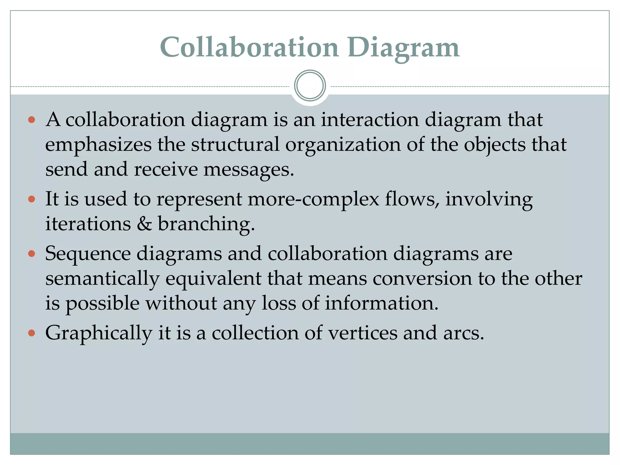 Collaboration Diagram
 A collaboration diagram is an interaction diagram that
emphasizes the structural organization of the objects that
send and receive messages.
 It is used to represent more-complex flows, involving
iterations & branching.
 Sequence diagrams and collaboration diagrams are
semantically equivalent that means conversion to the other
is possible without any loss of information.
 Graphically it is a collection of vertices and arcs.
 