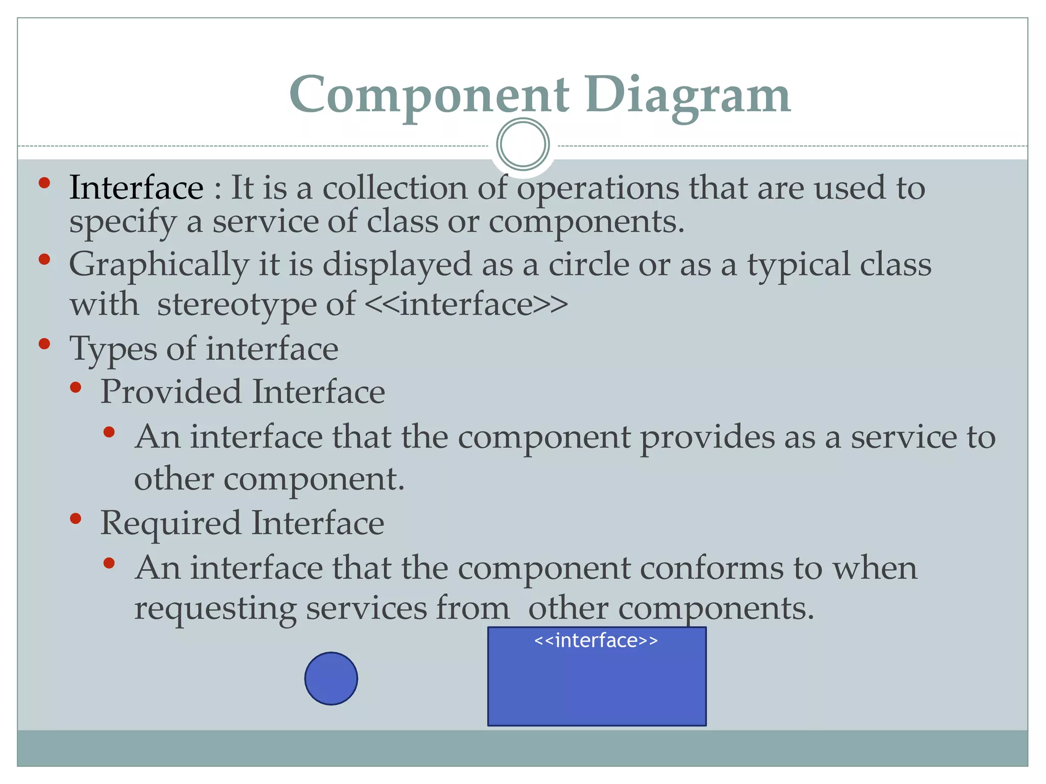• Interface : It is a collection of operations that are used to
specify a service of class or components.
• Graphically it is displayed as a circle or as a typical class
with stereotype of <<interface>>
• Types of interface
• Provided Interface
• An interface that the component provides as a service to
other component.
• Required Interface
• An interface that the component conforms to when
requesting services from other components.
<<interface>>
Component Diagram
 