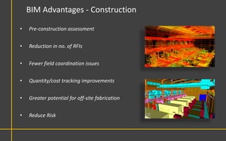 BIM Advantages - Construction

•   Pre-construction assessment


•   Reduction in no. of RFIs


•   Fewer field coordination issues


•   Quantity/cost tracking improvements


•   Greater potential for off-site fabrication


•   Reduce Risk
 