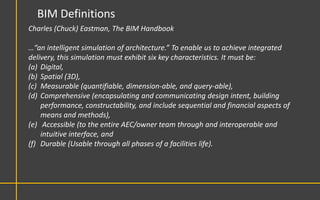 BIM Definitions
Charles (Chuck) Eastman, The BIM Handbook

…“an intelligent simulation of architecture.” To enable us to achieve integrated
delivery, this simulation must exhibit six key characteristics. It must be:
(a) Digital,
(b) Spatial (3D),
(c) Measurable (quantifiable, dimension-able, and query-able),
(d) Comprehensive (encapsulating and communicating design intent, building
    performance, constructability, and include sequential and financial aspects of
    means and methods),
(e) Accessible (to the entire AEC/owner team through and interoperable and
    intuitive interface, and
(f) Durable (Usable through all phases of a facilities life).
 