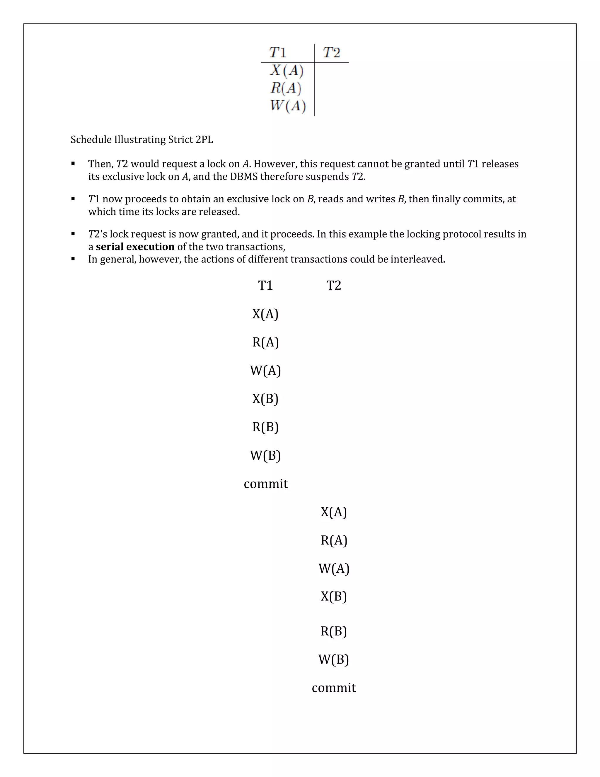Schedule Illustrating Strict 2PL
 Then, T2 would request a lock on A. However, this request cannot be granted until T1 releases
its exclusive lock on A, and the DBMS therefore suspends T2.
 T1 now proceeds to obtain an exclusive lock on B, reads and writes B, then finally commits, at
which time its locks are released.
 T2's lock request is now granted, and it proceeds. In this example the locking protocol results in
a serial execution of the two transactions,
 In general, however, the actions of different transactions could be interleaved.
T1 T2
X(A)
R(A)
W(A)
X(B)
R(B)
W(B)
commit
X(A)
R(A)
W(A)
X(B)
R(B)
W(B)
commit
 
