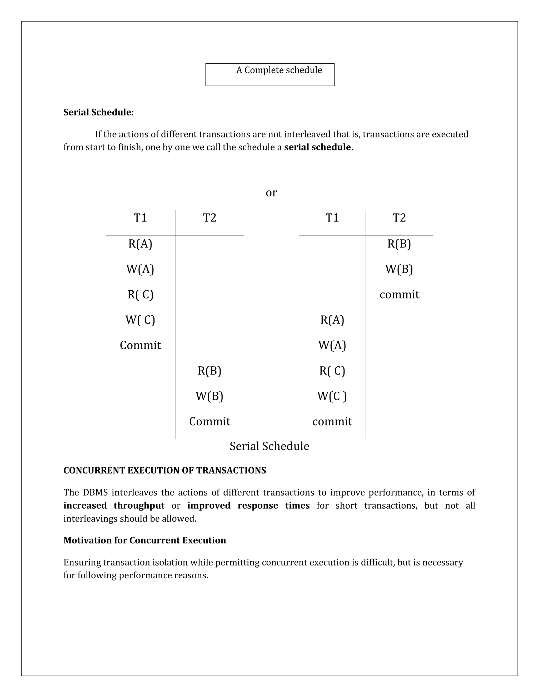 Serial Schedule:
If the actions of different transactions are not interleaved that is, transactions are executed
from start to finish, one by one we call the schedule a serial schedule.
or
T1 T2 T1 T2
R(A) R(B)
W(A) W(B)
R( C) commit
W( C) R(A)
Commit W(A)
R(B) R( C)
W(B) W(C )
Commit commit
Serial Schedule
CONCURRENT EXECUTION OF TRANSACTIONS
The DBMS interleaves the actions of different transactions to improve performance, in terms of
increased throughput or improved response times for short transactions, but not all
interleavings should be allowed.
Motivation for Concurrent Execution
Ensuring transaction isolation while permitting concurrent execution is difficult, but is necessary
for following performance reasons.
A Complete schedule
 