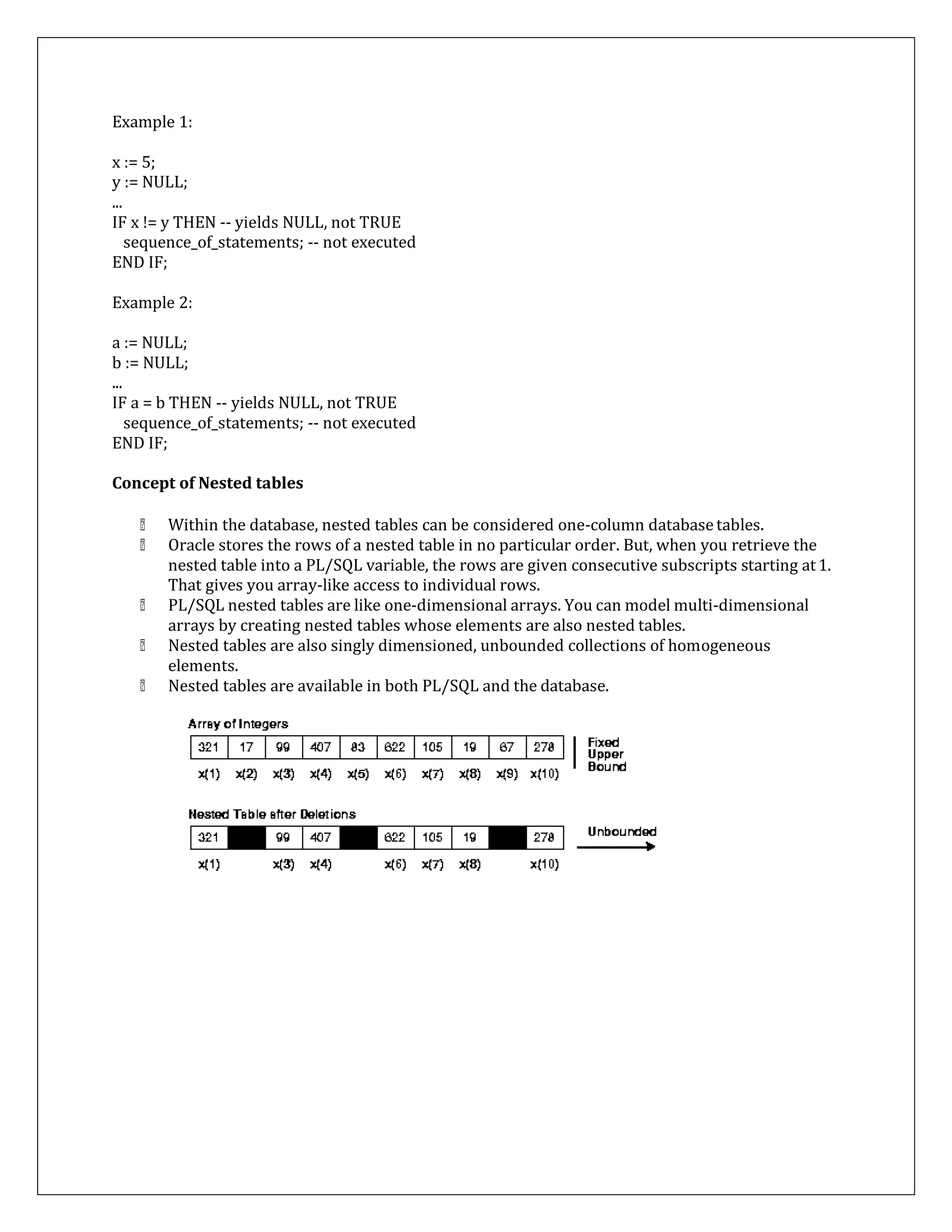 Example 1:
x := 5;
y := NULL;
...
IF x != y THEN -- yields NULL, not TRUE
sequence_of_statements; -- not executed
END IF;
Example 2:
a := NULL;
b := NULL;
...
IF a = b THEN -- yields NULL, not TRUE
sequence_of_statements; -- not executed
END IF;
Concept of Nested tables
Within the database, nested tables can be considered one-column databasetables.
Oracle stores the rows of a nested table in no particular order. But, when you retrieve the
nested table into a PL/SQL variable, the rows are given consecutive subscripts starting at1.
That gives you array-like access to individual rows.
PL/SQL nested tables are like one-dimensional arrays. You can model multi-dimensional
arrays by creating nested tables whose elements are also nested tables.
Nested tables are also singly dimensioned, unbounded collections of homogeneous
elements.
Nested tables are available in both PL/SQL and the database.

 