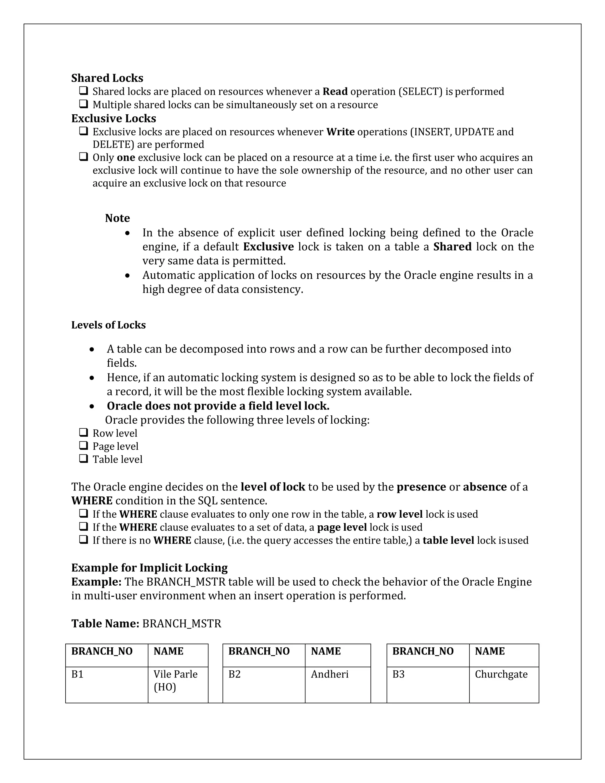 Shared Locks
 Shared locks are placed on resources whenever a Read operation (SELECT) isperformed
 Multiple shared locks can be simultaneously set on a resource
Exclusive Locks
 Exclusive locks are placed on resources whenever Write operations (INSERT, UPDATE and
DELETE) are performed
 Only one exclusive lock can be placed on a resource at a time i.e. the first user who acquires an
exclusive lock will continue to have the sole ownership of the resource, and no other user can
acquire an exclusive lock on that resource
Note
 In the absence of explicit user defined locking being defined to the Oracle
engine, if a default Exclusive lock is taken on a table a Shared lock on the
very same data is permitted.
 Automatic application of locks on resources by the Oracle engine results in a
high degree of data consistency.
Levels of Locks
 A table can be decomposed into rows and a row can be further decomposed into
fields.
 Hence, if an automatic locking system is designed so as to be able to lock the fields of
a record, it will be the most flexible locking system available.
 Oracle does not provide a field level lock.
Oracle provides the following three levels of locking:
 Row level
 Page level
 Table level
The Oracle engine decides on the level of lock to be used by the presence or absence of a
WHERE condition in the SQL sentence.
 If the WHERE clause evaluates to only one row in the table, a row level lock is used
 If the WHERE clause evaluates to a set of data, a page level lock is used
 If there is no WHERE clause, (i.e. the query accesses the entire table,) a table level lock isused
Example for Implicit Locking
Example: The BRANCH_MSTR table will be used to check the behavior of the Oracle Engine
in multi-user environment when an insert operation is performed.
Table Name: BRANCH_MSTR
BRANCH_NO NAME BRANCH_NO NAME BRANCH_NO NAME
B1 Vile Parle
(HO)
B2 Andheri B3 Churchgate
 